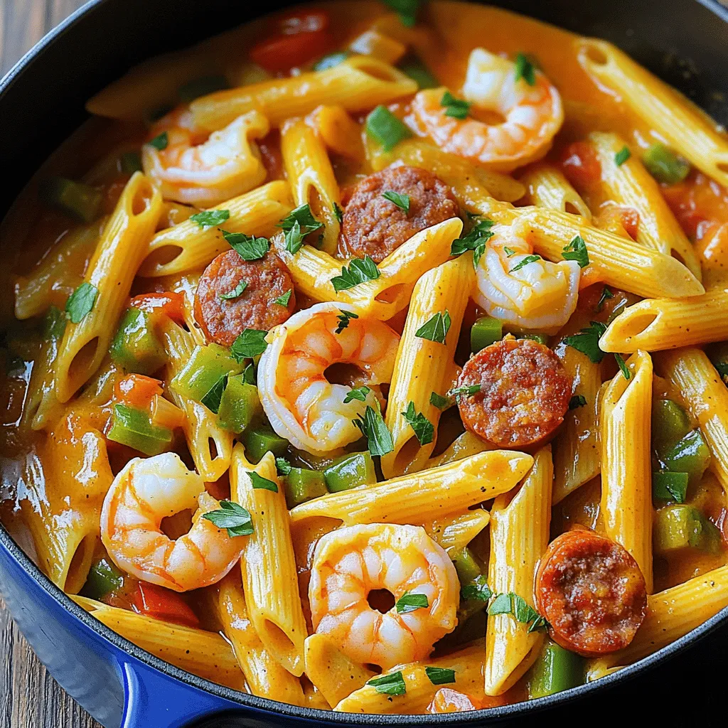 To make One-Pot Cajun Jambalaya Pasta, gather these ingredients: - 12 oz penne pasta - 1 tablespoon olive oil - 1 medium onion, finely diced - 1 bell pepper (red or green), diced - 2 cloves garlic, minced - 1 cup diced tomatoes (fresh or canned) - 1 cup chicken broth (low sodium recommended) - 1 cup heavy cream - 1 ½ teaspoons Cajun seasoning - 1 teaspoon smoked paprika - 1 cup cooked shrimp, peeled and deveined - 1 cup andouille sausage, sliced - 1 cup okra, sliced (can use fresh or frozen) - 2 green onions, thinly sliced (for garnish) - 1 tablespoon fresh parsley, chopped (for garnish) - Salt and pepper, to taste Using good-quality ingredients makes a big difference. I recommend: - Pasta: Barilla is a solid choice for penne pasta. - Olive Oil: Extra virgin olive oil adds great flavor. Look for brands like California Olive Ranch. - Cajun Seasoning: Tony Chachere's is a popular brand. It packs a lot of flavor. - Shrimp: Wild-caught shrimp often taste better than farmed. Look for shrimp that is fresh or frozen. Always check labels for freshness and quality. Fresh vegetables bring out the best in the dish. If you don’t have all the ingredients, here are some easy swaps: - Pasta: Any short pasta works, like rotini or fusilli. - Andouille Sausage: You can use kielbasa or turkey sausage for a lighter option. - Shrimp: Replace with chicken breast, cut into small pieces. - Okra: If you can't find okra, use diced zucchini or bell peppers instead. - Heavy Cream: Substitute with half-and-half for a lighter sauce. These swaps keep the dish tasty and fun to make! Start by gathering all your ingredients. You need 12 ounces of penne pasta, olive oil, onion, bell pepper, garlic, diced tomatoes, chicken broth, heavy cream, Cajun seasoning, smoked paprika, shrimp, andouille sausage, okra, green onions, and parsley. Chop the onion, bell pepper, and garlic. Slice the sausage and okra if needed. This will make cooking easier. 1. Heat one tablespoon of olive oil in a large pot over medium heat. Wait until it shimmers. 2. Add the chopped onion and bell pepper. Sauté for about 3-4 minutes until they soften and turn clear. 3. Stir in the minced garlic. Cook for one more minute. This will add a great aroma. 4. Next, pour in the diced tomatoes, chicken broth, and heavy cream. Mix in the Cajun seasoning and smoked paprika. 5. Bring the mixture to a gentle simmer. Once it bubbles, add the penne pasta. Stir well to coat it in the sauce. 6. Lower the heat and cover the pot. Cook for 12-15 minutes, stirring occasionally. The pasta will absorb the sauce and get tender. 7. After 12-15 minutes, remove the lid. Fold in the cooked shrimp, sliced sausage, and okra. Cook for another 3-5 minutes until everything is hot. 8. Taste the dish and add salt and pepper as needed. 9. Turn off the heat and let it sit for a few minutes. This helps the sauce thicken. 10. Serve hot in bowls. Garnish with sliced green onions and parsley for a fresh touch. To get the best pasta, follow these tips: - Stir the pasta often while it cooks. This helps it not stick. - Cook the pasta until it is just al dente. It will keep cooking in the sauce. - If the sauce gets too thick, add a splash of chicken broth or water. - Let it rest after cooking. This will improve the consistency. These steps will help you create a delicious one-pot Cajun jambalaya pasta that everyone will enjoy! To boost the flavor of your One-Pot Cajun Jambalaya Pasta, start with fresh ingredients. Use ripe, juicy tomatoes and high-quality Cajun seasoning. When you sauté the onion and bell pepper, let them cook until they are soft and sweet. This adds a rich base. You can also add a splash of hot sauce to give it a kick. For extra depth, try using homemade chicken broth instead of store-bought. It makes a big difference! One common mistake is not stirring the pasta enough while it cooks. If you don’t stir, the pasta can stick to the bottom. Also, be careful not to overcook the shrimp. They cook quickly and can turn tough. Lastly, don’t skip the resting time before serving. Letting the dish sit for a few minutes helps it thicken and lets the flavors blend. For this recipe, a large pot or Dutch oven is best. It helps cook the pasta evenly. You’ll also need a good knife for chopping the veggies. A wooden spoon is great for stirring, as it won’t scratch your pot. Finally, have measuring cups and spoons on hand to keep your ingredients precise. These tools will help you create a perfect One-Pot Cajun Jambalaya Pasta. {{image_4}} You can easily make this jambalaya pasta vegetarian or vegan. Start by swapping the shrimp and sausage with veggies. Use mushrooms, zucchini, or eggplant for great texture. For a vegan option, replace heavy cream with coconut milk or a cashew cream. Add more spices for extra flavor. You can also include beans like black beans or chickpeas for protein. If you want to change up the proteins, consider chicken or turkey. Both work well in this dish. You can also try plant-based sausage for a meat-free option. Just make sure to cook it according to the package instructions before adding it to the pot. This keeps the dish balanced and tasty. You can control the heat in your jambalaya pasta. For mild flavor, reduce the Cajun seasoning to one teaspoon. If you like it spicy, add more seasoning or a pinch of cayenne pepper. You can also toss in sliced jalapeños or red pepper flakes for an added kick. Taste as you go to find your perfect heat level. To keep your One-Pot Cajun Jambalaya Pasta fresh, store it in the fridge. Use an airtight container for the best results. Make sure to let it cool to room temperature before sealing it. This helps prevent moisture buildup. The dish will stay good for about 3 to 4 days in the fridge. If you think you won't finish it in that time, consider freezing it. When you're ready to enjoy leftovers, there are easy ways to reheat them. Use the microwave for quick heating. Place your pasta in a microwave-safe bowl. Add a splash of water or broth to keep it moist. Heat in short bursts, stirring in between, until heated through. You can also reheat on the stove. Just add the pasta to a pan over medium heat. Stir in a little broth or cream to bring back the creamy texture. Freezing Cajun Jambalaya Pasta is a great option for meal prep. First, cool the dish completely. Then, transfer it to a freezer-safe container. Make sure to leave some space at the top, as the pasta may expand when frozen. For best quality, eat it within 2 to 3 months. When you're ready to eat, thaw it in the fridge overnight. Reheat as mentioned above for a tasty meal that feels freshly made. Yes, you can use different types. Options like fusilli, farfalle, or even spaghetti work well. Just make sure to adjust the cooking time based on the pasta shape. Each type has its own time to cook. Penne holds the sauce well, but other shapes can add fun textures. To make this recipe gluten-free, use gluten-free pasta. Many brands offer great options that mimic regular pasta. You can also check the Cajun seasoning for gluten. Most are safe, but it’s wise to read labels. This way, everyone can enjoy the dish without worry. Cajun Jambalaya Pasta pairs well with a fresh green salad. A simple side salad with lemon vinaigrette complements the flavors nicely. You can also serve it with crusty bread to soak up the sauce. For drinks, try iced tea or a light beer. These options bring out the best in the dish. We explored the key ingredients for making Cajun Jambalaya Pasta, noting essential brands and tips. You learned how to prepare and cook it perfectly with simple steps. We shared tricks to enhance flavor and avoid common mistakes. Plus, you discovered fun variations like vegetarian adaptations. Lastly, I provided storage tips for leftovers and answered your questions. With these insights, you can create a delicious dish that satisfies everyone. Enjoy your cooking adventure!