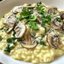 To make a tasty Mushroom Spinach Risotto, gather these items: - 1 cup Arborio rice - 4 cups vegetable broth - 1 cup mushrooms, sliced (choose cremini, button, or your favorite) - 2 cups fresh spinach, roughly chopped - 1 small onion, finely diced - 2 cloves garlic, minced - 1 tablespoon olive oil - 1 tablespoon unsalted butter - ½ cup grated Parmesan cheese (optional, for richness) - Salt and freshly cracked pepper to taste - Fresh parsley, chopped (for garnish, optional) If you don’t have a few ingredients, here are some swaps: - Arborio rice: You can use Carnaroli or Vialone Nano rice. - Vegetable broth: Chicken broth works fine if you want a non-vegetarian option. - Mushrooms: Any type of mushroom you like will work. Try shiitake or portobello. - Fresh spinach: Kale or Swiss chard are good substitutes. - Parmesan cheese: Nutritional yeast is a great vegan choice. This Mushroom Spinach Risotto is not only delicious but also offers good nutrition. Each serving has: - Calories: Approximately 300 (without cheese) - Protein: About 8g - Carbohydrates: Roughly 45g - Fat: Around 10g - Fiber: About 3g This meal is rich in vitamins and minerals, thanks to the spinach and mushrooms. It provides energy and keeps you full. Enjoy! Start by warming the vegetable broth. Use a medium saucepan and heat it over low heat. Keeping the broth warm helps the rice cook well. This step is key for a creamy risotto. In a large skillet, combine olive oil and unsalted butter. Heat them over medium heat. Once the butter melts and bubbles, add the finely diced onion. Cook it for about 3-4 minutes. The onion should turn soft and clear. This adds a sweet base flavor to your risotto. Next, add minced garlic and sliced mushrooms to the skillet. Stir the mixture occasionally for about 5-6 minutes. The mushrooms should soften and get a nice brown color. Once they look good, stir in the Arborio rice. Make sure each grain gets coated in the oil and butter. Cook for 2-3 minutes until the rice edges look slightly clear. Now, it’s time to add the warm vegetable broth. Use a ladle to scoop the broth and pour it into the rice. Stir it well until the rice absorbs most of the broth. Keep adding the broth one ladle at a time. This process should take about 18-20 minutes. The risotto should be creamy and the rice al dente when done. When the risotto is almost ready, fold in the chopped spinach. Let it wilt for about 2-3 minutes while stirring. This adds a pop of color and nutrition. If you like, stir in grated Parmesan cheese for extra flavor. Finally, season with salt and freshly cracked pepper to taste. Let the risotto rest for a couple of minutes before serving. To make the best risotto, keep these tips in mind: - Use Arborio rice: It has a high starch content. This gives risotto its creamy texture. - Warm your broth: Always keep the broth warm. It helps the rice cook evenly. - Stir often: Stirring helps release starch. This makes your risotto creamy. - Add broth slowly: Use one ladle at a time. Wait until the rice absorbs it before adding more. - Taste as you go: Check the rice for doneness. You want it al dente, or firm to the bite. Here are common mistakes you should avoid: - Using cold broth: This shocks the rice and slows cooking down. - Not stirring enough: If you don’t stir, the rice can stick and burn. - Adding too much broth at once: This can lead to watery risotto. Take your time with each ladle. - Overcooking the rice: This can make it mushy. Aim for that perfect al dente texture. Presentation matters in cooking. Here are some simple serving tips: - Use shallow bowls: This allows for a nice spread of risotto. - Garnish with parsley: A sprinkle of fresh parsley adds color and freshness. - Add more cheese: If you love cheese, don’t hold back! Extra Parmesan can enhance flavor. - Serve warm: Risotto is best enjoyed right after cooking. These tips will help you create a delicious and visually appealing Mushroom Spinach Risotto. Enjoy your cooking adventure! {{image_4}} To make a vegan version of mushroom spinach risotto, simply swap the butter and cheese. Use olive oil instead of butter. You can add a nut-based cheese or nutritional yeast for a cheesy flavor. This keeps your dish creamy and full of flavor without any animal products. For a gluten-free mushroom spinach risotto, stick with Arborio rice. It is naturally gluten-free. Just check your broth to ensure it has no gluten. This way, you can enjoy the same creamy texture without worry. You can mix in proteins or more veggies to make the dish heartier. Here are some ideas: - Proteins: Add cooked chicken, shrimp, or tofu. - Vegetables: Try peas, asparagus, or roasted bell peppers. - Herbs: Fresh basil or thyme can add a nice touch. - Nuts: Sprinkle some toasted pine nuts for crunch. Feel free to get creative! This risotto is great for experimenting with flavors and textures. To store leftover Mushroom Spinach Risotto, let it cool first. Place it in an airtight container. This will keep it fresh. You can store it in the fridge for up to three days. Make sure to label the container with the date. When you reheat risotto, add a splash of broth or water. This helps bring back creaminess. Heat it on the stove over low heat. Stir often to avoid sticking. You can also use the microwave. Just cover it to keep moisture in. Heat in short bursts until warm. You can freeze Mushroom Spinach Risotto, but it may change texture. To freeze, let it cool completely. Then, scoop portions into freezer bags. Squeeze out extra air before sealing. It will last up to three months in the freezer. When ready to eat, thaw overnight in the fridge before reheating. Mushroom Spinach Risotto stays good in the fridge for 3 to 5 days. Store it in an airtight container. Before you eat it, check for any off smells or changes in texture. If it looks fine, reheat it on the stove or in the microwave. Just add a bit of broth or water to keep it creamy. You can use regular rice, but the risotto will not be the same. Arborio rice has a higher starch content. This starch gives risotto its creamy texture. If you try regular rice, the dish may turn out less creamy and more like a soup. If you want to stick to the classic, Arborio is best. Mushroom Spinach Risotto pairs great with many dishes. Here are some ideas: - Grilled chicken or fish for protein. - A fresh salad with mixed greens for crunch. - Garlic bread or crusty bread for dipping. - Roasted vegetables for added flavor and color. These pairings enhance the meal and make it more filling. Enjoy experimenting! In this article, I covered how to make a delicious Mushroom Spinach Risotto. We discussed the ingredients you need, along with possible substitutions. I shared easy steps to cook the dish perfectly and included tips to avoid mistakes. I presented variations and storage options too, so you can enjoy your risotto later. Risotto is a versatile dish that can adapt to your tastes. Don’t hesitate to experiment and make it your own!