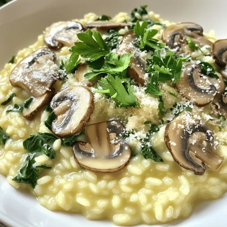 To make a tasty Mushroom Spinach Risotto, gather these items: - 1 cup Arborio rice - 4 cups vegetable broth - 1 cup mushrooms, sliced (choose cremini, button, or your favorite) - 2 cups fresh spinach, roughly chopped - 1 small onion, finely diced - 2 cloves garlic, minced - 1 tablespoon olive oil - 1 tablespoon unsalted butter - ½ cup grated Parmesan cheese (optional, for richness) - Salt and freshly cracked pepper to taste - Fresh parsley, chopped (for garnish, optional) If you don’t have a few ingredients, here are some swaps: - Arborio rice: You can use Carnaroli or Vialone Nano rice. - Vegetable broth: Chicken broth works fine if you want a non-vegetarian option. - Mushrooms: Any type of mushroom you like will work. Try shiitake or portobello. - Fresh spinach: Kale or Swiss chard are good substitutes. - Parmesan cheese: Nutritional yeast is a great vegan choice. This Mushroom Spinach Risotto is not only delicious but also offers good nutrition. Each serving has: - Calories: Approximately 300 (without cheese) - Protein: About 8g - Carbohydrates: Roughly 45g - Fat: Around 10g - Fiber: About 3g This meal is rich in vitamins and minerals, thanks to the spinach and mushrooms. It provides energy and keeps you full. Enjoy! Start by warming the vegetable broth. Use a medium saucepan and heat it over low heat. Keeping the broth warm helps the rice cook well. This step is key for a creamy risotto. In a large skillet, combine olive oil and unsalted butter. Heat them over medium heat. Once the butter melts and bubbles, add the finely diced onion. Cook it for about 3-4 minutes. The onion should turn soft and clear. This adds a sweet base flavor to your risotto. Next, add minced garlic and sliced mushrooms to the skillet. Stir the mixture occasionally for about 5-6 minutes. The mushrooms should soften and get a nice brown color. Once they look good, stir in the Arborio rice. Make sure each grain gets coated in the oil and butter. Cook for 2-3 minutes until the rice edges look slightly clear. Now, it’s time to add the warm vegetable broth. Use a ladle to scoop the broth and pour it into the rice. Stir it well until the rice absorbs most of the broth. Keep adding the broth one ladle at a time. This process should take about 18-20 minutes. The risotto should be creamy and the rice al dente when done. When the risotto is almost ready, fold in the chopped spinach. Let it wilt for about 2-3 minutes while stirring. This adds a pop of color and nutrition. If you like, stir in grated Parmesan cheese for extra flavor. Finally, season with salt and freshly cracked pepper to taste. Let the risotto rest for a couple of minutes before serving. To make the best risotto, keep these tips in mind: - Use Arborio rice: It has a high starch content. This gives risotto its creamy texture. - Warm your broth: Always keep the broth warm. It helps the rice cook evenly. - Stir often: Stirring helps release starch. This makes your risotto creamy. - Add broth slowly: Use one ladle at a time. Wait until the rice absorbs it before adding more. - Taste as you go: Check the rice for doneness. You want it al dente, or firm to the bite. Here are common mistakes you should avoid: - Using cold broth: This shocks the rice and slows cooking down. - Not stirring enough: If you don’t stir, the rice can stick and burn. - Adding too much broth at once: This can lead to watery risotto. Take your time with each ladle. - Overcooking the rice: This can make it mushy. Aim for that perfect al dente texture. Presentation matters in cooking. Here are some simple serving tips: - Use shallow bowls: This allows for a nice spread of risotto. - Garnish with parsley: A sprinkle of fresh parsley adds color and freshness. - Add more cheese: If you love cheese, don’t hold back! Extra Parmesan can enhance flavor. - Serve warm: Risotto is best enjoyed right after cooking. These tips will help you create a delicious and visually appealing Mushroom Spinach Risotto. Enjoy your cooking adventure! {{image_4}} To make a vegan version of mushroom spinach risotto, simply swap the butter and cheese. Use olive oil instead of butter. You can add a nut-based cheese or nutritional yeast for a cheesy flavor. This keeps your dish creamy and full of flavor without any animal products. For a gluten-free mushroom spinach risotto, stick with Arborio rice. It is naturally gluten-free. Just check your broth to ensure it has no gluten. This way, you can enjoy the same creamy texture without worry. You can mix in proteins or more veggies to make the dish heartier. Here are some ideas: - Proteins: Add cooked chicken, shrimp, or tofu. - Vegetables: Try peas, asparagus, or roasted bell peppers. - Herbs: Fresh basil or thyme can add a nice touch. - Nuts: Sprinkle some toasted pine nuts for crunch. Feel free to get creative! This risotto is great for experimenting with flavors and textures. To store leftover Mushroom Spinach Risotto, let it cool first. Place it in an airtight container. This will keep it fresh. You can store it in the fridge for up to three days. Make sure to label the container with the date. When you reheat risotto, add a splash of broth or water. This helps bring back creaminess. Heat it on the stove over low heat. Stir often to avoid sticking. You can also use the microwave. Just cover it to keep moisture in. Heat in short bursts until warm. You can freeze Mushroom Spinach Risotto, but it may change texture. To freeze, let it cool completely. Then, scoop portions into freezer bags. Squeeze out extra air before sealing. It will last up to three months in the freezer. When ready to eat, thaw overnight in the fridge before reheating. Mushroom Spinach Risotto stays good in the fridge for 3 to 5 days. Store it in an airtight container. Before you eat it, check for any off smells or changes in texture. If it looks fine, reheat it on the stove or in the microwave. Just add a bit of broth or water to keep it creamy. You can use regular rice, but the risotto will not be the same. Arborio rice has a higher starch content. This starch gives risotto its creamy texture. If you try regular rice, the dish may turn out less creamy and more like a soup. If you want to stick to the classic, Arborio is best. Mushroom Spinach Risotto pairs great with many dishes. Here are some ideas: - Grilled chicken or fish for protein. - A fresh salad with mixed greens for crunch. - Garlic bread or crusty bread for dipping. - Roasted vegetables for added flavor and color. These pairings enhance the meal and make it more filling. Enjoy experimenting! In this article, I covered how to make a delicious Mushroom Spinach Risotto. We discussed the ingredients you need, along with possible substitutions. I shared easy steps to cook the dish perfectly and included tips to avoid mistakes. I presented variations and storage options too, so you can enjoy your risotto later. Risotto is a versatile dish that can adapt to your tastes. Don’t hesitate to experiment and make it your own!
