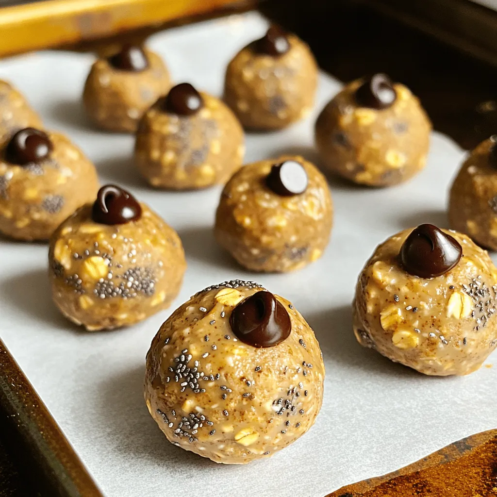 To make No-Bake Cookie Dough Protein Bites, gather these simple ingredients: - 1 cup rolled oats - ½ cup natural almond butter (or your favorite nut butter) - ¼ cup honey or maple syrup - ½ cup vanilla protein powder - ½ cup mini chocolate chips - 1 teaspoon vanilla extract - ¼ teaspoon salt - 2 tablespoons chia seeds (optional, for added nutrients) Each ingredient in these bites offers health benefits. Let's break it down: - Rolled oats: Oats provide fiber. This helps keep you full and aids digestion. - Almond butter: This nut butter adds protein and healthy fats. It also has vitamins and minerals. - Honey or maple syrup: These natural sweeteners give energy. They also add a touch of sweetness without refined sugars. - Vanilla protein powder: This boosts protein intake. It helps build muscle and supports recovery after workouts. - Mini chocolate chips: They add flavor and enjoyment without too many extra calories. - Chia seeds: These tiny seeds are packed with omega-3 fatty acids and fiber. They are optional but add great nutrients. If you have certain dietary needs, don’t worry! Here are some easy swaps: - Nut butter: If you have nut allergies, use sunflower seed butter. It has a similar texture. - Sweeteners: You can replace honey with agave syrup for a vegan option. - Protein powder: If you prefer plant-based protein, use a vegan protein powder. - Chia seeds: If you don’t have chia seeds, you can skip them. They are optional! These bites are quick, tasty, and packed with nutrients. Enjoy making them your own! Start with a big bowl. Add 1 cup of rolled oats, ½ cup of protein powder, and ¼ teaspoon of salt. Mix them well with a spoon. Make sure there are no clumps. It should look even and fluffy. This mix gives your bites a great base. Grab another bowl for this part. Add ½ cup of almond butter, ¼ cup of honey, and 1 teaspoon of vanilla extract. Whisk it together until smooth. It should feel creamy and thick. This mix adds sweetness and flavor to your bites. Now, pour the wet mix into the dry ingredients. Use a spatula or wooden spoon to stir them together. Keep mixing until everything is well combined. The mix will be thick, and that’s okay! You want it to hold together well. Next, use your hands to scoop out some of the mixture. Roll it into a ball about 1 inch wide. If it sticks to your hands, wet them a little. Place the balls on a baking sheet lined with parchment paper. Once done, put the sheet in the fridge for 30 minutes. This helps them set and makes them easier to eat. Enjoy your tasty bites! When you mix the wet and dry ingredients, the dough can get sticky. If it sticks to your hands, try wetting them slightly. This helps you shape the bites without too much mess. You can also use a spatula to scoop portions instead of your hands. This will keep things clean and easy. To get the best texture, make sure you mix well. The dough should feel dense but not overly dry. If it seems too dry, add a little more almond butter or honey. If it's too wet, add a bit more protein powder or oats. Finding that sweet spot will make your bites soft yet firm. You can serve these bites in many fun ways. Arrange them on a colorful plate to make them pop. Sprinkle some extra chocolate chips around for a nice touch. You can also use small paper liners to make them look cute. This adds a fun element to your snack time or party. {{image_4}} You can change the flavor of your protein bites easily. For a peanut butter twist, swap almond butter for natural peanut butter. This will add a creamy, nutty taste. Want something tropical? Use coconut butter instead. Mix in unsweetened shredded coconut for a chewy texture. You can also try adding spices like cinnamon for warmth or cocoa powder for a chocolatey kick. The options are endless! These bites can fit many diets. To make them vegan, use maple syrup instead of honey. Choose a plant-based protein powder to keep it vegan. For a gluten-free option, make sure your oats are certified gluten-free. You can also replace almond butter with sunflower seed butter for a nut-free version. This way, everyone can enjoy these delicious bites! You can personalize these bites with fun mix-ins. Try adding chopped nuts like almonds or walnuts for extra crunch. Dried fruit, like cranberries or raisins, adds sweetness and chewiness. For a fun twist, consider mixing in mini marshmallows or even a sprinkle of sea salt on top. These small changes make your protein bites unique and tasty! You can store your protein bites in an airtight container. This keeps them fresh and tasty. Place them in the fridge right after you make them. They will stay good for up to one week. This way, you can grab them anytime for a quick snack! If you want to keep protein bites longer, freezing is a great option. First, let them chill in the fridge for about 30 minutes. Then, you can place them in a freezer-safe bag or container. Make sure to label it with the date. They can last up to three months in the freezer. When you are ready to eat them, just thaw them in the fridge overnight. For the best taste, eat protein bites within a week if stored in the fridge. If you freeze them, they will taste fresh for about three months. Always check for any changes in smell or texture before eating. If you notice anything odd, it's best to toss them. Proper storage helps keep your protein bites tasty and safe! No-Bake Cookie Dough Protein Bites are tasty snacks that need no baking. They mix rolled oats, nut butter, honey, protein powder, and chocolate chips. This blend makes a sweet treat packed with nutrients. You can make them in just 10 minutes. These bites give you a boost of energy and protein. No-Bake Protein Bites can last up to one week in the fridge. Store them in an airtight container to keep them fresh. If you want to save them longer, you can freeze them. Just make sure to separate them with parchment paper to prevent sticking. Yes, you can use other nut butters. Peanut butter, cashew butter, or sun butter all work well. Each nut butter adds its own flavor and texture. Just pick your favorite or what you have on hand. This way, you can customize the bites to suit your taste. Absolutely! These bites are a great source of protein, healthy fats, and fiber. The oats provide energy, while nut butter offers key nutrients. Honey or maple syrup gives a touch of sweetness without refined sugar. Plus, you can add chia seeds for extra health benefits. Enjoying these bites can fit well in a balanced diet. You now have all the info to make tasty No-Bake Cookie Dough Protein Bites. We covered the key ingredients and their health benefits. You learned about mixing, chilling, and storing these snacks. Plus, I shared tips for the best texture and fun serving ideas. You can also try different flavors and ingredient swaps to fit your needs. Enjoy making your bites and feel good about your healthy snack choice!
