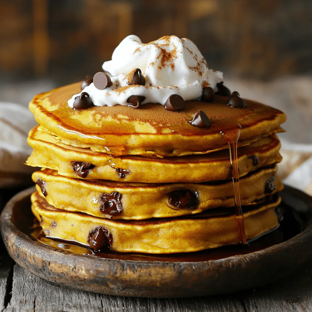 To make chocolate chip pumpkin pancakes, gather these simple ingredients: - 1 cup all-purpose flour - 1 tablespoon baking powder - 1/2 teaspoon baking soda - 1/2 teaspoon salt - 1 teaspoon pumpkin pie spice - 1/2 cup canned pumpkin puree - 1 tablespoon brown sugar - 1 large egg - 3/4 cup milk (dairy or non-dairy) - 1 teaspoon vanilla extract - 1/2 cup semi-sweet chocolate chips - Butter or oil for cooking Each ingredient plays a key role in making these pancakes tasty and fluffy. Flour gives structure, while baking powder and baking soda help them rise. The pumpkin adds moisture and flavor, and the chocolate chips bring sweetness. Using milk, either dairy or non-dairy, keeps the batter smooth. Remember, fresh ingredients make a big difference! 1. In a medium bowl, whisk together these dry ingredients: - 1 cup all-purpose flour - 1 tablespoon baking powder - 1/2 teaspoon baking soda - 1/2 teaspoon salt - 1 teaspoon pumpkin pie spice This step helps the pancakes rise and adds flavor. 2. In another bowl, combine your wet ingredients: - 1/2 cup canned pumpkin puree - 1 tablespoon brown sugar - 1 large egg - 3/4 cup milk (dairy or non-dairy) - 1 teaspoon vanilla extract Mix them well until smooth. This gives the pancakes their rich, moist texture. 3. Slowly pour the wet mixture into the dry ingredients. Gently stir with a spatula until just combined. It’s okay if some lumps remain. Avoid overmixing; this keeps the pancakes fluffy and light. 1. Preheat a non-stick skillet over medium heat. Add a small pat of butter or a drizzle of oil. Let it melt and coat the surface evenly. This prevents sticking and adds flavor. 2. For each pancake, pour about 1/4 cup of batter onto the skillet. Cook until bubbles form on the surface and the edges look set. This should take about 2-3 minutes. 3. Gently flip the pancakes using a spatula. Cook for another 2-3 minutes until golden brown. Keep an eye on them to avoid burning. - Avoid overmixing the batter. This keeps your pancakes light and fluffy. - Make sure your skillet is not too hot. A medium heat works best to cook them evenly without burning. To keep pancakes fluffy, avoid overmixing your batter. A few lumps are just fine. Stir the wet and dry ingredients until they come together. This simple trick creates light pancakes that rise perfectly. Adjusting cooking times helps too. Cook the pancakes for about 2-3 minutes per side. Look for bubbles on the surface. When they appear, it’s time to flip. Each pancake should be golden brown when finished. Ideal toppings make your pancakes shine. Try drizzling warm maple syrup over them. A sprinkle of powdered sugar adds sweetness. You can also add whipped cream for a rich treat. Pair pancakes with fresh fruit like bananas or berries. They add a burst of flavor and color to your plate. A side of crispy bacon or sausage complements the sweetness too. Pumpkin packs a punch in nutrition. It is low in calories but high in fiber. This makes it great for digestion. Pumpkin is rich in vitamins A and C, boosting your immune health. Using pumpkin in pancakes adds moisture and flavor. It gives you a unique taste while making your dish healthier. Plus, the bright color makes your pancakes visually appealing. {{image_4}} You can easily change some ingredients in this recipe. For gluten-free pancakes, use a gluten-free flour blend. This will still give you a tasty result. If you want to switch up the milk, try almond or oat milk. They work well and add a nice flavor. Adding extras can make your pancakes special. Consider adding chopped nuts like walnuts or pecans. Dried fruits like cranberries or raisins also add sweetness. You can boost the flavor with spices too. Try cinnamon, nutmeg, or even a touch of ginger for a warm kick. You can serve pancakes in fun ways. Try stacking them high for a great look. Add layers of chocolate chips or whipped cream between the pancakes for a treat. If you want a savory twist, add cooked bacon bits to the batter. This gives you a sweet and salty mix that is hard to resist! To keep your chocolate chip pumpkin pancakes fresh, follow these tips: - Refrigeration: Place leftover pancakes in an airtight container. They will last about 3 to 5 days in the fridge. If you want to keep them fresh longer, separate layers with parchment paper. This prevents sticking. - Freezing instructions: For longer storage, freeze the pancakes. First, let them cool completely. Then, stack them with parchment paper in between. Wrap the stack in plastic wrap, then place it in a freezer bag. They will stay good for about 1 to 2 months. To enjoy these pancakes again, reheating is key. - Best methods for reheating: You can use a microwave, oven, or skillet. For the microwave, place the pancakes on a plate and heat for 20 to 30 seconds. If using the oven, preheat it to 350°F (175°C) and heat for about 10 minutes. If you prefer a skillet, heat it on low and warm the pancakes for a couple of minutes on each side. - Tips for maintaining texture: To keep pancakes fluffy, cover them with foil while reheating in the oven. This helps retain moisture. If using a microwave, place a damp paper towel over the pancakes. This keeps them soft and warm. How to make pancakes from scratch? To make pancakes from scratch, combine dry and wet ingredients. Mix flour, baking powder, baking soda, salt, and pumpkin pie spice in one bowl. In another bowl, blend canned pumpkin puree, brown sugar, egg, milk, and vanilla. Then, gently mix the dry with the wet until just combined. This keeps pancakes fluffy. Can I make the batter ahead of time? Yes, you can make the batter ahead of time. Store it in the fridge for up to 24 hours. Just give it a quick stir before using. If it thickens, add a little milk to reach your desired consistency. How many pancakes does this recipe make? This recipe makes about four servings, which is typically four large pancakes. Each pancake uses about 1/4 cup of batter. Adjust quantities based on your needs. What to serve with pumpkin pancakes? Serve these pancakes with maple syrup for sweetness. You can also add whipped cream for extra creaminess. Fresh fruit, like bananas or berries, adds a nice touch too. Consider a sprinkle of nuts for crunch. Are these pancakes nut-free? Yes, these pancakes are nut-free if you use dairy or non-dairy milk that is also nut-free. Always check the labels to ensure they meet your dietary needs. Substitute options for dairy alternatives You can replace milk with almond milk, soy milk, or oat milk. For eggs, use flaxseed meal or applesauce. These make great dairy-free options without losing flavor. This blog post covered how to make tasty pumpkin pancakes. We went through the ingredients you'll need and detailed steps to prepare and cook them. I shared tips for fluffy pancakes and healthy serving suggestions. You learned variations and how to store leftovers properly. Incorporating pumpkin offers great nutrition and fun flavors. Enjoy experimenting with this recipe and savoring your delicious pancakes!
