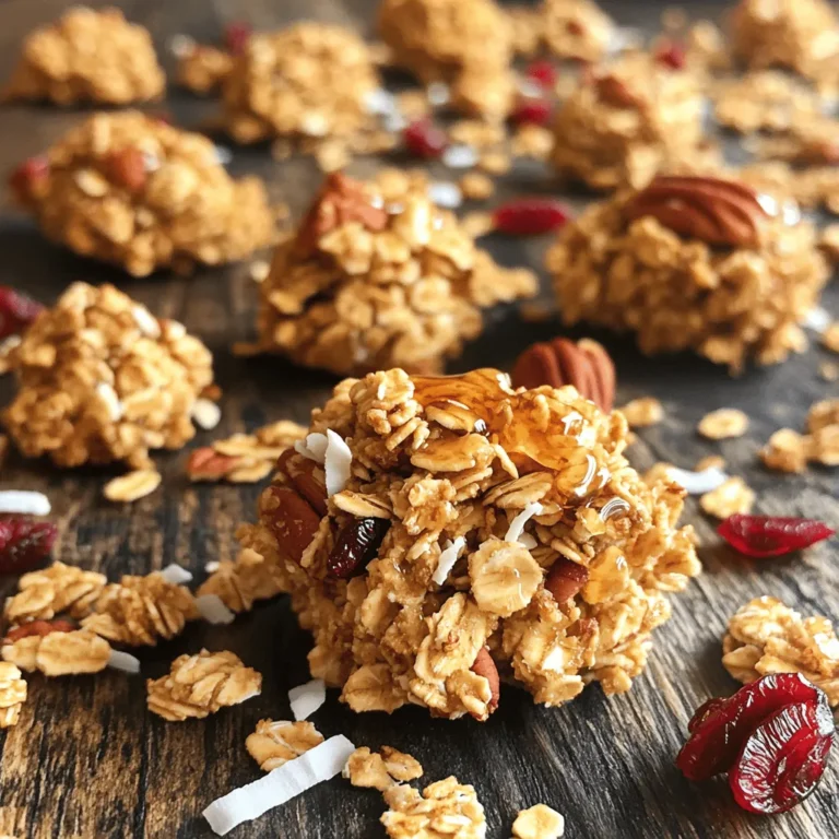 - 2 cups rolled oats - 1 cup pecans, roughly chopped - 1/2 cup unsweetened shredded coconut - 1/4 cup sunflower seeds - 1/2 cup pure maple syrup - 1/4 cup coconut oil, melted - 1 teaspoon pure vanilla extract - 1 teaspoon ground cinnamon - 1/4 teaspoon sea salt - 1/2 cup dried cranberries or raisins (optional) To make these tasty maple pecan granola clusters, you need a mix of simple ingredients. The rolled oats serve as the base. They give the granola a good crunch. Chopped pecans add a nutty flavor and healthy fats. Unsweetened shredded coconut brings a hint of sweetness and chewiness. Sunflower seeds add a nice crunch too. Pure maple syrup is the star of this recipe. It sweetens and binds everything together. Coconut oil helps with the texture and adds a slight coconut flavor. Pure vanilla extract gives a warm, inviting taste. Ground cinnamon adds spice, while sea salt enhances all the flavors. You can add dried cranberries or raisins for extra sweetness, but it is optional. Each ingredient plays a role in making this snack both healthy and delicious. - Caloric content per serving: About 200 calories - Breakdown of macronutrients: - Fats: 10 grams - Carbohydrates: 27 grams - Protein: 4 grams Each serving packs about 200 calories, making it a great snack. The healthy fats come mainly from pecans and coconut oil. Carbohydrates provide energy, while protein helps keep you full. This balance makes these clusters a smart choice for any time of day. The taste of maple pecan granola clusters is a delightful mix. You get a sweet and nutty flavor from the maple syrup and pecans. The coconut adds a hint of tropical sweetness. The sunflower seeds give a crunch that contrasts with the softness of the oats. The texture is crunchy on the outside and slightly chewy inside. Each bite is satisfying and full of flavor. The warm cinnamon rounds out the taste, making it feel cozy and comforting. This granola is not just a snack; it’s a treat you’ll want to enjoy every day. 1. First, preheat your oven to 300°F (150°C). 2. While the oven heats, line a baking sheet with parchment paper. This helps to prevent sticking. 3. In a large bowl, mix the rolled oats, chopped pecans, shredded coconut, sunflower seeds, ground cinnamon, and sea salt. Stir well to combine. 4. In a smaller bowl, whisk together the melted coconut oil, pure maple syrup, and pure vanilla extract until smooth. 1. Carefully pour the wet mixture over the dry ingredients. 2. Use a wooden spoon to gently stir. Make sure all dry ingredients are coated with the wet mixture. 1. Spread the granola mixture evenly on your prepared baking sheet. 2. Press down gently to form clusters. This will help make them nice and crunchy. 3. Bake for about 25-30 minutes. Stir halfway through to promote even browning. 4. Keep an eye on it towards the end to avoid burning. 5. Once it is golden brown, remove it from the oven. Allow the granola to cool completely on the baking sheet. 6. As it cools, it will harden into lovely clusters. If you added dried cranberries or raisins, fold them in now. 7. When cool, break the granola into your desired cluster size. Store it in an airtight container for up to two weeks. Pressing the granola mixture is key to making great clusters. When you press it down firmly, you create those nice, crunchy bites. Use your hands to make sure it’s compact on the baking sheet. This step is just as important as the baking time. Baking time affects the granola’s crispness. I suggest baking for 25 to 30 minutes. Keep a close eye on it towards the end. You want a golden brown color, not burnt. If you notice the edges browning too fast, take it out! Many skip the stirring halfway through baking. Stirring helps the granola brown evenly. If you don’t stir, some parts may burn while others stay soft. Set a timer to remind yourself to do this step. Cooling time is also vital. When you take the granola out, let it cool completely on the baking sheet. Don’t rush this part. If you break it apart too soon, it might not stick together well. Granola clusters are so versatile. You can eat them as a snack or breakfast. Try them over yogurt for a tasty treat. Add fresh fruit on top for extra flavor and nutrients. You can even mix them into smoothies for a healthy boost! {{image_4}} You can switch out nuts or seeds in this recipe. Try walnuts, almonds, or pumpkin seeds. Each nut brings a unique flavor and texture. You can also use different sweeteners like honey or agave syrup if you want a change. This keeps the granola tasty and fun. Adding spices or extracts can boost your granola's taste. Try cinnamon, nutmeg, or even cardamom for a warm flavor. You can also add vanilla or almond extract for a sweet touch. If you love chocolate, mix in dark chocolate chips or cocoa nibs. Dried fruits like apricots or mango can add a chewy texture and fruity flavor. If you need gluten-free options, use certified gluten-free oats. This keeps your granola safe for those with gluten issues. For a vegan option, make sure to use maple syrup and avoid honey. You can also make a nut-free version by using seeds like sunflower or pumpkin seeds instead of nuts. To keep your granola clusters fresh, use airtight containers. Glass jars work great. They protect flavors and keep the clusters crunchy. Plastic containers are fine too, just ensure they seal well. Store your granola in a cool, dry place. Avoid direct sunlight or heat, as these can cause the oils to turn rancid. Homemade granola can last up to two weeks when stored properly. Check for signs of spoilage like a strange smell or off taste. If it feels soft or loses its crunch, it may be past its prime. Toss any granola that looks or smells bad to stay safe. Yes, you can freeze granola! Freezing extends its shelf life to about three months. To freeze, place clusters in a freezer-safe bag. Remove as much air as possible to prevent freezer burn. When ready to eat, let it thaw at room temperature. You can also pop it in the oven for a few minutes to regain its crunch. To make these tasty clusters, follow these simple steps: 1. Preheat your oven to 300°F (150°C) and line a baking sheet with parchment paper. 2. In a large bowl, mix rolled oats, chopped pecans, shredded coconut, sunflower seeds, ground cinnamon, and sea salt. 3. In another bowl, whisk together melted coconut oil, pure maple syrup, and vanilla extract until smooth. 4. Pour the wet mixture over the dry ingredients. Stir until everything is coated well. 5. Spread the mixture on the baking sheet and press down to form clusters. 6. Bake for 25-30 minutes, stirring halfway through to ensure even browning. 7. Let it cool completely, then break into clusters and store in an airtight container. Yes, you can easily make this granola gluten-free. Use certified gluten-free rolled oats. Check that the other ingredients, like coconut and seeds, are also gluten-free. This way, you can enjoy the same great taste without the gluten! You can add many things to boost flavor. Consider these options: - Chocolate chips or chunks for sweetness. - Different nuts like almonds or walnuts for crunch. - Seeds like pumpkin or chia for added nutrition. - Dried fruits like apricots or figs for a fruity touch. - Spices like nutmeg or ginger for a warm flavor. To keep your granola clusters crunchy, follow these tips: - Make sure to press the mixture down before baking. This helps form firm clusters. - Stir the granola halfway through baking to avoid sogginess. - Let the granola cool completely on the baking sheet after baking. This allows it to harden. - Store it in an airtight container to keep moisture out. Making maple pecan granola clusters is simple and fun. You learned about the key ingredients, including oats, pecans, and coconut. I shared step-by-step instructions to guide you through the process. You now know tips to avoid common mistakes and how to store your granola properly. In the end, homemade granola gives you control over flavor and health. Enjoy your creation with yogurt or fresh fruit. Experiment and make it your own. Happy munching!