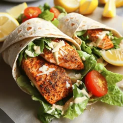 - 2 salmon fillets (approximately 6 oz each) - 2 tablespoons Cajun seasoning - 1 tablespoon extra virgin olive oil - 4 large whole wheat tortillas or spinach tortillas - 2 cups romaine lettuce, chopped into bite-sized pieces - ½ cup Caesar dressing - ¼ cup freshly grated Parmesan cheese - ½ cup cherry tomatoes, halved - Lemon wedges, for serving Gathering fresh ingredients is key. Start with salmon fillets. They should be firm and bright in color. Look for ones with clear eyes and a fresh smell. Next, choose Cajun seasoning. This mix gives the salmon a bold, spicy taste. You can buy it or make your own. Just mix paprika, garlic powder, and black pepper. For the oil, use extra virgin olive oil. This oil is great for cooking and adds healthy fats. Now, grab your wraps. Whole wheat or spinach tortillas work well. These options offer fiber and nutrients. You will also need fresh romaine lettuce. This adds crunch and freshness to your wrap. Caesar dressing is a must. You can buy it or make your own. Homemade options are fun and tasty. For extra flavor, consider optional add-ons. Freshly grated Parmesan cheese adds a savory touch. Cherry tomatoes provide sweetness and color. Lemon wedges give a bright, zesty kick. With these ingredients, you're on your way to making a tasty and healthy dish! Start by drying the salmon fillets. Use paper towels to pat them dry. This step helps get a nice crisp. Next, apply the Cajun seasoning. Rub it generously over both sides of the fillets. Make sure each piece is well-coated for full flavor. Now, heat your skillet. Use medium-high heat and add the olive oil. Wait until the oil shimmers. Carefully place the seasoned fillets in the skillet. Cook them for about 3-4 minutes on each side. The salmon should be fully cooked and have a blackened look. Once done, take the skillet off the heat. Let the salmon rest for a minute before flaking it into bite-sized pieces. On a clean surface, lay out the tortillas. Spread Caesar dressing evenly on each tortilla. Cover most of the surface to ensure good flavor. Now it’s time to layer the ingredients. Start with a handful of chopped romaine lettuce. Add the flaked blackened salmon pieces next. Then, sprinkle on the halved cherry tomatoes. Finish with freshly grated Parmesan cheese. Carefully roll each tortilla from one end, tucking in the sides. Make sure to create a secure wrap. This keeps all the delicious fillings inside. To get the best blackened salmon, start by drying the fillets. Use paper towels to remove excess moisture. This step helps create a nice sear. Next, apply Cajun seasoning evenly. Use about two tablespoons for both fillets. Don’t rush this step; a good coat of seasoning makes the flavor pop. When cooking, heat the olive oil in the skillet until it shimmers. This shows it’s ready. Carefully place the fillets in the pan. Cook for 3-4 minutes on each side. You want a dark, crisp crust. To roll your wraps securely, lay out the tortilla flat. Spread Caesar dressing over most of the surface. This adds flavor and keeps fillings in place. Layer your ingredients wisely. Start with chopped romaine lettuce, then add blackened salmon. Follow with halved cherry tomatoes. Finish with grated Parmesan cheese. This order helps balance flavors and textures. When rolling, tuck in the sides as you go. This keeps all the tasty stuff inside. Make sure to roll tightly but not too tight. For sides, pair the wraps with a fresh salad or sweet potato fries. Both complement the flavors of the wraps well. For a nice presentation, slice each wrap in half diagonally. This shows off the colorful filling. Add lemon wedges on the side for a zesty touch. Squeezing lemon over the wrap brightens every bite. {{image_4}} Want to change up the fish? Try using tilapia or cod. Both are mild and easy to cook. For a fun twist, use shrimp. They grill nicely and add a nice bite. Looking for new toppings? You can add sliced avocado or diced bell peppers. Both add creaminess and color. You might also try red onions for a bit of zing. If you need gluten-free options, use corn tortillas. They are tasty and hold the fillings well. You can also find gluten-free wraps at most stores. Want to make this vegan? Use chickpeas or tofu instead of salmon. For the dressing, swap regular Caesar for a vegan version. You can make it with tahini or cashew cream. To boost flavor, add spices like smoked paprika or garlic powder. They can add depth without much effort. Fresh herbs like cilantro or basil also bring a bright taste. For dressings, try a yogurt-based ranch or a spicy sriracha sauce. Both can add a unique twist to your wraps. Get creative and mix flavors that excite your taste buds! To store your wraps in the fridge, wrap them tightly in plastic wrap or foil. This keeps them fresh and prevents them from drying out. Place the wrapped wraps in an airtight container for extra protection. Always store them in the fridge within two hours of making them. If you want to save the wraps for later, you can freeze them. Wrap each wrap in plastic wrap, then place them in a freezer-safe bag. This method helps prevent freezer burn. When you’re ready to eat, thaw them in the fridge overnight. To reheat, use a microwave for about 1-2 minutes or warm them in a skillet over medium heat until heated through. Assembled wraps can last in the fridge for about 2-3 days. Always check for freshness before eating. Signs of spoilage include a sour smell or slimy texture. If you notice any of these signs, it’s best to discard them. To make salmon wraps healthier, consider these tips: - Use low-calorie tortillas, such as corn or lettuce wraps. - Swap Caesar dressing for a lighter yogurt-based sauce. - Add more veggies like cucumbers or bell peppers for crunch. - Choose fresh herbs instead of cheese for flavor without extra calories. These small changes can keep your wraps tasty and lower in calories. Yes, you can use canned salmon in this recipe. Here are the pros and cons: - Pros: Canned salmon is quick, easy, and often cheaper. It is already cooked, so you save time. - Cons: Canned salmon can be softer and less flavorful than fresh salmon. To prepare canned salmon, drain it well and flake it before adding it to your wrap. Leftover salmon is versatile and can be reused in many ways. Here are some ideas: - Make salmon salad by mixing it with Greek yogurt, mustard, and herbs. - Use it in pasta dishes, adding it to creamy or tomato sauces. - Create a salmon omelet by adding it to beaten eggs with veggies. These options let you enjoy your leftovers in different meals! In this article, we explored how to create delicious blackened salmon wraps. We covered key ingredients like salmon, Cajun seasoning, and wrap components. I provided step-by-step cooking and assembly tips to guide you. We also looked at variations, storage options, and answers to common questions. Enjoy experimenting with flavors and making these wraps your own. With these tips, you’ll create a meal that impresses and satisfies!