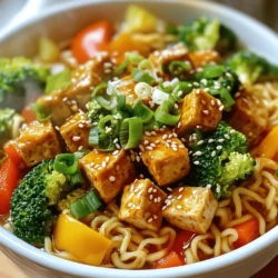 - 14 oz firm tofu, well-pressed and cubed - 3 tablespoons sesame oil - 2 tablespoons soy sauce - 1 tablespoon sriracha (or adjust for desired spice) - 4 cups vegetable broth - 4 oz ramen noodles - 1 cup broccoli florets - 1 cup mixed bell peppers, sliced (use a variety of colors) - 2 green onions, thinly sliced - 2 cloves garlic, finely minced - 1 tablespoon fresh ginger, grated - 2 teaspoons sesame seeds - Fresh cilantro leaves, for garnish - Salt and pepper, to taste Tofu is the star of this dish. It adds protein and takes on flavors well. I use firm tofu, which holds its shape when cooked. Pressing it removes excess water, making it crispy. Sesame oil gives a rich, nutty taste. Use it in cooking and as a finishing oil. Soy sauce adds depth and umami. I like to use low-sodium versions for better control over salt. Sriracha brings heat. Adjust it to your taste. Broccoli adds color and crunch. Bell peppers bring sweetness and more color. Fresh garlic and ginger add warmth and aroma, making the broth fragrant. If you cannot use tofu, chickpeas or tempeh are great substitutes. Both bring protein and texture. For a non-soy option, try coconut aminos instead of soy sauce. If you want less spice, omit sriracha or replace it with a milder sauce. You can swap ramen noodles for rice noodles or even whole wheat pasta. For the veggies, feel free to mix in spinach, carrots, or snap peas. These will add nutrients and color. Fresh herbs like basil or mint can also brighten the dish. First, you need to press the tofu. This step helps remove extra water. I like to wrap it in a clean towel and place something heavy on top. Let it sit for about 15 minutes. Once it's done, cut the tofu into cubes. Make sure they are even in size for the best cooking. In a large skillet, heat 1 tablespoon of sesame oil over medium heat. Once the oil is hot, add the tofu cubes in a single layer. Cook them for about 8 to 10 minutes. You want them to turn golden brown and crispy. Keep turning them to cook all sides evenly. After they are brown, pour in 2 tablespoons of soy sauce and 1 tablespoon of sriracha. Mix them well and cook for another 2 to 3 minutes. Then, take the tofu off the heat and set it aside. Use the same skillet for more flavor. Add 2 tablespoons of sesame oil and let it heat. Next, you will add 2 cloves of minced garlic and 1 tablespoon of grated ginger. Sauté them for about 30 seconds. Be careful not to burn the garlic. Then, pour in 4 cups of vegetable broth. Bring it to a gentle simmer. Add 1 cup of broccoli florets and 1 cup of sliced bell peppers. Cook for 3 to 5 minutes. You want the veggies to be tender but still bright. While the broth simmers, boil water in another pot. Cook the 4 oz of ramen noodles according to the package instructions. Once tender, drain them and set aside. After your vegetables are ready, add the cooked ramen and sautéed tofu into the broth. Stir everything gently for about 2 minutes. Taste the broth and adjust with salt and pepper. You can add more sriracha if you like it spicier. Finally, ladle the ramen into bowls and top with sliced green onions, sesame seeds, and fresh cilantro. Enjoy your flavorful meal! To get crispy tofu, start with firm tofu. Press it well to remove moisture. This step is key. Cut the tofu into even cubes. This helps them cook evenly. Heat sesame oil in a hot skillet. Add tofu in a single layer. Let it brown without moving it too much. After 8-10 minutes, flip the tofu. Look for a golden-brown color. Finally, drizzle soy sauce and sriracha over the tofu. Stir and cook for 2-3 more minutes. To make the broth rich, use fresh ingredients. Garlic and ginger add warmth and depth. Sauté these in sesame oil until fragrant. This brings out their flavors. Add a splash of soy sauce for umami. Don’t forget to taste the broth. Adjust salt, pepper, and sriracha as needed. Fresh cilantro and green onions add brightness. They make the dish pop with flavor and color. To adjust the spice, use less sriracha at first. You can always add more later. If you like it milder, skip the sriracha altogether. Try adding sweet bell peppers for a sweeter taste. For more heat, add chili flakes or hot sauce. Check your spice level throughout cooking. This way, you can reach your perfect heat! {{image_4}} This recipe is already vegan and vegetarian-friendly. You can switch the tofu for tempeh. Tempeh adds more flavor and has a firmer texture. You can also add chickpeas for extra protein. Both options work great and keep the dish plant-based. Ramen noodles are classic, but you can try other types. Soba noodles have a nutty taste and are a good choice. Rice noodles are gluten-free and easy to find. You can even use zucchini noodles for a low-carb option. Each noodle gives a unique twist to your dish. Feel free to add more veggies for extra nutrition. Carrots, snap peas, or mushrooms can enhance flavor and texture. You can also top your ramen with soft-boiled eggs or seaweed for added taste. Fresh herbs like basil or mint bring a nice touch. Customize the toppings to your liking! To store your spicy sesame tofu ramen, let it cool down first. Place it in an airtight container. Keep it in the fridge for up to three days. This keeps the flavors fresh and the noodles firm. Make sure to separate the tofu and noodles if you can. This helps prevent sogginess. When you are ready to eat, reheating is simple. Use a microwave-safe bowl. Warm it in the microwave for about two minutes. Stir halfway through to heat evenly. You can also heat it on the stove. Just add a splash of broth and heat on low until warm. If you want to save it for later, freezing works too. Place the ramen in a freezer-safe container. Leave out the toppings like green onions and cilantro. They don’t freeze well. This ramen will last for up to three months in the freezer. When ready to eat, thaw it overnight in the fridge before reheating. You can use olive oil as a substitute for sesame oil. It has a mild flavor. Peanut oil is another great choice. It adds a nice nutty taste. You can also use canola oil if you want a neutral option. Just remember, these oils will change the flavor a bit. Leftover ramen can last about 3 to 4 days in the fridge. Make sure to store it in an airtight container. This keeps it fresh and helps avoid any strong smells. If the ramen has tofu or veggies, consume it sooner for the best taste. Yes, you can easily change this recipe for kids. Reduce the amount of sriracha for less heat. You can also add sweet veggies like carrots or corn. Kids often enjoy sweet flavors. Use fun-shaped noodles to make it more appealing. To make this dish gluten-free, swap regular soy sauce for tamari sauce. Tamari is typically gluten-free. You can also find gluten-free ramen noodles. They are often made from rice or other gluten-free grains. Always check the labels to be sure. This blog post covered all you need for making tasty ramen. We discussed key ingredients and offered substitutes. I shared step-by-step instructions to prepare crispy tofu and flavorful broth. Tips for enhancing flavor and customizing spice levels were included. We explored variations, storage methods, and answered common questions. Ramen can be fun to make and enjoy. Experiment with your favorite flavors and ingredients. Enjoy your cooking and share your creations!