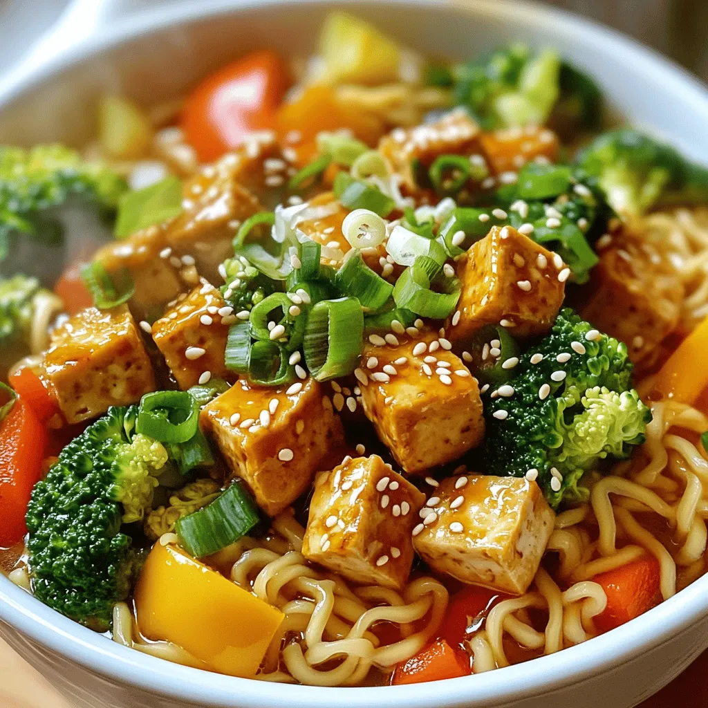 - 14 oz firm tofu, well-pressed and cubed - 3 tablespoons sesame oil - 2 tablespoons soy sauce - 1 tablespoon sriracha (or adjust for desired spice) - 4 cups vegetable broth - 4 oz ramen noodles - 1 cup broccoli florets - 1 cup mixed bell peppers, sliced (use a variety of colors) - 2 green onions, thinly sliced - 2 cloves garlic, finely minced - 1 tablespoon fresh ginger, grated - 2 teaspoons sesame seeds - Fresh cilantro leaves, for garnish - Salt and pepper, to taste Tofu is the star of this dish. It adds protein and takes on flavors well. I use firm tofu, which holds its shape when cooked. Pressing it removes excess water, making it crispy. Sesame oil gives a rich, nutty taste. Use it in cooking and as a finishing oil. Soy sauce adds depth and umami. I like to use low-sodium versions for better control over salt. Sriracha brings heat. Adjust it to your taste. Broccoli adds color and crunch. Bell peppers bring sweetness and more color. Fresh garlic and ginger add warmth and aroma, making the broth fragrant. If you cannot use tofu, chickpeas or tempeh are great substitutes. Both bring protein and texture. For a non-soy option, try coconut aminos instead of soy sauce. If you want less spice, omit sriracha or replace it with a milder sauce. You can swap ramen noodles for rice noodles or even whole wheat pasta. For the veggies, feel free to mix in spinach, carrots, or snap peas. These will add nutrients and color. Fresh herbs like basil or mint can also brighten the dish. First, you need to press the tofu. This step helps remove extra water. I like to wrap it in a clean towel and place something heavy on top. Let it sit for about 15 minutes. Once it's done, cut the tofu into cubes. Make sure they are even in size for the best cooking. In a large skillet, heat 1 tablespoon of sesame oil over medium heat. Once the oil is hot, add the tofu cubes in a single layer. Cook them for about 8 to 10 minutes. You want them to turn golden brown and crispy. Keep turning them to cook all sides evenly. After they are brown, pour in 2 tablespoons of soy sauce and 1 tablespoon of sriracha. Mix them well and cook for another 2 to 3 minutes. Then, take the tofu off the heat and set it aside. Use the same skillet for more flavor. Add 2 tablespoons of sesame oil and let it heat. Next, you will add 2 cloves of minced garlic and 1 tablespoon of grated ginger. Sauté them for about 30 seconds. Be careful not to burn the garlic. Then, pour in 4 cups of vegetable broth. Bring it to a gentle simmer. Add 1 cup of broccoli florets and 1 cup of sliced bell peppers. Cook for 3 to 5 minutes. You want the veggies to be tender but still bright. While the broth simmers, boil water in another pot. Cook the 4 oz of ramen noodles according to the package instructions. Once tender, drain them and set aside. After your vegetables are ready, add the cooked ramen and sautéed tofu into the broth. Stir everything gently for about 2 minutes. Taste the broth and adjust with salt and pepper. You can add more sriracha if you like it spicier. Finally, ladle the ramen into bowls and top with sliced green onions, sesame seeds, and fresh cilantro. Enjoy your flavorful meal! To get crispy tofu, start with firm tofu. Press it well to remove moisture. This step is key. Cut the tofu into even cubes. This helps them cook evenly. Heat sesame oil in a hot skillet. Add tofu in a single layer. Let it brown without moving it too much. After 8-10 minutes, flip the tofu. Look for a golden-brown color. Finally, drizzle soy sauce and sriracha over the tofu. Stir and cook for 2-3 more minutes. To make the broth rich, use fresh ingredients. Garlic and ginger add warmth and depth. Sauté these in sesame oil until fragrant. This brings out their flavors. Add a splash of soy sauce for umami. Don’t forget to taste the broth. Adjust salt, pepper, and sriracha as needed. Fresh cilantro and green onions add brightness. They make the dish pop with flavor and color. To adjust the spice, use less sriracha at first. You can always add more later. If you like it milder, skip the sriracha altogether. Try adding sweet bell peppers for a sweeter taste. For more heat, add chili flakes or hot sauce. Check your spice level throughout cooking. This way, you can reach your perfect heat! {{image_4}} This recipe is already vegan and vegetarian-friendly. You can switch the tofu for tempeh. Tempeh adds more flavor and has a firmer texture. You can also add chickpeas for extra protein. Both options work great and keep the dish plant-based. Ramen noodles are classic, but you can try other types. Soba noodles have a nutty taste and are a good choice. Rice noodles are gluten-free and easy to find. You can even use zucchini noodles for a low-carb option. Each noodle gives a unique twist to your dish. Feel free to add more veggies for extra nutrition. Carrots, snap peas, or mushrooms can enhance flavor and texture. You can also top your ramen with soft-boiled eggs or seaweed for added taste. Fresh herbs like basil or mint bring a nice touch. Customize the toppings to your liking! To store your spicy sesame tofu ramen, let it cool down first. Place it in an airtight container. Keep it in the fridge for up to three days. This keeps the flavors fresh and the noodles firm. Make sure to separate the tofu and noodles if you can. This helps prevent sogginess. When you are ready to eat, reheating is simple. Use a microwave-safe bowl. Warm it in the microwave for about two minutes. Stir halfway through to heat evenly. You can also heat it on the stove. Just add a splash of broth and heat on low until warm. If you want to save it for later, freezing works too. Place the ramen in a freezer-safe container. Leave out the toppings like green onions and cilantro. They don’t freeze well. This ramen will last for up to three months in the freezer. When ready to eat, thaw it overnight in the fridge before reheating. You can use olive oil as a substitute for sesame oil. It has a mild flavor. Peanut oil is another great choice. It adds a nice nutty taste. You can also use canola oil if you want a neutral option. Just remember, these oils will change the flavor a bit. Leftover ramen can last about 3 to 4 days in the fridge. Make sure to store it in an airtight container. This keeps it fresh and helps avoid any strong smells. If the ramen has tofu or veggies, consume it sooner for the best taste. Yes, you can easily change this recipe for kids. Reduce the amount of sriracha for less heat. You can also add sweet veggies like carrots or corn. Kids often enjoy sweet flavors. Use fun-shaped noodles to make it more appealing. To make this dish gluten-free, swap regular soy sauce for tamari sauce. Tamari is typically gluten-free. You can also find gluten-free ramen noodles. They are often made from rice or other gluten-free grains. Always check the labels to be sure. This blog post covered all you need for making tasty ramen. We discussed key ingredients and offered substitutes. I shared step-by-step instructions to prepare crispy tofu and flavorful broth. Tips for enhancing flavor and customizing spice levels were included. We explored variations, storage methods, and answered common questions. Ramen can be fun to make and enjoy. Experiment with your favorite flavors and ingredients. Enjoy your cooking and share your creations!