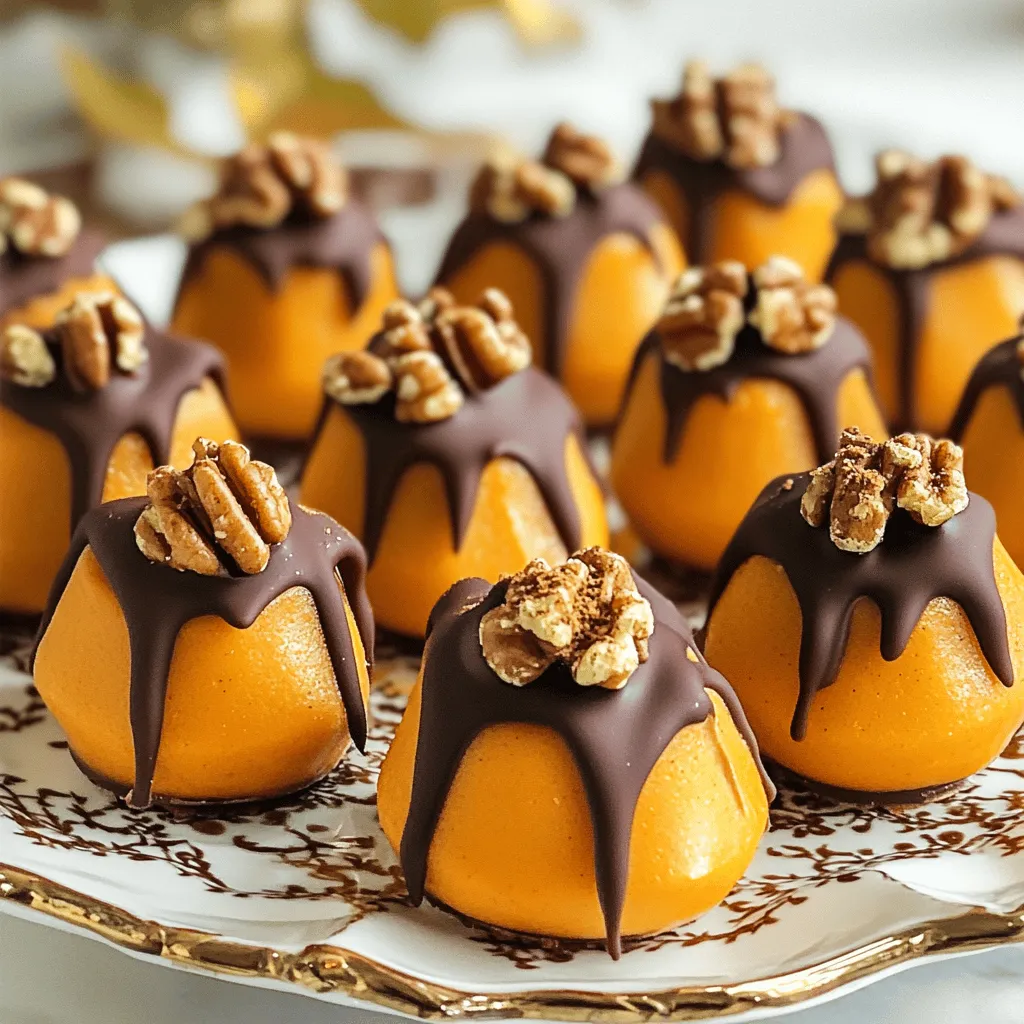 To make these tasty bites, you'll need: - 1 cup pumpkin puree - 1/2 cup creamy peanut butter - 1/4 cup honey or pure maple syrup - 1 teaspoon vanilla extract - 1 teaspoon pumpkin spice (or a blend of ground cinnamon, nutmeg, and ginger) - 1 cup crushed graham crackers - A pinch of sea salt These main ingredients give the bites their sweet, rich flavor. The pumpkin puree adds moisture and a vibrant color. Peanut butter gives them creaminess and protein. Honey or maple syrup acts as a natural sweetener. You can enhance these bites with: - 1/2 cup crushed walnuts or pecans (for added crunch) - Dark chocolate chips (for drizzling on top) Adding nuts gives a nice crunch. Dark chocolate adds a rich taste and makes them look fancy. If you have allergies, here are some swaps: - Use sunflower seed butter instead of peanut butter. - Choose agave syrup instead of honey for a vegan option. - Omit nuts if you have a nut allergy. These substitutions keep the recipe safe while still being yummy. You can enjoy these bites no matter your dietary needs. Start by taking a medium bowl. Add 1 cup of pumpkin puree. Mix in 1/2 cup of creamy peanut butter. Next, pour in 1/4 cup of honey or pure maple syrup. Add 1 teaspoon of vanilla extract and 1 teaspoon of pumpkin spice. Finally, include a pinch of sea salt. Use a spatula to blend everything well. Aim for a smooth and creamy mixture. Now, it's time for some crunch! Gradually add 1 cup of crushed graham crackers. If you want, toss in 1/2 cup of crushed walnuts or pecans. Gently fold these into your pumpkin mixture. Your goal is to mix until everything is combined. The mix should be thick and moldable. With clean hands, scoop out small portions from the mixture. Aim for bites about 1 inch in size. Roll them into balls. Try to keep them uniform for a nice look. Place the bites on a lined baking sheet. This helps prevent sticking. For a special touch, melt dark chocolate chips. Use a microwave-safe bowl. Heat in 15-20 second bursts, stirring in between. Once melted, drizzle the chocolate over the pumpkin bites. This adds flavor and a beautiful look. Finally, chill the tray in the refrigerator for at least 30 minutes. This helps the bites firm up and taste even better. To get the best results, measure your ingredients carefully. Use dry measuring cups for solids like graham crackers and nuts. For liquids, use a clear measuring cup. Always level off the top with a knife. This way, you get the right amount every time. For a smooth mixture, mix the pumpkin puree and peanut butter well. If it feels too thick, add a dash of honey or maple syrup. The crushed graham crackers should blend in easily. You want a thick, moldable mixture that holds its shape. If the mixture is too wet, add more crushed crackers. Serve these bites on a pretty platter. A cake stand adds height and charm. Dust with extra pumpkin spice for a pop of color. You can place whole walnuts or slices of fresh pumpkin around them. This makes your treat look festive and inviting. Use parchment paper to keep them from sticking to the plate. {{image_4}} You can switch up the pumpkin spice in these bites. Try using cinnamon, nutmeg, or ginger alone. Each spice brings a new taste. You can also blend them together for a unique flavor. For a milder taste, use allspice or cardamom. Don’t be afraid to experiment! To make low-sugar bites, cut back on honey or maple syrup. Use a sugar substitute like stevia or erythritol. For vegan bites, swap honey with agave syrup. You can also use almond butter instead of peanut butter. This keeps it creamy and tasty while fitting vegan diets. Add dried fruits like cranberries or raisins for a sweet burst. Chopped dates also work well. If you want crunch, toss in seeds like chia or sunflower seeds. You can add in a mix of nuts and seeds too for extra protein. These add-ins can change the flavor and texture. To keep your no bake pumpkin pie bites fresh, store them in an airtight container. Place parchment paper between layers to avoid sticking. This will help them stay firm. Keep them in the fridge for up to one week. If you enjoy them cold, you can eat them straight from the fridge. Freezing is great for long-term storage. First, place the pumpkin pie bites on a baking sheet. Make sure they are not touching each other. Freeze them for about two hours until firm. Then, transfer them to an airtight container or a freezer bag. Label the bag with the date. They can last up to three months in the freezer. Simply thaw them in the fridge before you enjoy them. Check your pumpkin pie bites for any signs of spoilage. If they have an off smell or look dry, it's best to throw them away. Fresh bites should feel firm and moist. If they lose their shape or stick together too much, they may not taste good anymore. Always trust your senses when deciding if they are still good to eat. Yes, you can make these bites ahead of time. They store well in the fridge. I like to prepare them a day before. This lets the flavors develop and blend nicely. If you need a substitute, try almond butter or sunflower seed butter. Both have a similar texture. They add a nice flavor too. You can also use tahini for a unique taste. These bites last about five days in the fridge. Store them in an airtight container. This keeps them fresh and tasty for longer. Yes, you can use fresh pumpkin. Just cook and puree the pumpkin first. Make sure it is smooth and thick. This keeps the texture right for your bites. No Bake Pumpkin Pie Bites are easy to make and full of flavor. You learned about key ingredients, step-by-step mixing, and chilling techniques. I shared tips to make your bites taste great and how to store them. You can also try fun variations and healthy options. In the end, these bites are a delicious treat. They suit any occasion and are simple to customize. Enjoy making and sharing your tasty creations!