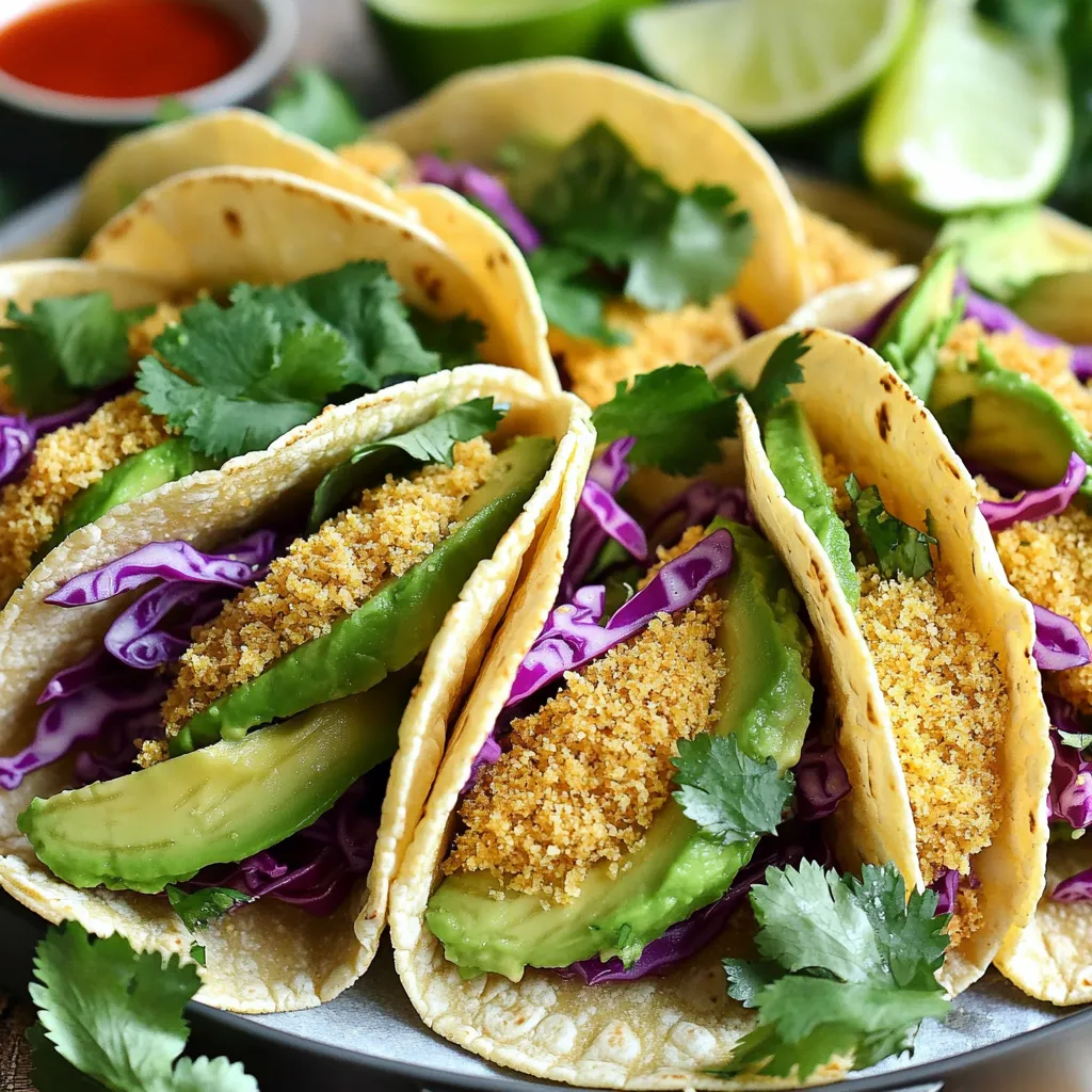 - 2 ripe avocados - 1 cup panko breadcrumbs - 1 teaspoon garlic powder - 1 teaspoon smoked paprika - ½ teaspoon salt - ½ teaspoon black pepper - 1 tablespoon extra virgin olive oil - 8 small corn tortillas - 1 cup shredded red cabbage - ½ cup fresh cilantro, chopped - 1 lime, cut into wedges - Hot sauce (optional) To make these crispy avocado tacos, you need fresh ingredients. The avocados should be ripe but firm. This ensures they mash well but hold their shape. Panko breadcrumbs give a light, crispy texture. Garlic powder and smoked paprika add depth of flavor. Salt and black pepper enhance the taste. Extra virgin olive oil helps the coating stick. Corn tortillas are the perfect vessel for these flavors. Red cabbage adds crunch and color. Fresh cilantro brightens the dish. Lime wedges provide a zesty touch. Finally, hot sauce can kick up the heat if you like. Gather these ingredients before you start. It makes cooking easier and more fun. Each item plays a role in making your tacos delicious and satisfying. Enjoy the process of preparing and cooking. Start by slicing the avocados in half. Carefully remove the pits with a spoon. Next, scoop out the flesh gently. Cut each half into ¾-inch wedges. This size helps them stay crisp when cooked. In a mixing bowl, combine the panko breadcrumbs, garlic powder, smoked paprika, salt, and black pepper. Mix these dry ingredients well. Then, drizzle the olive oil over the mixture. Stir until the breadcrumbs feel slightly moist and well-coated. Take one avocado wedge and dip it into the panko mix. Press the crumbs onto the avocado to help them stick. Repeat this step for every wedge until they are all breaded. This adds crunch and flavor. Arrange the coated slices in a single layer in the air fryer basket. Preheat your air fryer to 375°F (190°C). Cook the slices for 8 to 10 minutes. Halfway through, shake the basket gently. This ensures even browning and a crispy texture. While the avocado cooks, heat a dry skillet over medium heat. Place each corn tortilla in the skillet for about 30 seconds on each side. This warms them and makes them flexible for folding. Once your avocado slices are golden and crispy, it's time to build your tacos! Place 2 to 3 avocado wedges on each warm tortilla. Top with a handful of shredded red cabbage and a sprinkle of fresh cilantro. This adds color and flavor. To get that perfect crunch, panko breadcrumbs are key. They add air and texture unlike regular breadcrumbs. The lightness of panko helps the avocado stay crispy. Adjust your cooking time and temperature for best results. Preheat your air fryer to 375°F (190°C). Cook for 8-10 minutes, shaking the basket halfway. This helps the avocado slices brown evenly. To boost the flavor, try adding spices. A pinch of chili powder gives a nice kick. You can also sprinkle some cumin for warmth. For toppings, shredded red cabbage and fresh cilantro are great choices. They add color and freshness. You can also drizzle hot sauce for a spicy twist! Make your tacos look amazing on the plate. Arrange them in a circle for a fun display. Add lime wedges for color and zest. For extra flair, garnish with cilantro sprigs. This makes your dish pop and looks inviting. Remember, we eat with our eyes first! {{image_4}} You can change up the toppings to make your tacos more exciting. Here are some ideas: - Vegetables: Try adding sliced radishes, diced tomatoes, or cucumber for crunch. These fresh veggies brighten the tacos. - Greens: Spinach or arugula can give a nice peppery kick. Just toss them in before serving. - Avocado Prep: Instead of slices, mash the avocado with lime juice. This adds a creamy texture that pairs well with crunchy toppings. To switch up the flavor, you can add different spices or herbs: - Spices: Instead of smoked paprika, use chili powder or cumin for a warmer taste. A dash of cayenne can add heat. - Herbs: Fresh basil or dill can bring a unique twist to each bite. Just sprinkle some on before serving. If you want a vegan or gluten-free option, swap panko for crushed cornflakes or gluten-free breadcrumbs. They give a similar crunch without the gluten. These tacos taste great with sides and drinks. Here are my favorites: - Sides: Serve with a fresh salad or corn on the cob. You can also try a side of black beans for extra protein. - Drinks: A cold margarita or sparkling water with lime pairs well. For a non-alcoholic option, try a refreshing iced tea. These pairings enhance the flavors and make your meal feel complete. Enjoy experimenting with these ideas! To keep your crispy avocado slices fresh, place them in an airtight container. Use parchment paper to separate the layers. This prevents them from getting soggy. For the tortillas, wrap them in foil or place them in a sealed bag. This helps keep them soft and pliable. To reheat, use the air fryer again. Set it to 350°F (175°C) for about 5 minutes. This keeps the texture crispy. Avoid using a microwave, as it can make the avocado mushy. You can freeze crispy avocado slices, but they may lose some texture. For best results, freeze them in a single layer on a baking sheet first. Once frozen, transfer them to a freezer bag. For thawing, place them in the fridge overnight before reheating. This way, they stay as tasty as possible. Yes, you can prep the tacos in advance. Slice the avocados and coat them with panko. Store the coated avocado in a sealed container in the fridge. When ready to cook, just pop them into the air fryer. This method saves time and keeps the avocado fresh. The best temperature for cooking avocados in an air fryer is 375°F (190°C). This heat helps achieve a crispy outer layer while keeping the inside creamy. Preheating your air fryer is key for even cooking. Yes, you can use crushed cornflakes or almond flour for a gluten-free option. Both options provide a nice crunch. If you want a low-carb choice, try crushed pork rinds. They add a unique flavor and crispness. To prevent browning, squeeze fresh lime juice on the avocado immediately after cutting. The acid helps slow oxidation. You can also store cut avocado in an airtight container with some water on top. This keeps it fresh longer. A ripe avocado feels slightly soft when you gently squeeze it. Look for a dark green color, but avoid any that are too mushy. You can also check the stem. If it comes off easily and shows green underneath, it’s ripe and ready to use. These crispy avocado tacos pack great flavor and texture. You learned how to prepare avocados, make a flavorful coating, and achieve that perfect crunch in the air fryer. We shared tips for variety in toppings, storage, and reheating. I hope you feel inspired to try these easy tacos. Enjoy them as a fun meal or a snack. The balance of taste and freshness makes them a winner. Dive in, get creative with flavors, and make them your own!
