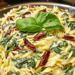 - 1 cup orzo pasta - 2 cups vegetable broth - 1 cup fresh spinach, roughly chopped - 1/2 cup sun-dried tomatoes, chopped (preferably in oil for enriched flavor) - 1/2 cup heavy cream or coconut cream (choose coconut cream for a dairy-free option) - 1/2 cup freshly grated Parmesan cheese (or nutritional yeast for a vegan substitute) - 2 cloves garlic, minced - 1 small onion, finely chopped - 1 tablespoon olive oil - Salt and freshly cracked black pepper to taste - Fresh basil leaves for garnish You can swap orzo with gluten-free pasta. This keeps the dish safe for those with gluten issues. For a vegan option, use coconut cream and nutritional yeast. They give great flavor and creaminess without dairy. If you want more greens, add kale or arugula. Both add color and nutrients. When selecting sun-dried tomatoes, look for those packed in oil. They add more flavor. For fresh spinach, pick vibrant, green leaves. Avoid wilted or yellowed ones. Choose a good-quality olive oil; it enhances the dish's taste. Finally, always opt for freshly grated Parmesan. Pre-grated cheese lacks flavor and texture. To make creamy spinach sun-dried tomato orzo, start by gathering your ingredients. You will need orzo pasta, vegetable broth, fresh spinach, sun-dried tomatoes, heavy cream, Parmesan cheese, garlic, onion, olive oil, salt, and pepper. This dish takes about 30 minutes to prepare and serves four people. Heat the olive oil in a large skillet over medium heat. Add the chopped onion and cook for 3-4 minutes until it turns soft and clear. Then, add the minced garlic. Cook for one more minute to let the garlic aroma fill your kitchen. Next, add the orzo pasta to the skillet. Stir it well to coat it in oil. Toast the orzo for about 2 minutes. This step adds a nice earthy flavor to the dish. After toasting, pour in the vegetable broth. Bring the mixture to a boil, then reduce the heat to low. Cover the pan and let it simmer for 10-12 minutes. Stir it occasionally until most of the liquid is absorbed. When the orzo is tender, mix in the sun-dried tomatoes and spinach. Lower the heat and add the heavy cream and grated Parmesan cheese. Stir until the sauce is creamy. Season with salt and pepper. Let it rest for a few minutes before serving. Garnish with fresh basil leaves for a colorful touch. To get that perfect creamy texture, I suggest using heavy cream. If you prefer a dairy-free option, coconut cream works well too. Adding freshly grated Parmesan cheese enhances the creaminess even more. Mix everything together on low heat until it becomes smooth. This gentle heat helps the cheese melt into the dish. Always stir continuously to avoid lumps. One common mistake is cooking the orzo too long. Overcooked orzo turns mushy and loses its nice bite. Another mistake is not using enough liquid. The orzo needs enough broth to absorb flavors. Skip the salt until the end; you can always add more. Lastly, don’t rush the resting time. Letting the dish sit helps the flavors blend beautifully. You need a large skillet or saucepan for this dish. A wooden spoon is perfect for stirring the orzo. Use a sharp knife for chopping your garlic and onions. A measuring cup helps ensure you get the right amount of broth and cream. Finally, a heat-resistant spatula makes serving easy and mess-free. {{image_4}} You can make this dish vegan by swapping heavy cream for coconut cream. Coconut cream gives a rich texture without dairy. Nutritional yeast is a great cheese substitute. It adds a cheesy flavor and is packed with vitamins. Use about half a cup of nutritional yeast to replace the cheese. This way, you get a creamy, dairy-free delight without losing taste. Feel free to mix in other veggies you love. Some great options include: - Cherry tomatoes: They add a burst of sweetness. - Bell peppers: They offer crunch and color. - Zucchini: It blends well and adds nutrients. You can add these vegetables during the last few minutes of cooking. This keeps them fresh and vibrant. If you want to add protein, consider these options. Chickpeas are a great plant-based choice. They add fiber and protein. Just stir in one can of drained chickpeas when you add the spinach. If you prefer meat, cooked chicken works well. Add it when you mix in the sun-dried tomatoes. Shrimp is another tasty option. Sauté shrimp in the pan before adding the garlic. This gives a nice flavor to the dish. These variations help you customize your orzo. Try them out to find your favorite mix! To store your creamy spinach sun-dried tomato orzo, first let it cool. Use a clean, airtight container. This helps keep the dish fresh. You can store it in the fridge for up to three days. Make sure to label the container with the date. This way, you know when it was made. When reheating, use a skillet for even warming. Add a splash of vegetable broth to keep it creamy. Stir often over medium heat. You can also use the microwave. Heat it in short bursts. Stir between each burst to ensure even heating. This keeps the texture nice and creamy. For longer storage, you can freeze this dish. Use a freezer-safe container and leave some space at the top. The orzo will expand as it freezes. This dish can last up to three months in the freezer. To thaw, move it to the fridge overnight. Then, reheat as mentioned above. Yes, you can use gluten-free orzo. Look for brands that offer good texture. Cook it just like regular orzo. Keep an eye on the time, as gluten-free pasta may cook faster. You can easily make this a one-pot meal. Simply follow the steps in the recipe. Start by sautéing the onion and garlic in your pot. Then add the orzo and broth. This method saves on cleanup and keeps all the flavors in one place. This dish pairs well with many sides. Try a simple green salad or garlic bread. You can also serve it with grilled chicken or shrimp for extra protein. A glass of white wine can make it extra special. This blog post covered how to make creamy spinach sun-dried tomato orzo. You learned about key ingredients, substitutions, and tips for choosing quality items. I walked you through the cooking steps and shared tricks for a perfect texture. We explored variations, including vegan options and added proteins. Lastly, I provided storage tips and answered common questions. Now, you can create a tasty dish with confidence. Enjoy your orzo adventure!