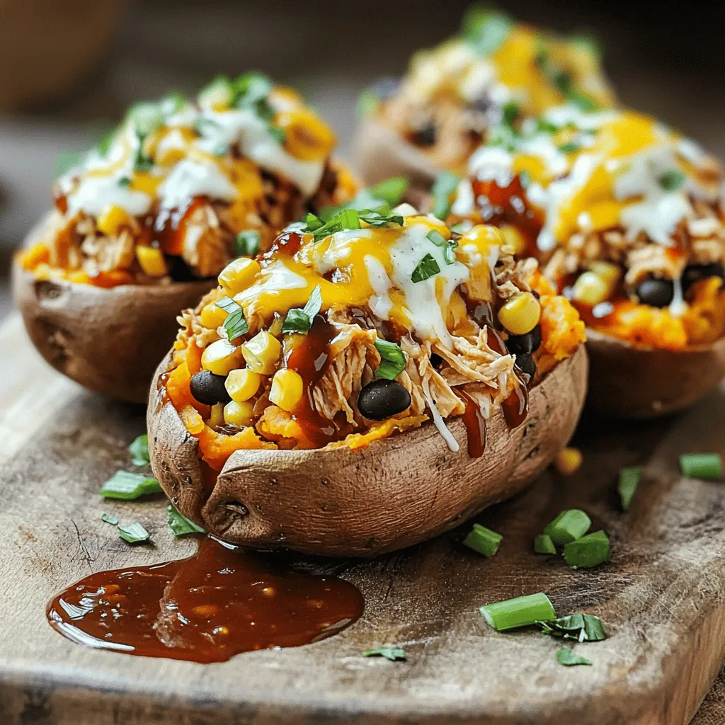 To make BBQ Ranch Chicken Stuffed Sweet Potatoes, you need these tasty ingredients: - 4 medium-sized sweet potatoes - 2 cups cooked chicken, shredded - 1/2 cup BBQ sauce - 1/4 cup ranch dressing - 1 cup corn (canned or frozen, thawed if frozen) - 1/2 cup black beans, rinsed and drained - 1 cup shredded cheddar cheese - 1/4 cup chopped green onions - Salt and pepper, to taste - Fresh cilantro, for garnish (optional) Each ingredient plays a key role in making this dish delicious. The sweet potatoes are soft and sweet. The chicken adds protein and pairs well with the BBQ sauce. The ranch dressing gives a creamy touch. Corn and black beans add color and texture. Finally, cheese melts beautifully on top, while green onions and cilantro bring freshness. You can mix and match your favorites for a fun twist! Start by preheating your oven to 400°F (200°C). This step ensures the sweet potatoes bake evenly. Rinse four medium-sized sweet potatoes under cool water. Use a fork to poke several holes in each potato. These holes let steam escape while baking. Place them on a baking sheet and put them in the oven. Bake for 45-60 minutes, or until tender. While the sweet potatoes bake, grab a large mixing bowl. Add 2 cups of shredded chicken, 1/2 cup of BBQ sauce, and 1/4 cup of ranch dressing. Toss in 1 cup of corn and 1/2 cup of rinsed black beans. Season with salt and pepper. Stir everything together until well mixed. When the sweet potatoes are done, take them out of the oven. Let them cool for a few minutes. Carefully cut each potato in half lengthwise. Use a fork to fluff the insides gently. This creates room for the filling. Spoon the BBQ ranch chicken mixture into each sweet potato half. Pack the filling in well for the best flavor. Sprinkle 1 cup of shredded cheddar cheese over the stuffed potatoes. Make sure to cover the filling completely. Put the stuffed sweet potatoes back into the oven for another 10-15 minutes. Bake until the cheese melts and bubbles at the edges. After baking, take them out and sprinkle chopped green onions on top. This adds a fresh crunch and color. If you want, add fresh cilantro on top before serving. This gives a burst of flavor and a nice look. To cook sweet potatoes well, start with good ones. Look for firm potatoes with smooth skin. Wash them under cool water. Use a fork to poke holes all over. This helps steam escape. Bake them at 400°F for 45 to 60 minutes. They should feel soft when done. The inside will be sweet and fluffy. For tender chicken, use cooked, shredded chicken. It can be from a rotisserie or leftover chicken. If you cook it yourself, boil it until it’s done. Shred it while it’s warm for easier handling. Combine the chicken with BBQ sauce and ranch dressing. This mix keeps the chicken moist and flavorful. You can switch up the BBQ sauce for a different taste. Try a spicy sauce for a kick. If you want a sweet flavor, use honey BBQ sauce. For ranch dressing, you can make your own. Mix Greek yogurt, garlic powder, and herbs for a fresh taste. Experimenting helps you find your favorite blend! {{image_4}} To make this dish vegetarian, swap the chicken with a mix of vegetables. Use 2 cups of cooked quinoa or brown rice instead. Add in some sautéed bell peppers, zucchini, and mushrooms for flavor. The BBQ sauce and ranch dressing will still work well with these veggies. This option is hearty and full of good nutrients. If you like heat, try adding some spice! Mix in diced jalapeños or a splash of hot sauce to the chicken filling. You can also replace the BBQ sauce with a spicy version. Use pepper jack cheese instead of cheddar for an extra kick. This twist will make your taste buds dance! Toppings can elevate your stuffed sweet potatoes. Try adding sliced avocado for creaminess. A dollop of sour cream can add a nice tang. Fresh herbs like cilantro or parsley bring a bright flavor. You can also sprinkle crispy bacon bits for a savory crunch. Get creative with what you love! To keep your BBQ ranch chicken stuffed sweet potatoes fresh, place them in an airtight container. Let them cool to room temperature first. They will stay good in the fridge for up to four days. If you notice any moisture, use a paper towel to absorb it. This keeps the filling from getting soggy. When you’re ready to enjoy leftovers, preheat your oven to 350°F (175°C). Place the stuffed sweet potatoes on a baking sheet. Cover them with foil to prevent drying out. Heat for about 20 minutes or until warm. You can also use the microwave for quick reheating. Just place a stuffed potato on a microwave-safe plate and heat for about 2-3 minutes. If you want to save some for later, freezing is a great option. Wrap each stuffed sweet potato tightly in plastic wrap or aluminum foil. Place them in a freezer-safe bag or container. They can last up to three months in the freezer. When you’re ready to eat, let them thaw in the fridge overnight before reheating. Yes, you can use regular potatoes. They will taste different. Sweet potatoes add a nice sweetness. Regular potatoes are starchier and not as sweet. If you choose regular potatoes, bake them until soft. You can use Greek yogurt for a healthier twist. Sour cream works well, too. If you want a different flavor, try blue cheese dressing. You can mix in herbs for extra taste. Use less cheese and swap BBQ sauce for a low-sugar version. Add more veggies like bell peppers or spinach to the filling. You can also use grilled chicken instead of fried. Yes, you can prepare the filling a day ahead. Store it in the fridge until you’re ready to bake. Just stuff the sweet potatoes before baking. This makes dinner quick and easy! This post covered all you need for stuffed sweet potatoes. You learned about the ingredients, steps, and tips. Variations let you tailor the dish to your taste. Storing leftovers and reheating is easy. Stuffed sweet potatoes are simple and fun to make. I hope you enjoy creating your own versions. Get cooking and savor every bite!