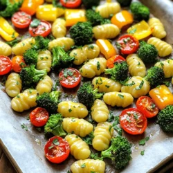 - 1 pound potato gnocchi - 2 cups fresh broccoli florets - 1 cup cherry tomatoes, halved - 1 cup assorted bell peppers, sliced - 4 tablespoons unsalted butter, melted - 4 cloves garlic, finely minced - 1 teaspoon dried oregano - 1 teaspoon sea salt - ½ teaspoon freshly cracked black pepper - Fresh parsley, finely chopped For this dish, I recommend using a pound of potato gnocchi. You can find it in many stores. You’ll need two cups of fresh broccoli florets. They add great color and crunch. Use one cup of cherry tomatoes, sliced in half. These add sweetness. Choose one cup of assorted bell peppers for a rainbow look. I like yellow, red, and green. When it comes to the garlic butter mixture, use four tablespoons of unsalted butter. Melt it to mix well with four cloves of minced garlic. Add one teaspoon of dried oregano, sea salt, and half a teaspoon of black pepper. Adjust any seasoning to suit your taste. For a twist, try adding spices like paprika or chili flakes. If you want to change the veggies, use zucchini or carrots. These work well too. Always remember to keep the flavors balanced. This way, each bite stays tasty and fun! Preheating the Oven Start by preheating your oven to 400°F (200°C). This step warms up the oven, ensuring even cooking for the gnocchi and veggies. Preparing Vegetables Next, wash and chop your vegetables. You need 2 cups of fresh broccoli florets, 1 cup of halved cherry tomatoes, and 1 cup of assorted sliced bell peppers. Make sure to use colorful bell peppers for a beautiful dish. Keep the veggies in a large bowl so they are easy to mix later. Combining Gnocchi and Veggies In that same large bowl, add 1 pound of potato gnocchi to your vegetables. Toss them gently to combine. This mixing helps the flavors to blend and create a tasty meal. Making the Garlic Butter Sauce In a small bowl, melt 4 tablespoons of unsalted butter. You can do this in the microwave. Once melted, add 4 minced garlic cloves, 1 teaspoon of dried oregano, 1 teaspoon of sea salt, and ½ teaspoon of freshly cracked black pepper. Whisk this mixture until well combined. The garlic butter will add a rich taste to the dish. Spreading Ingredients on Baking Sheet Now, drizzle the garlic butter sauce over the gnocchi and veggies. Use a spatula to toss everything together. This ensures every piece gets coated. Then, spread the mixture evenly on a parchment-lined baking sheet. This way, the ingredients won’t stick. Baking Time and Temperature Place your baking sheet in the preheated oven. Bake for about 20-25 minutes. Watch closely for the veggies to become tender and the gnocchi to turn golden. Stirring for Even Roasting Halfway through baking, take the sheet out and stir the contents. This step helps everything roast evenly, giving you a perfect golden color. When done, let it cool for a few minutes before serving. Cooking Time Adjustments Cooking time can vary based on your oven. Start with 20 minutes and check for doneness. If the gnocchi are not golden and the veggies are still firm, add 5 more minutes. Always trust your eyes. Ensuring Even Roasting To roast evenly, spread the gnocchi and veggies in a single layer. Crowding the pan can lead to steaming, not roasting. Stir the mix halfway through to promote even browning. This keeps everything crispy and tasty. Serving Suggestions For a beautiful presentation, use a large platter or individual bowls. Arrange the gnocchi and veggies in a colorful pattern. This makes the dish look inviting and fun. Garnishing with Fresh Herbs A sprinkle of parsley adds freshness and color. You can also use basil or chives for a different flavor. Just chop them finely and sprinkle on top right before serving. It enhances both look and taste. Adding Cheese or Additional Spices Cheese can take this dish to the next level. Try adding grated Parmesan or crumbled feta. You can also mix in red pepper flakes for a spicy kick. This customization gives each bite a unique twist. Customizing with Seasonal Vegetables Feel free to swap out veggies based on what’s in season. Zucchini, carrots, or asparagus work well. Each vegetable brings its own flavor and texture, making the dish exciting every time you make it. {{image_4}} - Gluten-Free Gnocchi: You can find gluten-free gnocchi made from rice or corn. This swap keeps the dish tasty and friendly for gluten-free diets. - Different Vegetables Combinations: Feel free to mix and match veggies. Zucchini, carrots, or asparagus add different colors and flavors. Use what you have on hand for a fun twist. - Herb Variations: Try using fresh rosemary or thyme instead of oregano. These herbs bring a new depth to the dish. You can also mix in fresh basil for a fragrant touch. - Adding Protein: Want to add more substance? Toss in cooked chicken or shrimp. They pair well with the gnocchi and make the meal heartier. - Stovetop Option: For a quick meal, you can cook everything in a skillet. Just sauté the veggies first, then add the gnocchi and sauce. This method cuts down on cooking time. - Air-Fryer Adaptation: If you own an air fryer, use it! Cook the gnocchi and veggies in batches for a crispy finish. Adjust the cooking time to about 15-20 minutes at 375°F (190°C) for a delightful outcome. To keep your Sheet-Pan Garlic Butter Gnocchi and Veggies fresh, store leftovers in an airtight container. This helps prevent moisture loss and keeps flavors intact. Place the container in the fridge. It’s best to use the leftovers within 3 days for the best taste and texture. When you’re ready to enjoy the leftovers, reheating is easy. For the best results, use an oven. Preheat your oven to 350°F (175°C). Spread the gnocchi and veggies on a baking sheet. Heat for about 10-15 minutes until warm. This method keeps the dish crisp. You can also use a microwave if you’re in a hurry. Place a portion in a microwave-safe bowl and cover it with a lid or a damp paper towel. Heat for 1-2 minutes, stirring halfway through. Just be careful, as this method may make the gnocchi a bit soft. Yes, you can use frozen gnocchi. Just add them straight from the freezer. No need to thaw first. They will cook well in the oven. The cooking time may be a bit longer, around 5 minutes more. This keeps the dish easy and quick. You know the dish is done when the veggies are tender. The gnocchi should turn a light golden color. If you stir halfway through, it helps with even cooking. A fork can be used to check if the veggies are soft. This recipe shines with colorful veggies. Fresh broccoli, cherry tomatoes, and bell peppers work great. You can also add zucchini or carrots for extra flavor. Feel free to mix and match your favorites for more variety. Yes, you can prepare this dish ahead of time. You can mix the gnocchi and veggies with the garlic butter. Store in the fridge for up to 24 hours. Just bake when you are ready to eat. This makes it perfect for busy days. Absolutely! This dish is great for meal prep. You can store leftovers in airtight containers. They will keep well in the fridge for 3-4 days. Reheat in the oven or microwave. Enjoy a quick and tasty meal all week long! This blog post shared a simple and tasty recipe for baked potato gnocchi. You learned about key ingredients, steps to prepare, and tips for perfecting the dish. There are many ways to adjust flavors and make it your own. Remember, you can use different veggies or cooking methods based on your taste. Enjoy this easy meal, whether fresh from the oven or reheated. Be creative and have fun in the kitchen!