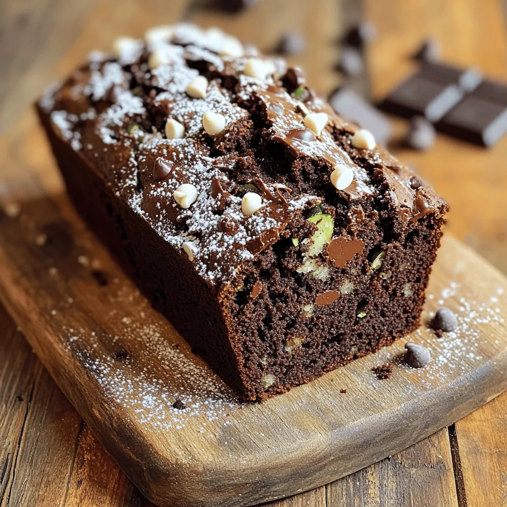 To make the best triple chocolate zucchini bread, you need these key ingredients: - 1 ½ cups freshly grated zucchini (about 1 medium zucchini, pressed to remove extra moisture) - 1 cup all-purpose flour - ½ cup unsweetened cocoa powder - ½ teaspoon baking soda - ½ teaspoon baking powder - ¼ teaspoon fine salt - ½ teaspoon ground cinnamon - ½ cup granulated sugar - ½ cup packed brown sugar - ½ cup vegetable oil (you can swap this with coconut oil for a unique taste) - 2 large eggs - 1 teaspoon pure vanilla extract - ½ cup semi-sweet chocolate chips - ½ cup creamy white chocolate chips - ½ cup dark chocolate chunks Each ingredient plays a role in creating a rich and moist bread. The zucchini adds moisture, while the sugars bring sweetness. The cocoa powder and chocolate chunks provide that delightful chocolate flavor. Don't skip pressing the zucchini; it keeps your bread from becoming too wet. First, preheat your oven to 350°F (175°C). This step warms your oven and helps the bread bake evenly. Next, grab a 9x5 inch loaf pan. Grease it well with butter or non-stick spray. Greasing is key. It helps the bread slide out easily after baking. Now, let’s mix the dry ingredients. In a medium bowl, combine: - 1 cup all-purpose flour - ½ cup unsweetened cocoa powder - ½ teaspoon baking soda - ½ teaspoon baking powder - ¼ teaspoon fine salt - ½ teaspoon ground cinnamon Whisk these together until you see no lumps. This step blends flavors and helps the bread rise nicely. In a large bowl, whisk together: - ½ cup granulated sugar - ½ cup packed brown sugar - ½ cup vegetable oil Mix until smooth. Now, add 2 large eggs, one at a time. Whisk well after each egg. This keeps the batter light and fluffy. Next, stir in 1 teaspoon pure vanilla extract. Then, fold in 1 ½ cups freshly grated zucchini. Be gentle! You want to mix it well but not break down the zucchini too much. Now, gradually fold the dry mix into the wet mix. Stir gently until just combined. Overmixing can make the bread tough. Finally, fold in: - ½ cup semi-sweet chocolate chips - ½ cup creamy white chocolate chips - ½ cup dark chocolate chunks Now your batter is ready! To avoid overmixing, mix the batter until just combined. Overmixing makes the bread dense. Use a rubber spatula to gently fold in the dry ingredients. To check for doneness, insert a toothpick into the center of the bread. If it comes out clean or with a few moist crumbs, it's ready. If wet batter clings to the toothpick, bake it longer. Pressing zucchini helps remove excess moisture. This makes a better bread. After grating, wrap the zucchini in a clean kitchen towel. Squeeze it to get rid of extra liquid. Choose medium-sized zucchini for the best results. This size has a good balance of moisture and flavor. Small zucchini may be too watery, and large ones can be tough. For an elegant display, slice the bread and arrange pieces on a wooden board. Dust the slices with powdered sugar for a nice touch. You can add toppings for extra allure. Try chocolate shavings or a dollop of whipped cream. A scoop of vanilla ice cream pairs well too, making each bite a delight. {{image_4}} You can swap coconut oil for vegetable oil in this recipe. Coconut oil adds a rich flavor. It also makes the bread moist. Feel free to use different types of chocolate. You can try milk chocolate, dark chocolate, or even white chocolate. Each type gives a unique taste. Mix and match to find your favorite. For a crunchy twist, add nuts or seeds. Walnuts or sunflower seeds work well. They add texture and flavor. You can also sprinkle in some spices. Nutmeg or ginger can enhance the taste. Just a pinch can make a big difference. These add-ins create a new experience with every bite. Pair this bread with ice cream or whipped cream. The cold creaminess balances the warm bread. It makes a perfect dessert. You might also enjoy it with a cup of coffee or tea. These drinks complement the chocolate flavors. Experiment with your favorites to find the best combo. To keep your triple chocolate zucchini bread fresh, store it at room temperature. Wrap it tightly in plastic wrap or place it in an airtight container. This helps keep the moisture in. If you live in a hot or humid area, the fridge is a better choice. It will last longer there, but it may dry out a bit. If you have leftovers, freezing is a great option. First, let the bread cool completely. Slice it into pieces for easy thawing. Wrap each slice in plastic wrap and then place them in a freezer bag. Make sure to remove as much air as possible. You can freeze it for up to three months. When you’re ready to enjoy it, you have a few thawing options. You can leave it on the counter for a few hours. Or, if you're in a hurry, use the microwave. Heat it for about 15 to 20 seconds. This will bring back its soft texture. Enjoy your delicious treat anytime! Yes, you can use frozen zucchini. First, thaw the zucchini completely. Then, drain it well to remove excess water. Use a clean kitchen towel to press out even more moisture. This step is key. Too much moisture can make your bread soggy. If you follow these tips, frozen zucchini works just fine in your triple chocolate zucchini bread. The bread lasts about 3 to 4 days at room temperature. Make sure you store it in an airtight container. If you keep it in the fridge, it can last up to a week. The cool air helps slow down the spoilage. Just remember, the bread tastes best fresh! You can replace eggs with several vegan options. Use 1/4 cup unsweetened applesauce for each egg. You can also use 1/4 cup mashed banana. Another choice is 1 tablespoon ground flaxseed mixed with 2.5 tablespoons water. Let it sit for a few minutes until it thickens. All these options work well and keep your bread moist and tasty. You learned how to make delicious zucchini bread from fresh ingredients. We covered mixing dry and wet ingredients, baking tips, and creative serving ideas. Remember to press your zucchini to manage moisture. Try different flavors with nuts or spices to make it your own. Store it correctly to keep it fresh. I hope you feel inspired to bake and enjoy this treat. Happy baking!
