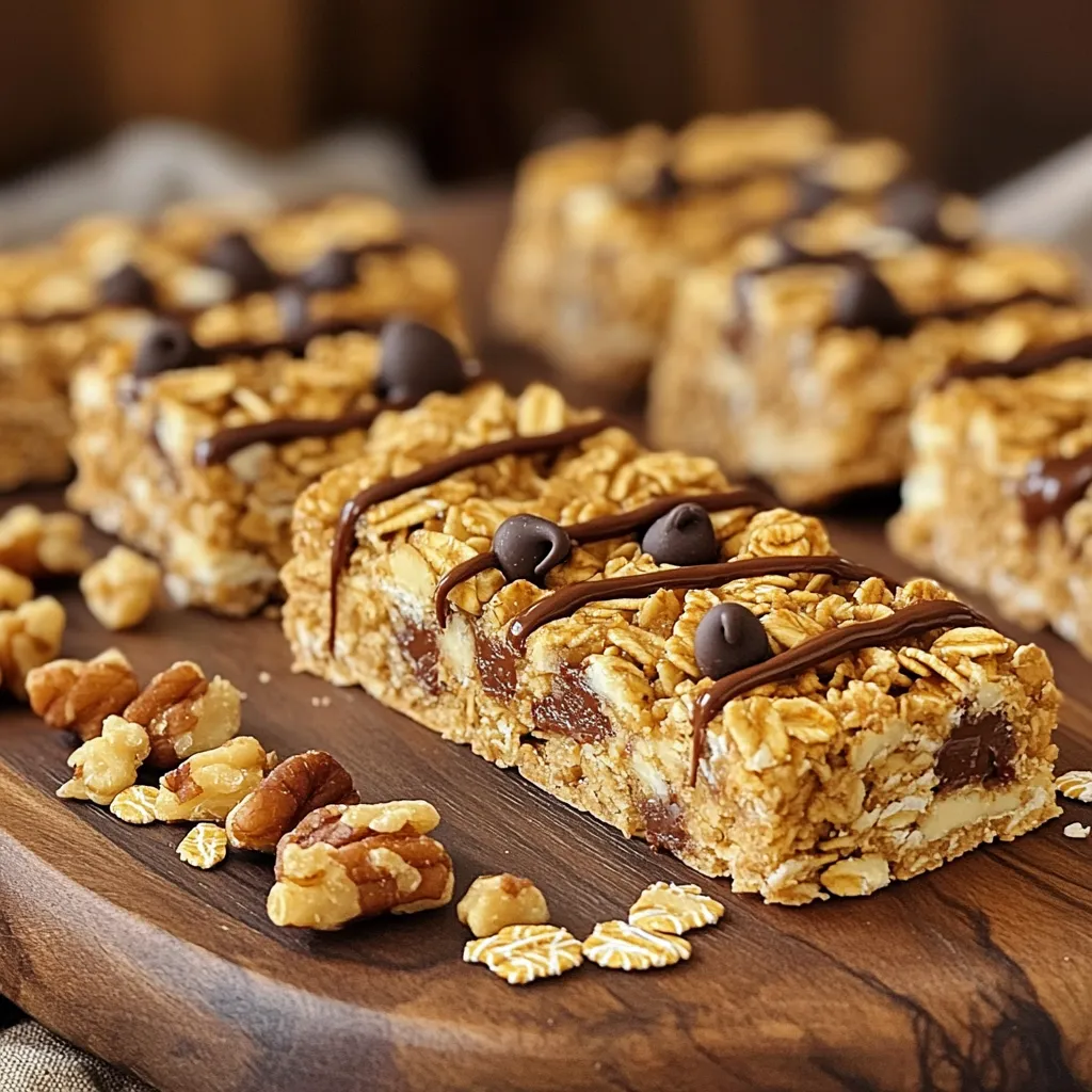 - 2 cups rolled oats - 1 cup almond butter (or substitute with peanut butter) - 1/2 cup honey (or use maple syrup for a vegan alternative) These main ingredients form the base of our bars. Rolled oats give them a hearty texture and keep you full. Almond butter is creamy and rich. You can swap it for peanut butter if you prefer that flavor. Honey adds sweetness and helps bind everything together. If you want a vegan option, maple syrup works just as well. - 1/2 cup chopped nuts (such as almonds, walnuts, or pecans) - 1/4 cup chia seeds (optional) - 1/2 cup mini chocolate chips Optional add-ins let you customize your bars. Chopped nuts add crunch and healthy fats. You can use any nuts you love. Chia seeds are great for extra nutrients. Mini chocolate chips make the bars even more delicious. You can add as many as you like. - 1 teaspoon vanilla extract - A pinch of salt Flavor enhancers are key to making your bars pop. Vanilla extract adds depth and warmth. A little salt balances the sweetness and brings out flavors. Don’t skip these ingredients; they make a big difference. - Prepare and line the baking dish: Start by taking an 8x8 inch baking dish. Line it with parchment paper, letting some paper hang over the sides. This helps lift the bars out later. - Mix the wet ingredients: In a small saucepan, combine 1 cup of almond butter and 1/2 cup of honey (or maple syrup). Heat it on low, stirring until it melts and becomes smooth. Once smooth, take it off the heat and mix in 1 teaspoon of vanilla extract and a pinch of salt. - Combine dry ingredients: In a large bowl, mix 2 cups of rolled oats, 1/2 cup of chopped nuts, and 1/4 cup of chia seeds if you like. - Fold in chocolate chips: Gently fold in 1/2 cup of mini chocolate chips. This way, they spread evenly without melting too much. - Transfer mixture to the pan: Pour the mixture into your lined baking dish. Use a spatula or your hands to press it down firmly. This helps the bars stick together. - Chill and cut into bars: Put the dish in the fridge for at least 1 hour. Once firm, lift the granola out using the parchment paper. Place it on a cutting board and cut it into bars or squares. - Store the bars in an airtight container. - Keep them in a cool, dry place. - For longer storage, use the fridge. - To prevent chewiness, avoid high humidity when storing. - Swap honey for agave nectar as a sweetener. - Use sunflower seed butter for a nut-free option. - Substitute oats with puffed rice for a lighter texture. - Add dried fruits like cranberries or raisins for extra sweetness. - Serve bars on a colorful plate for a fun look. - Drizzle melted chocolate over the top for extra flair. - Pair these bars with fresh fruit or yogurt. - Enjoy them with a glass of milk for a tasty snack. {{image_4}} You can easily change the flavor of your granola bars. Adding dried fruits like cranberries or apricots gives a sweet touch. You can also mix in spices like cinnamon or nutmeg for warmth. If you want nut-free bars, simply skip the nuts. Instead, you can add more seeds or coconut flakes. This keeps the crunch while making it safe for those with nut allergies. If you need gluten-free options, use certified gluten-free oats. They will keep your bars tasty and safe. For vegan or paleo diets, switch honey with maple syrup. Almond butter can also be replaced with sunflower seed butter. These swaps keep the bars delicious and adaptable to your needs. Try using seasonal ingredients to give your bars a twist. In fall, add pumpkin spice for a cozy flavor. During winter, top your bars with dark chocolate or crushed peppermint for a festive vibe. You can even add colorful sprinkles for birthdays or special events. These small changes can make your no-bake chocolate chip granola bars exciting all year long. To keep your no-bake chocolate chip granola bars fresh, store them in airtight containers. This helps prevent them from drying out. Ziplock bags are also a good option, but they may not keep the bars as fresh. The best shelf life for these bars is about one week at room temperature. If you want them to last longer, consider freezing. To freeze your granola bars, first cut them into individual pieces. Wrap each bar in plastic wrap or foil. Place the wrapped bars in a freezer-safe container or bag. This method keeps them fresh for about three months. When you are ready to eat them, take out the bars and let them defrost in the fridge. For the best texture, avoid microwaving them to defrost. You can tell if your bars have gone bad by checking for any off smells or changes in texture. If they feel overly hard or crumbly, it’s a sign they may not be good. Stale bars can still be used in fun ways! Try crumbling them over yogurt or ice cream for a tasty dessert. Yes, you can! If you want to skip nuts, use sunflower seed butter instead of almond butter. It gives a similar texture and flavor. You can also try soy nut butter as another nut-free option. Both work well in keeping the bars tasty and chewy. Just remember to check labels to ensure no nuts are in your products. To keep your granola bars from being too sticky, make sure to measure your honey or syrup carefully. Too much can cause stickiness. Another tip is to chill the mixture longer before cutting. Pressing the mix down firmly in the pan helps too. If they still stick, try lightly dusting the knife with a bit of flour or cooking spray. You can use quick oats, but the texture will change. Quick oats are finer and can make the bars softer. Rolled oats give a chewier bite, which I prefer. If you use quick oats, watch the cooking time. They tend to absorb moisture quicker, so you may need less liquid in your mix. You learned how to make no-bake chocolate chip granola bars with simple ingredients. We covered main ingredients, optional add-ins, and tasty variations. Customizing these bars ensures they fit your taste and dietary needs. Storing them correctly will keep them fresh, too. Enjoy these bars as snacks or dessert. They are easy to make and fun to share. You can create many flavors to keep things exciting. Get creative with your choices and have fun in the kitchen!