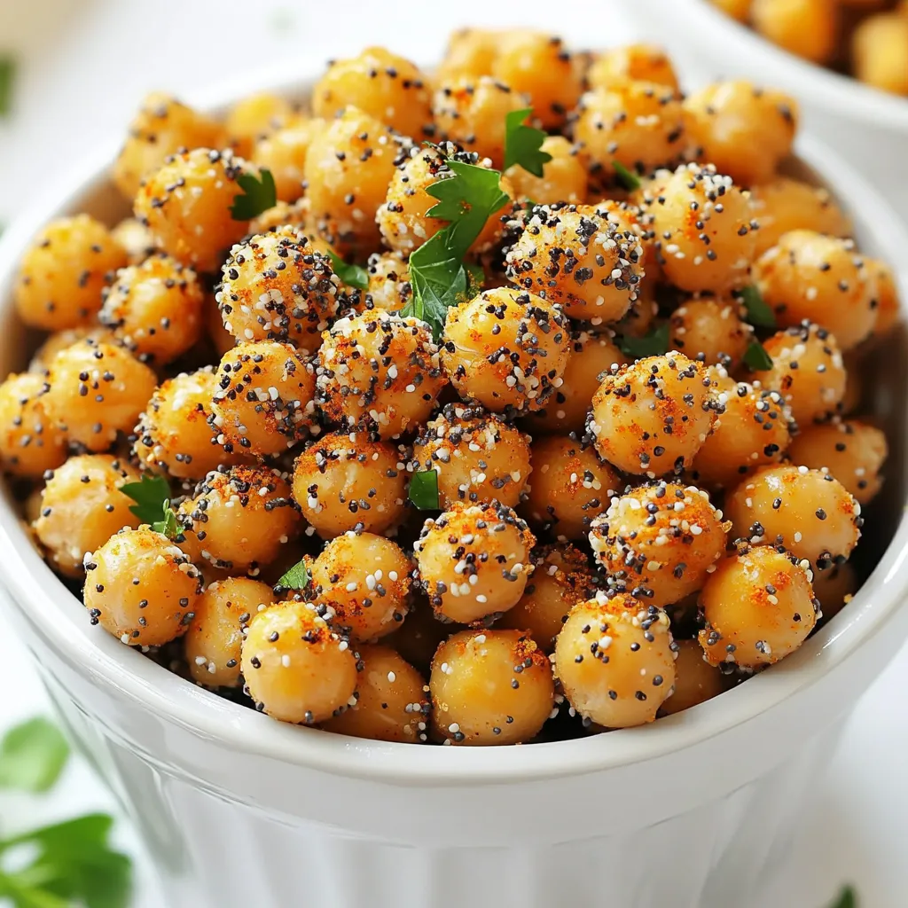 - 1 can (15 oz) chickpeas, drained and rinsed Chickpeas are the star of this dish. They hold flavor well and become crunchy in the air fryer. Always rinse them to remove any canning liquid. This step ensures they crisp up nicely. - 1 tablespoon olive oil - 2 tablespoons everything bagel seasoning - 1 teaspoon garlic powder - 1 teaspoon onion powder - Salt, to taste The magic happens with the seasonings. Olive oil helps the spices stick and adds richness. Everything bagel seasoning gives a savory kick. The garlic and onion powders add depth. Don’t forget the salt! It enhances all the flavors. - Fresh parsley or chives, finely chopped, for garnish Garnishes can elevate your dish. Fresh herbs add color and freshness. They also brighten the flavor of the chickpeas. You can skip this step, but it makes a fun difference. Start by preheating your air fryer to 400°F (200°C). This takes about 5 minutes. Preheating is key for crispy chickpeas. A hot air fryer cooks them evenly and helps them brown nicely. Next, grab a can of chickpeas. Drain and rinse them under cold water. This removes any canning liquid. After rinsing, spread them on a paper towel. Pat them dry gently. Dry chickpeas get crunchier when cooked. In a large bowl, add the dried chickpeas. Then, pour in 1 tablespoon of olive oil. Sprinkle 2 tablespoons of everything bagel seasoning, 1 teaspoon of garlic powder, 1 teaspoon of onion powder, and salt to taste. Mix well using a spatula or your hands. Make sure each chickpea is coated in the tasty mix. Carefully place the seasoned chickpeas in the air fryer basket. Spread them out in a single layer. This helps them cook evenly. Air fry for 12-15 minutes. Shake the basket halfway through to ensure they crisp up all over. Keep an eye on them to reach a golden brown color. Once done, take the chickpeas out of the air fryer. Let them cool for a few minutes to enhance their crunch. For a pop of color, you can garnish them with chopped parsley or chives. This adds a fresh touch to your crispy delight. Enjoy your tasty snack! To get the best crunch from your chickpeas, start with dry ones. After rinsing, spread them on a paper towel. Pat them dry to remove extra moisture. This key step makes a big difference. Preheat your air fryer to 400°F (200°C) for 5 minutes. This heat is perfect for crisping. When you air fry, arrange the chickpeas in a single layer. This helps them cook evenly. Shake the basket halfway through cooking to ensure all sides get crispy. If you see them turning golden, you’re on the right path! Feel free to play with flavors! You can swap everything bagel seasoning for taco seasoning for a spicy twist. Adding smoked paprika gives a nice, smoky taste. If you want something sweet, try cinnamon and sugar. You can also mix in some cayenne pepper for heat. Experiment with herbs like rosemary or thyme to find your favorite flavor. The best part is that you can go wild and create a blend that suits your taste! These chickpeas are great on their own, but you can make them even better. Serve them warm in a bowl. Pair them with a dip like hummus or yogurt sauce for a tasty snack. You can also sprinkle fresh parsley or chives on top for a pop of color. They make a perfect topping for salads or grain bowls. Feel free to get creative! {{image_4}} To make spicy everything bagel chickpeas, add heat to your mix. Start with the base recipe. Then, toss in some cayenne pepper or crushed red pepper flakes. Use about half a teaspoon or more if you love spice. This adds a nice kick. You can also add a splash of hot sauce for extra flavor. The heat works well with the savory bagel seasoning. Enjoy the crispiness with a spicy twist! For a fresh herb twist, focus on the herbs. Replace the everything bagel seasoning with a mix of dried herbs. Try oregano, thyme, or dill. You can use about one tablespoon of your chosen herbs. This gives a bright flavor that pairs well with the chickpeas. Feel free to add lemon zest for citrus notes. The herbed chickpeas are perfect as a snack or salad topper. For a sweet treat, switch things up with sweetness. Use the base recipe but swap the everything bagel seasoning for cinnamon sugar. Mix two tablespoons of sugar with one teaspoon of cinnamon. Toss the chickpeas in this mix after air frying. You can even drizzle a bit of honey or maple syrup for extra sweetness. This variation is great for a fun dessert snack. It’s a unique way to enjoy chickpeas! To store leftover chickpeas, let them cool completely. Place them in an airtight container. You can keep them in the fridge for up to four days. Make sure they are not too hot when you store them. Hot chickpeas can create steam and make them soft. When you want to reheat your chickpeas, use the air fryer again for best results. Preheat your air fryer to 350°F (175°C). Spread the chickpeas in a single layer in the basket. Heat them for about 5-7 minutes. This will help them regain their crunch. You can also use the oven. Spread the chickpeas on a baking sheet and bake at 350°F for a similar time. You can freeze these chickpeas if you have extras. First, let them cool down. Then, place them in a freezer-safe bag or container. Seal tightly to prevent freezer burn. They can last in the freezer for up to three months. When you're ready to eat them, thaw in the fridge overnight before reheating. Yes, you can use dried chickpeas. First, soak them overnight in water. Then, cook them until tender. This step takes longer but adds a great texture. Everything bagel seasoning is a mix of seeds and spices. It usually includes sesame seeds, poppy seeds, garlic, onion, and salt. This blend gives your chickpeas a unique flavor. These chickpeas can last up to five days in an airtight container at room temperature. If you want them fresh, eat them soon after cooking. Yes, you can bake these in the oven. Spread the seasoned chickpeas on a baking sheet. Bake at 400°F (200°C) for about 20-25 minutes. Shake the pan halfway through cooking for even crispiness. This blog post covered how to make delicious air-fried chickpeas. We discussed essential ingredients, like chickpeas and exciting seasonings. You learned step-by-step instructions to prep and fry your snacks. We explored tips to boost crispiness and detailed different flavor variations. Finally, I shared storage info and answered common questions. Enjoy making these tasty snacks that can please anyone's palate. Whether spicy or herbed, you have the tools you need to create great chickpeas at home. Dive in and have fun experimenting!