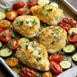 - 4 boneless, skinless chicken breasts - 1 cup freshly grated Parmesan cheese - 1 cup panko breadcrumbs - 2 teaspoons garlic powder - 1 teaspoon Italian seasoning - 1/2 teaspoon smoked paprika - 1/2 teaspoon freshly cracked black pepper - 1/2 teaspoon sea salt - 2 tablespoons extra virgin olive oil - 1 cup cherry tomatoes, halved - 1 medium zucchini, sliced into rounds - 1 large red bell pepper, sliced into strips - Fresh parsley, finely chopped, for garnish - 1 cup of grated Parmesan cheese is about 100 grams. - 1 cup of panko breadcrumbs is also about 100 grams. - 2 tablespoons of olive oil equals 30 milliliters. - Choose fresh chicken breasts with no discoloration. - Look for real Parmesan cheese, not pre-grated. It has better flavor. - Select firm zucchini with a shiny skin. Avoid soft spots. - Pick bright red bell peppers for sweetness and crunch. - Use ripe, plump cherry tomatoes for the best taste. - Fresh parsley should be vibrant. Avoid wilted or brown leaves. First, you’ll need to preheat your oven to 400°F (200°C). This step is crucial for even cooking. While the oven heats, line a large sheet pan with parchment paper. This makes cleanup easy and helps prevent sticking. In a medium mixing bowl, gather these ingredients: - 1 cup freshly grated Parmesan cheese - 1 cup panko breadcrumbs - 2 teaspoons garlic powder - 1 teaspoon Italian seasoning - 1/2 teaspoon smoked paprika - 1/2 teaspoon freshly cracked black pepper - 1/2 teaspoon sea salt Mix them together until they blend well. This gives you a tasty, crunchy topping for your chicken. Next, take 4 boneless, skinless chicken breasts. Pat them dry with paper towels to remove moisture. Place them on one side of the sheet pan. Drizzle 2 tablespoons of extra virgin olive oil over the chicken. Use a tablespoon for each piece. Then, coat the chicken with the Parmesan mixture. Press down firmly to ensure it sticks well. On the other side of the pan, add your veggies: - 1 cup cherry tomatoes, halved - 1 medium zucchini, sliced into rounds - 1 large red bell pepper, sliced into strips Drizzle the veggies with olive oil and sprinkle with salt and pepper. Toss them gently to ensure they are well coated. Now, it’s time to bake! Place the sheet pan in the hot oven. Bake for 25-30 minutes. Check the chicken's internal temperature; it should reach 165°F (74°C). The crust must be golden brown, and the veggies should be tender. After baking, carefully remove the pan from the oven. Let it rest for about 5 minutes. This helps the chicken juices settle, making it juicier. Before serving, sprinkle finely chopped fresh parsley over the top. This adds a pop of color and flavor. Enjoy your meal! To get that perfect, crunchy Parmesan crust, start with fresh cheese. Grate it yourself for the best flavor. Combine it with panko breadcrumbs for extra crunch. Press the mixture onto the chicken firmly. This helps it stick during baking. Make sure to coat every part of the chicken. This ensures even flavor and crispiness. One mistake is not drying the chicken. Patting it dry helps the crust stick better. Also, don’t skip the olive oil. It adds moisture and helps the crust turn golden. Be careful not to overcrowd the pan. If the chicken and veggies are too close, they won’t roast well. Lastly, check the chicken temperature. It should reach 165°F for safe eating. For a fun and rustic look, serve right from the sheet pan. This makes cleanup easy and guests can help themselves. If you prefer plates, place the chicken and veggies neatly. Add fresh lemon wedges on the side for a bright touch. This adds flavor and color to your meal. Garnish with chopped parsley for a fresh finish. Enjoy your vibrant, tasty dish! {{image_4}} You can swap chicken for other proteins. Turkey works well and keeps the dish light. Tofu is a great choice for a vegetarian option. Just chop it into thick slices for best results. Coat it in the same Parmesan mixture. Adjust the baking time based on the protein you choose. Turkey may take a bit longer, while tofu cooks quickly. Feel free to change up the veggies. Broccoli is a fantastic choice. It adds nice crunch and color. Asparagus is another great option. It roasts beautifully and pairs well with the chicken. Carrots or bell peppers can also add sweetness. The key is to choose colorful veggies. This makes your dish vibrant and healthy. You can boost the flavor with herbs and spices. Fresh thyme or rosemary adds a lovely aroma. A pinch of red pepper flakes brings a little heat. You can also try lemon zest for a fresh twist. Mixing in Dijon mustard with the olive oil gives a tangy kick. Experimenting with flavors keeps this dish exciting and new. To store your leftovers, let the dish cool first. Place the chicken and veggies in a shallow container. Cover it tightly with a lid or plastic wrap. This keeps them fresh for up to three days. For the best taste, reheat in the oven. Preheat the oven to 350°F (175°C). Place the chicken and veggies on a baking sheet. Heat for about 15-20 minutes or until warm. This helps keep the crust crispy. You can also use a microwave, but it may soften the crust. You can freeze this dish for later. Wrap the chicken and veggies in plastic wrap, then place them in a freezer bag. Remove as much air as you can. They will last for up to three months. To use, thaw in the fridge overnight before reheating. Yes, you can use regular breadcrumbs. They will work, but panko gives a crunchier texture. Panko is lighter and flakier. This helps create a nice crust on your chicken. The chicken is done when it reaches an internal temperature of 165°F (74°C). You can use a meat thermometer to check this. The juices should run clear, not pink. Yes, you can make it gluten-free. Just swap the panko for gluten-free breadcrumbs. Check other ingredients for gluten as well. Most are naturally gluten-free, but be sure to read labels. You can serve it with a simple salad or some rice. Mashed potatoes also pair well. Roasted vegetables make a great side too. You can add your favorite herbs or spices. Try adding more garlic powder for a stronger flavor. Fresh herbs like thyme or rosemary can also add a nice touch. In this post, we explored how to make Sheet Pan Parmesan Crusted Chicken. We covered the ingredients, measurements, and quality tips. I shared step-by-step instructions for preparing and baking the chicken with veggies. You learned useful tips to avoid common errors and enhance flavors. Ultimately, whether you stick to this recipe or try variations, enjoy the process. This dish is flexible and perfect for busy nights. Have fun in the kitchen and make this meal your own!