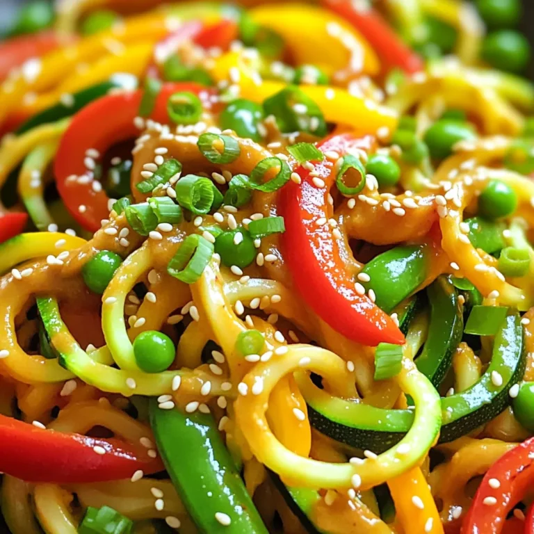 - 2 medium zucchinis, spiralized into noodles (zoodles) - 1 cup bell peppers, thinly sliced (a colorful mix of red and yellow) - 1 cup snap peas, trimmed and cleaned - ¼ cup creamy peanut butter - 2 tablespoons soy sauce - 1 tablespoon sriracha (or more, depending on your spice preference) - 1 tablespoon olive oil - 3 cloves garlic, finely minced - 1 tablespoon fresh ginger, grated The main ingredients in this dish bring both flavor and nutrition. I love using zucchini noodles because they are low in carbs and very filling. They absorb flavors well, making them perfect for this stir-fry. Bell peppers add a splash of color and sweetness. Snap peas are crisp and give a nice crunch. For the sauce, creamy peanut butter is the star. It adds richness and a nutty taste. Soy sauce brings in umami, while sriracha adds heat. You can adjust the sriracha amount to suit your spice level. Cooking essentials like olive oil, garlic, and ginger are key to a robust flavor base. The oil helps sauté the aromatics, while garlic and ginger provide that fragrant kick that makes your kitchen smell amazing. When you gather these ingredients, keep in mind that fresh is best. This way, your Minute Spicy Peanut Zoodle Stir-Fry will be vibrant and full of life! To start, spiralize the zucchinis into zoodles. A spiralizer makes this easy. You want long, thin noodles. Set the zoodles aside once done. Next, take your bell peppers. Slice them into thin strips. Use both red and yellow for color. Finally, trim the snap peas. Remove any tough ends so they are ready to cook. Now, heat the olive oil in a large skillet over medium-high heat. Wait until the oil shimmers; this means it is ready. Add the minced garlic and grated ginger to the hot oil. Sauté them for about 30 seconds. Keep stirring to avoid burning. You want them fragrant and slightly golden. Next, toss in the sliced bell peppers and snap peas. Stir-fry these veggies for about 3 to 4 minutes. You want them to soften but still be crunchy. After that, gently fold the zoodles into the skillet. Cook everything together for an additional 2 minutes. Stir regularly until the zoodles soften but still have a nice bite. In a small bowl, whisk together the creamy peanut butter, soy sauce, and sriracha. Mix until smooth. This sauce adds rich and spicy flavor. Pour the peanut sauce over the sautéed veggies in the skillet. Use a spatula to stir everything together well. Cook for another 1 to 2 minutes. This ensures everything is heated through and evenly coated. Finally, remove the skillet from heat. Transfer the zoodle stir-fry to plates or bowls. Garnish with chopped green onions and sesame seeds. This adds flavor and looks great on the plate. Enjoy your Minute Spicy Peanut Zoodle Stir-Fry! To adjust spice levels, sriracha is your friend. Start with one tablespoon. You can add more for extra heat. The key is to taste as you go. This way, you control the spice to your liking. Using fresh ingredients makes a big difference. Fresh zucchini and bell peppers boost taste and crunch. Pantry staples like peanut butter and soy sauce add depth. Aim for a mix of both for the best flavor. Keeping vegetables crunchy is essential. Cook the bell peppers and snap peas for just 3-4 minutes. You want them to soften but remain crisp. When you add the zoodles, cook them for only 2 minutes. This ensures they stay firm and do not turn mushy. Stir frequently for even cooking. For a pretty dish, use shallow bowls. Arrange the stir-fry in the center. Then, sprinkle green onions and sesame seeds on top. A lime wedge on the side adds color and zest. Consider pairing this stir-fry with grilled chicken or shrimp. You can also serve it with brown rice or quinoa for a heartier meal. {{image_4}} You can change the veggies to suit your taste. Try using carrots or broccoli instead of bell peppers. Both will add color and crunch. If you want to switch the nut butter, use almond or cashew butter. These alternatives will give the sauce a new twist. To make this dish vegan, replace the soy sauce with a gluten-free option. You can also find vegan peanut butter that works great. For a low-carb option, add more zoodles and skip other carbs. This keeps the dish light but still tasty. Adjusting the heat level is easy! If you like it mild, use less sriracha. For more spice, add extra sriracha or even red pepper flakes. You can start small and taste as you go. This way, you can create the perfect balance for your palate. After enjoying your Minute Spicy Peanut Zoodle Stir-Fry, store any leftovers right away. Place them in an airtight container. This keeps the flavors fresh and prevents spills. You can store the stir-fry in the fridge for up to three days. Use glass or BPA-free plastic containers for best results. When reheating, you have two great options. For quick reheating, use the microwave. Place the stir-fry in a microwave-safe dish. Cover it loosely with a lid or a damp paper towel. Heat in 30-second bursts, stirring between each. This helps heat it evenly without drying it out. If you prefer, you can reheat it on the stove. Heat a skillet over medium heat and add a splash of water or oil. Add your stir-fry and stir gently. Cook for about three to five minutes until warm. This method keeps the zoodles crisp and tasty. You can freeze this stir-fry if you want to save it for later. Allow the dish to cool completely first. Then, divide it into portions and place them in freezer-safe bags or containers. Squeeze out as much air as possible before sealing. The stir-fry can stay fresh in the freezer for up to three months. When ready to eat, thaw it in the fridge overnight. For a quick option, you can microwave it from frozen. Just add a little water to help steam it as it heats. Reheat until it's hot all the way through. Enjoy your meal! Yes, you can prep ingredients ahead of time. Here are my tips: - Spiralize zoodles: You can spiralize the zucchinis a day in advance. Store them in an airtight container in the fridge. - Slice veggies: Cut the bell peppers and snap peas ahead. Keep them in separate containers to keep them fresh. - Make the sauce: Whisk together peanut butter, soy sauce, and sriracha. Store it in the fridge for up to three days. - Cook last minute: Stir-frying takes just minutes. Make the dish fresh for the best taste. This dish is great on its own, but pairing it can enhance your meal. Here are some ideas: - Protein options: Add grilled chicken, shrimp, or tofu for extra protein. - Rice or quinoa: Serve it over brown rice or quinoa for a filling meal. - Salad: A side salad with sesame dressing adds freshness and crunch. - Spring rolls: Fresh or fried spring rolls complement the stir-fry's flavors well. Keeping zoodles firm can be tricky. Here are my best tips: - Salt the zoodles: Before cooking, sprinkle the spiralized zucchini with salt. Let them sit for 15 minutes, then pat dry to remove excess moisture. - Cook quickly: Stir-fry zoodles for just 2 minutes. Overcooking makes them soggy. - Avoid high heat: Use medium-high heat to keep moisture in check. This helps them cook without turning mushy. - Add sauce last: Mix in the peanut sauce at the end of cooking to limit moisture absorption. Now you know how to make a tasty Minute Spicy Peanut Zoodle Stir-Fry. We discussed the main ingredients, cooking steps, and smart tips to enhance your dish. Adjust spice levels to suit your taste, and feel free to swap ingredients for fun variations. Remember, fresh is best, and storage tips keep leftovers yummy. This dish is quick, healthy, and easy to share. Now, grab your kitchen tools and enjoy making this meal!
