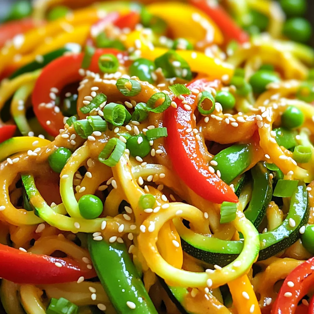 - 2 medium zucchinis, spiralized into noodles (zoodles) - 1 cup bell peppers, thinly sliced (a colorful mix of red and yellow) - 1 cup snap peas, trimmed and cleaned - ¼ cup creamy peanut butter - 2 tablespoons soy sauce - 1 tablespoon sriracha (or more, depending on your spice preference) - 1 tablespoon olive oil - 3 cloves garlic, finely minced - 1 tablespoon fresh ginger, grated The main ingredients in this dish bring both flavor and nutrition. I love using zucchini noodles because they are low in carbs and very filling. They absorb flavors well, making them perfect for this stir-fry. Bell peppers add a splash of color and sweetness. Snap peas are crisp and give a nice crunch. For the sauce, creamy peanut butter is the star. It adds richness and a nutty taste. Soy sauce brings in umami, while sriracha adds heat. You can adjust the sriracha amount to suit your spice level. Cooking essentials like olive oil, garlic, and ginger are key to a robust flavor base. The oil helps sauté the aromatics, while garlic and ginger provide that fragrant kick that makes your kitchen smell amazing. When you gather these ingredients, keep in mind that fresh is best. This way, your Minute Spicy Peanut Zoodle Stir-Fry will be vibrant and full of life! To start, spiralize the zucchinis into zoodles. A spiralizer makes this easy. You want long, thin noodles. Set the zoodles aside once done. Next, take your bell peppers. Slice them into thin strips. Use both red and yellow for color. Finally, trim the snap peas. Remove any tough ends so they are ready to cook. Now, heat the olive oil in a large skillet over medium-high heat. Wait until the oil shimmers; this means it is ready. Add the minced garlic and grated ginger to the hot oil. Sauté them for about 30 seconds. Keep stirring to avoid burning. You want them fragrant and slightly golden. Next, toss in the sliced bell peppers and snap peas. Stir-fry these veggies for about 3 to 4 minutes. You want them to soften but still be crunchy. After that, gently fold the zoodles into the skillet. Cook everything together for an additional 2 minutes. Stir regularly until the zoodles soften but still have a nice bite. In a small bowl, whisk together the creamy peanut butter, soy sauce, and sriracha. Mix until smooth. This sauce adds rich and spicy flavor. Pour the peanut sauce over the sautéed veggies in the skillet. Use a spatula to stir everything together well. Cook for another 1 to 2 minutes. This ensures everything is heated through and evenly coated. Finally, remove the skillet from heat. Transfer the zoodle stir-fry to plates or bowls. Garnish with chopped green onions and sesame seeds. This adds flavor and looks great on the plate. Enjoy your Minute Spicy Peanut Zoodle Stir-Fry! To adjust spice levels, sriracha is your friend. Start with one tablespoon. You can add more for extra heat. The key is to taste as you go. This way, you control the spice to your liking. Using fresh ingredients makes a big difference. Fresh zucchini and bell peppers boost taste and crunch. Pantry staples like peanut butter and soy sauce add depth. Aim for a mix of both for the best flavor. Keeping vegetables crunchy is essential. Cook the bell peppers and snap peas for just 3-4 minutes. You want them to soften but remain crisp. When you add the zoodles, cook them for only 2 minutes. This ensures they stay firm and do not turn mushy. Stir frequently for even cooking. For a pretty dish, use shallow bowls. Arrange the stir-fry in the center. Then, sprinkle green onions and sesame seeds on top. A lime wedge on the side adds color and zest. Consider pairing this stir-fry with grilled chicken or shrimp. You can also serve it with brown rice or quinoa for a heartier meal. {{image_4}} You can change the veggies to suit your taste. Try using carrots or broccoli instead of bell peppers. Both will add color and crunch. If you want to switch the nut butter, use almond or cashew butter. These alternatives will give the sauce a new twist. To make this dish vegan, replace the soy sauce with a gluten-free option. You can also find vegan peanut butter that works great. For a low-carb option, add more zoodles and skip other carbs. This keeps the dish light but still tasty. Adjusting the heat level is easy! If you like it mild, use less sriracha. For more spice, add extra sriracha or even red pepper flakes. You can start small and taste as you go. This way, you can create the perfect balance for your palate. After enjoying your Minute Spicy Peanut Zoodle Stir-Fry, store any leftovers right away. Place them in an airtight container. This keeps the flavors fresh and prevents spills. You can store the stir-fry in the fridge for up to three days. Use glass or BPA-free plastic containers for best results. When reheating, you have two great options. For quick reheating, use the microwave. Place the stir-fry in a microwave-safe dish. Cover it loosely with a lid or a damp paper towel. Heat in 30-second bursts, stirring between each. This helps heat it evenly without drying it out. If you prefer, you can reheat it on the stove. Heat a skillet over medium heat and add a splash of water or oil. Add your stir-fry and stir gently. Cook for about three to five minutes until warm. This method keeps the zoodles crisp and tasty. You can freeze this stir-fry if you want to save it for later. Allow the dish to cool completely first. Then, divide it into portions and place them in freezer-safe bags or containers. Squeeze out as much air as possible before sealing. The stir-fry can stay fresh in the freezer for up to three months. When ready to eat, thaw it in the fridge overnight. For a quick option, you can microwave it from frozen. Just add a little water to help steam it as it heats. Reheat until it's hot all the way through. Enjoy your meal! Yes, you can prep ingredients ahead of time. Here are my tips: - Spiralize zoodles: You can spiralize the zucchinis a day in advance. Store them in an airtight container in the fridge. - Slice veggies: Cut the bell peppers and snap peas ahead. Keep them in separate containers to keep them fresh. - Make the sauce: Whisk together peanut butter, soy sauce, and sriracha. Store it in the fridge for up to three days. - Cook last minute: Stir-frying takes just minutes. Make the dish fresh for the best taste. This dish is great on its own, but pairing it can enhance your meal. Here are some ideas: - Protein options: Add grilled chicken, shrimp, or tofu for extra protein. - Rice or quinoa: Serve it over brown rice or quinoa for a filling meal. - Salad: A side salad with sesame dressing adds freshness and crunch. - Spring rolls: Fresh or fried spring rolls complement the stir-fry's flavors well. Keeping zoodles firm can be tricky. Here are my best tips: - Salt the zoodles: Before cooking, sprinkle the spiralized zucchini with salt. Let them sit for 15 minutes, then pat dry to remove excess moisture. - Cook quickly: Stir-fry zoodles for just 2 minutes. Overcooking makes them soggy. - Avoid high heat: Use medium-high heat to keep moisture in check. This helps them cook without turning mushy. - Add sauce last: Mix in the peanut sauce at the end of cooking to limit moisture absorption. Now you know how to make a tasty Minute Spicy Peanut Zoodle Stir-Fry. We discussed the main ingredients, cooking steps, and smart tips to enhance your dish. Adjust spice levels to suit your taste, and feel free to swap ingredients for fun variations. Remember, fresh is best, and storage tips keep leftovers yummy. This dish is quick, healthy, and easy to share. Now, grab your kitchen tools and enjoy making this meal!