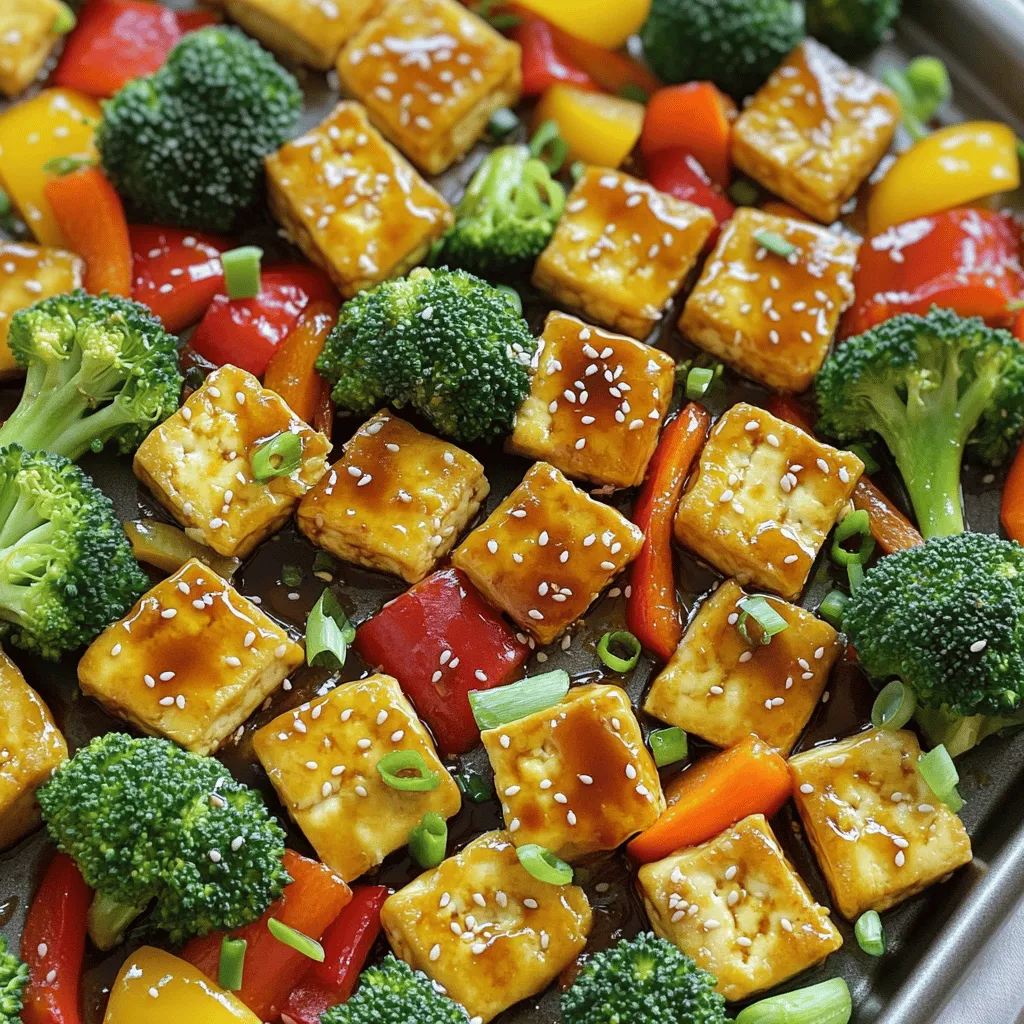 To make this dish, you need some key ingredients that create its amazing taste. Here’s what you will need: - 1 block (14 oz) firm tofu, drained and pressed - 1 cup broccoli florets - 1 red bell pepper, sliced into strips - 1 yellow bell pepper, sliced into strips - 1 large carrot, thinly sliced on the diagonal - 2 tablespoons extra virgin olive oil - 1/4 cup low-sodium soy sauce - 3 tablespoons honey or maple syrup (for a vegan option) - 1 tablespoon fresh ginger, grated - 2 cloves garlic, minced - 1 teaspoon sesame oil - 1 tablespoon cornstarch - 1 tablespoon sesame seeds (for garnish) - 2 green onions, chopped (for garnish) You can personalize this dish with some fun add-ins and seasonings. Consider these options: - Snap peas or green beans for more crunch - Mushrooms for earthy flavors - Red pepper flakes for heat - Chopped cilantro or basil for freshness - Lime juice to add a zesty twist This meal is not only tasty but also healthy. Here's a quick look at its nutritional benefits: - Tofu: Great source of protein and contains iron - Vegetables: Rich in vitamins, fiber, and antioxidants - Honey or Maple Syrup: Natural sweeteners with trace nutrients - Healthy Fats: Olive oil provides good fats for heart health Each serving packs a punch, making it a balanced meal for any day of the week! Start by preheating your oven to 400°F (200°C). This step is key for crispiness. Next, drain and press your tofu block. This helps remove excess moisture. Cut the tofu into bite-sized cubes. In a large mixing bowl, combine the cubes with olive oil, cornstarch, soy sauce, honey or maple syrup, grated ginger, minced garlic, and sesame oil. Toss gently until each piece is coated. This mixture gives the tofu great flavor. Now, it’s time to prep the veggies. On a large baking sheet, place your broccoli florets, red bell pepper strips, yellow bell pepper strips, and thinly sliced carrot. Drizzle a little olive oil over them. Season with salt and pepper to taste. Toss the vegetables lightly to coat them evenly. This ensures they roast well and soak in flavor. Spread the seasoned tofu on one side of the baking sheet. Place the veggies on the other side. Make sure to leave space between them. This allows for even cooking. Put the baking sheet in the preheated oven. Bake for 25 to 30 minutes. Halfway through, flip the tofu and stir the veggies. This helps them brown nicely. When done, both should be golden and slightly crispy. Remove from the oven and sprinkle sesame seeds on top. Garnish with chopped green onions for a fresh touch. Enjoy your vibrant and tasty meal! To get crispy tofu, start with firm tofu. Drain and press it well. This step removes excess moisture. Cut the tofu into small cubes. Coat the tofu in cornstarch. This helps create that golden crust. Use a hot oven, around 400°F (200°C). Bake the tofu in a single layer. Make sure the pieces have space to breathe. Flip them halfway through cooking. This will help them crisp up evenly. Prep your veggies while the tofu drains. Slice the bell peppers and carrots thinly. This cuts down on cooking time. You can also chop the green onions now. Use a large mixing bowl for the marinade. Toss all the ingredients in one go. This way, you save on washing extra dishes. Line your baking sheet with parchment paper. This makes cleanup quick and easy. To make this dish, you need a few key items. First, grab a large baking sheet. A heavy-duty one helps with even cooking. You’ll also need a mixing bowl for the marinade. A sharp knife makes cutting the veggies easier. Use a cutting board for safety. A spatula is handy for flipping the tofu and veggies. Lastly, keep measuring spoons close for accurate portions. These tools will help you succeed in making this tasty meal. {{image_4}} You can change the veggies in this recipe. Try using snap peas, zucchini, or asparagus. Cauliflower works well too. These options add more colors and textures. You can also mix in some baby corn for a fun crunch. Keep in mind, different veggies will cook at different rates. Cut them into similar sizes for even cooking. While teriyaki is great, you can try other sauces too. For a spicy kick, use sriracha or chili garlic sauce. You can mix soy sauce with peanut butter for a creamy twist. If you prefer a sweeter taste, use hoisin sauce. Each sauce gives a new flavor to the dish. Be creative and mix your favorite sauces! This dish is already vegan-friendly if you swap honey for maple syrup. For gluten-free, use tamari instead of soy sauce. Always check labels if you buy pre-made sauces. You can enjoy this meal without any worry. It’s tasty and fits many diets. Everyone can join in on the fun! To keep your sheet pan teriyaki tofu and veggies fresh, store them in an airtight container. Let the dish cool to room temperature before sealing. This helps prevent moisture build-up, which can make the tofu soggy. You can keep it in the fridge for up to three days. When you’re ready to enjoy leftovers, preheat your oven to 350°F (175°C). Spread the tofu and veggies out on a baking sheet. Heat for about 10-15 minutes or until warmed through. This method helps retain the crispiness of the tofu and veggies. You can freeze the cooked dish, but it may lose some texture. Place the cooled tofu and veggies in a freezer-safe container. Use within three months for best quality. To thaw, move it to the fridge overnight before reheating. This way, you can enjoy your delicious meal later on! Yes, you can use different types of tofu. Firm tofu is best for this dish. It holds its shape well when cooked. Silken tofu works too, but it may fall apart. If you prefer a denser texture, try extra firm tofu. Just remember, the cooking time may slightly change with different types. To add spice, you can include red pepper flakes or sriracha. Mix these into the marinade before coating the tofu. You could also add fresh chopped chili peppers to the veggies. Adjust the amount based on your heat preference. Taste as you go to find your perfect balance. Yes, you can prepare this dish ahead of time. Marinate the tofu and chop the veggies a day before. Store them in the fridge in separate containers. When you're ready, just spread everything on the baking sheet and bake. This method saves time and makes for an easy weeknight meal. If you need a soy sauce substitute, try tamari or coconut aminos. Both options work well for a similar flavor. For a gluten-free option, tamari is the best choice. You can also mix balsamic vinegar with a little water for a different taste. Adjust the amounts to suit your flavor needs. In this blog post, I covered how to make a tasty sheet pan teriyaki tofu. We discussed essential ingredients, preparation steps, and cooking tips to get crispy tofu. I shared variations for different flavors, plus storage and reheating methods. Now, you have the tools to create this dish yourself. Try it out, and enjoy your healthy meals!