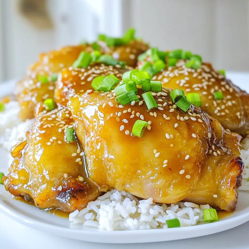 - 4 bone-in chicken thighs, skin removed - 1/2 cup honey - 1/4 cup low sodium soy sauce - 4 cloves garlic, minced - 1 tablespoon fresh ginger, grated - 1 teaspoon sesame oil - 1/2 teaspoon freshly ground black pepper - 1/4 teaspoon chili flakes (for heat) - 2 green onions, thinly sliced (for garnish) - Sesame seeds (for garnish) - Slow cooker - Mixing bowl - Tongs To make Slow Cooker Honey Garlic Chicken Thighs, you need a few key ingredients. The main items include chicken thighs, honey, soy sauce, garlic, ginger, and sesame oil. These create a rich, sweet, and savory sauce. You can customize the dish with optional ingredients. Black pepper adds depth, while chili flakes bring heat. Green onions and sesame seeds are great for garnishing. They add color and crunch. You will need some equipment too. A slow cooker is essential for cooking the chicken low and slow. A mixing bowl helps you combine the sauce. Tongs make it easy to handle the hot chicken after cooking. Gather these ingredients and tools to create a delightful meal. The mix of flavors will impress everyone at your table. - Combine honey, soy sauce, garlic, ginger, sesame oil, black pepper, and chili flakes. - Mix until fully blended. Start by gathering all your ingredients. In a bowl, add the honey and soy sauce. The honey gives sweetness, while the soy adds saltiness. Next, add the minced garlic and grated ginger. These bring a fresh, bold flavor. Then, pour in the sesame oil. It adds a nutty taste. Stir in the black pepper and chili flakes if you want some heat. Mix everything until it is smooth and well combined. This sauce will coat the chicken and make it tasty. - Place chicken thighs in slow cooker. - Pour sauce over chicken and cover. Now, take your chicken thighs and place them in the slow cooker. Make sure they sit flat and do not overlap. This helps them cook evenly. Once the chicken is arranged, pour your sauce over all the thighs. Use a spoon to make sure every piece gets coated. Cover the slow cooker with the lid. Set it to low for six hours or high for three to four hours. Your chicken is done when it is tender and the juices run clear. - Prepare a cornstarch slurry and mix with water. - Stir into sauce and cook on high for 15-20 minutes. When the chicken is ready, it’s time to thicken the sauce. In a small bowl, mix cornstarch with water. Stir until it is smooth. This mixture will help your sauce become thick and glossy. Add this slurry into the slow cooker. Switch the heat to high and cover again. Let it cook for another 15 to 20 minutes. This will make your sauce rich and perfect to drizzle on top of the chicken. For the best results, choose the low setting for slow cooking. This method allows the chicken to become very tender and soak up all the great flavors. If you're short on time, use the high setting to cook it in about 3 to 4 hours. To ensure even cooking, lay the chicken thighs flat in the slow cooker. Avoid stacking them on top of each other. This way, every piece gets coated in sauce and cooks through without drying out. Want to spice things up? You can add more chili flakes if you like heat. If you prefer a milder dish, skip the chili flakes. You can also mix in paprika or cumin for unique flavors. For added depth, consider fresh herbs. Thyme or rosemary can elevate the dish. Add them during the last hour of cooking for fresh, bright notes. Serve your honey garlic chicken thighs over fluffy rice. This creates a lovely base that soaks up the sauce. You can also pair it with roasted vegetables for a colorful plate. To make your dish look beautiful, garnish it with sliced green onions and sesame seeds. This adds a nice crunch and a pop of color. A drizzle of extra sauce on top makes it even more appealing. {{image_4}} You can use boneless chicken thighs. They cook faster and stay tender. If you prefer, swap chicken for boneless chicken breasts. They also work well with this recipe. For a gluten-free dish, use gluten-free soy sauce. Many brands offer this option, so check labels. If you want to cut back on sugar, use a low-sugar honey alternative. This keeps the sweet taste without the extra sugar. Want to change the flavor? Try teriyaki sauce for a sweet twist. Citrus marinades also add a nice zing. You can mix in vegetables like bell peppers or snap peas for added crunch. Nuts like cashews or peanuts can provide a tasty crunch too. To store leftovers, let the chicken cool first. Place it in an airtight container. This keeps the chicken fresh and tasty. You can safely eat refrigerated chicken for up to four days. After that, it may lose flavor and texture. If you want to freeze cooked chicken, let it cool completely. Wrap each piece in plastic wrap and then in foil. This helps avoid freezer burn. You can freeze the chicken for up to three months. Just remember to label it with the date! To reheat your honey garlic chicken, use the oven or microwave. In the oven, preheat to 350°F (175°C) and place the chicken in a dish covered with foil. This keeps it moist. In the microwave, cover it with a damp paper towel. Heat it in short bursts, checking often. The safe reheating temperature is 165°F (74°C). Enjoy your meal again just as much! Cooking chicken thighs in a slow cooker takes about 6 hours on low or 3 to 4 hours on high. The chicken should become tender, and the juices should run clear when it's done. Yes, you can use frozen chicken thighs. If using frozen, cook them on high for about 4 to 5 hours. Thawing them first will help them cook more evenly. Always check that they reach a safe internal temperature of 165°F. Some great sides for honey garlic chicken include: - Steamed rice - Roasted vegetables - Mashed potatoes - Quinoa salad These sides will balance the sweet and savory flavors of the chicken. To spice things up, add more chili flakes to the sauce. You can also use hot sauce or fresh chopped peppers. For a smoky flavor, consider adding smoked paprika. Start with a small amount and taste as you go. You now have a clear plan to make honey garlic chicken in a slow cooker. You learned about the main and optional ingredients and the right equipment. The step-by-step instructions guide you from preparing the sauce to thickening it. I shared tips for perfect cooking and creative presentation ideas. Remember, adapt the recipe to match your taste and storage needs. Enjoy experimenting with different flavors. It's fun and tasty! Your kitchen adventure starts now.