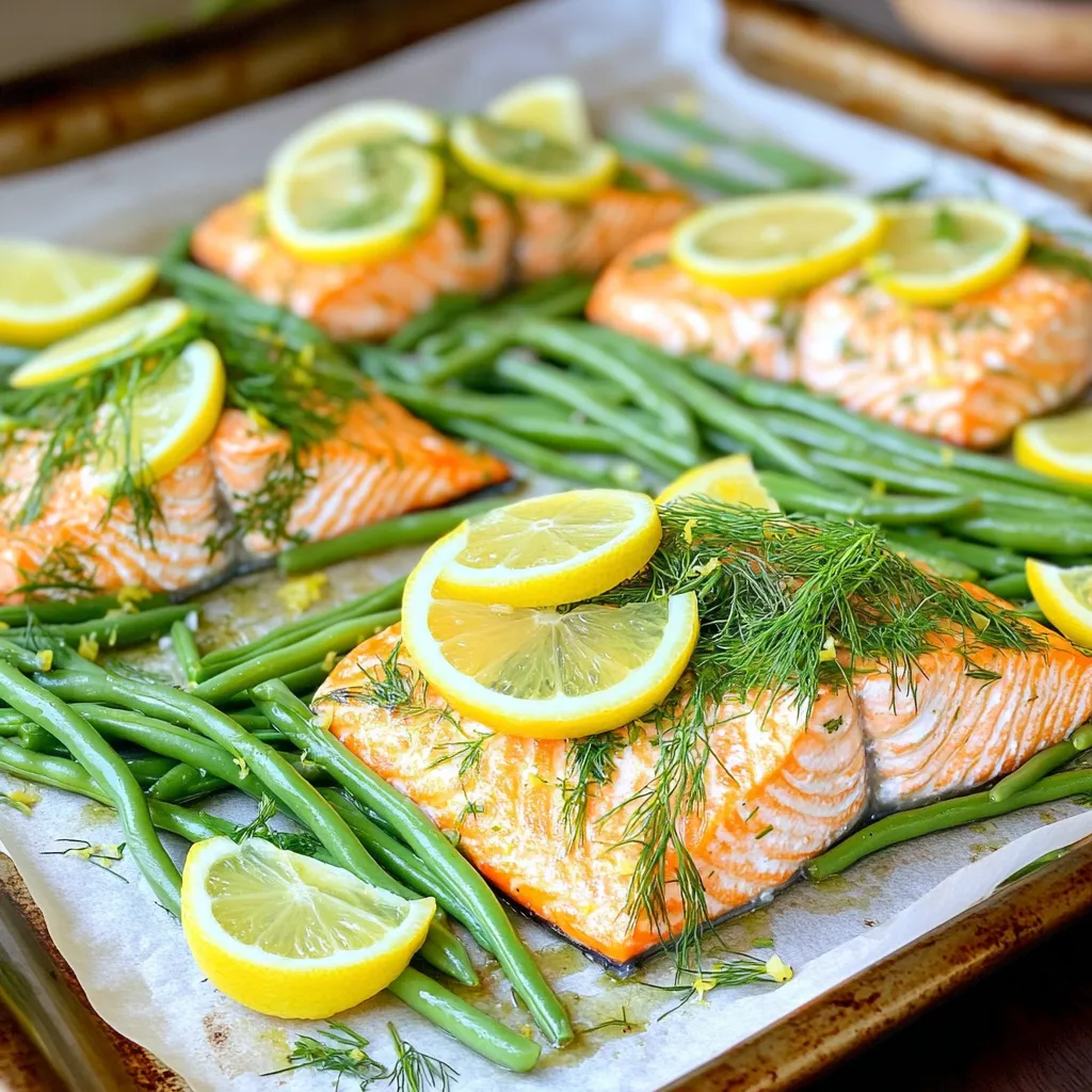 When making Sheet Pan Lemon Dill Salmon and Green Beans, you need fresh and simple ingredients. Here’s what you will need: - 4 salmon fillets (about 6 ounces each) - 1 pound fresh green beans, trimmed and washed - 2 medium lemons (1 lemon sliced into rounds and 1 lemon juiced) - 3 tablespoons extra virgin olive oil - 2 teaspoons dried dill weed (or 1 tablespoon fresh dill, finely chopped) - 3 cloves garlic, minced - Salt and freshly ground black pepper to taste - Optional: 1 teaspoon red pepper flakes for an extra kick These ingredients come together to create a bright and zesty dish. Salmon brings rich flavor and healthy fats. Fresh green beans add crunch and color. The lemon juice gives a fresh zing. Dill adds a nice herbal note. Garlic enhances the taste and aroma. This recipe is simple yet flavorful. You can find these items at any grocery store. Use fresh ingredients for the best taste. If you want a little heat, add red pepper flakes. This dish is great for family meals or dinner parties. Enjoy cooking! - Start by preheating your oven to 400°F (200°C). - Line a large baking sheet with parchment paper. This makes cleanup easy. - In a medium bowl, mix together 3 tablespoons olive oil and juice from 1 lemon. - Add 3 minced garlic cloves, 2 teaspoons dried dill, salt, and pepper. - If you like heat, toss in 1 teaspoon red pepper flakes. - Whisk the mixture until it blends well. - Place 4 salmon fillets, skin-side down, on one side of the sheet pan. - On the other side, spread out 1 pound of trimmed green beans. - Drizzle half of the lemon-dill mixture over the salmon. - Pour the rest of the marinade over the green beans. Toss them gently to coat. - Top each salmon fillet with lemon slices for extra flavor. - Slide the sheet pan into your preheated oven and bake for 15 to 20 minutes. - Keep a close eye on the salmon; it should be flaky and tender. - The green beans should look bright and be tender-crisp when done. - Once cooked, take the pan out and let it cool for a few minutes. Achieving flaky salmon To get flaky salmon, do not overcook it. Bake it until it is tender and just opaque. The internal temperature should reach 145°F (63°C). Use a fork to check if it flakes easily. This method helps keep the fish juicy and soft. Perfectly crisp green beans For green beans that are crisp, do not overcrowd the pan. Spread them out evenly. This allows hot air to circulate around each bean. Bake them until they are bright green and tender but still have a slight snap. Presentation ideas Serve the salmon and green beans on a large, colorful platter. This makes the dish look inviting. Layer the salmon on one side and the green beans on the other. The vibrant colors make it pop. Garnishing for added flavor Garnish with fresh dill and lemon wedges. This adds a splash of color and extra taste. A sprinkle of red pepper flakes also adds a nice touch. It gives a little heat and makes it look fancy. Time-saving prep strategies To save time, wash and trim the green beans ahead. You can do this earlier in the day or even the night before. This means less work when you are ready to cook. Using one pan for easy cleanup Using one sheet pan makes cleanup a breeze. Line it with parchment paper before cooking. This prevents sticking and makes for quick washing. After you enjoy your meal, just toss the paper, and your pan stays clean! {{image_4}} You can switch proteins if you want. Chicken works well instead of salmon. For a plant-based option, use tofu. Just make sure to adjust the cooking time. You can also try seasonal veggies. In the fall, use Brussels sprouts. In the summer, cherry tomatoes add color. You can mix and match based on what you have on hand. Want to spice things up? Add fresh herbs like parsley or basil. Thyme or rosemary can also add a nice touch. Try different marinades too. A soy sauce mix can give a nice twist. You can even add honey for sweetness. You can grill your salmon instead of baking it. Grilling gives a smoky flavor. Just keep an eye on it, as it cooks faster. Broiling is another great option. It cooks from the top down, giving a nice crispy skin. This way, you get a different texture that many love. Store leftovers in the fridge. Use airtight containers to keep them fresh. Make sure to cool the salmon and green beans before sealing. This helps to maintain flavor and texture. Enjoy within three days for the best taste. For reheating, use the oven or a skillet. Set your oven to 350°F (175°C). Place the salmon and green beans in the oven for about 10 minutes. If using a skillet, heat on medium-low for five minutes. Add a splash of water to keep moisture. Avoid using the microwave; it can dry out the dish. You can freeze cooked salmon. Wrap it tightly in plastic wrap, then place it in a freezer bag. It can last for up to three months. For green beans, blanch them first. Cool and drain them, then freeze in bags. This keeps their bright color and crispness. Salmon should reach an internal temperature of 145°F (63°C). This ensures it is safe to eat and still moist. Use a meat thermometer to check the thickest part of the fillet. This method gives you perfect salmon every time. Cooked salmon lasts about 3 to 4 days in the fridge. Make sure to store it in an airtight container. This keeps it fresh and safe to eat. If you have leftovers, enjoy them quickly for the best taste. Yes, you can prep this dish ahead of time. You can marinate the salmon and green beans and store them in the fridge for up to 2 hours. This enhances the flavors. Just remember to cook them fresh for the best texture. This meal pairs well with rice or quinoa for a filling side. You can also serve it with a simple green salad for a light touch. Garlic bread adds a nice crunch and flavor. Enjoy exploring options that match your taste! To sum up, this guide shows you how to make a tasty salmon dish with green beans. We covered the ingredients you need, how to prepare and bake the meal, and tips for the best results. You can also try variations and learn how to store leftovers. Remember, cooking doesn’t have to be hard. With a little prep, you can enjoy a healthy and delicious meal. So, get started, have fun, and enjoy your cooking journey!