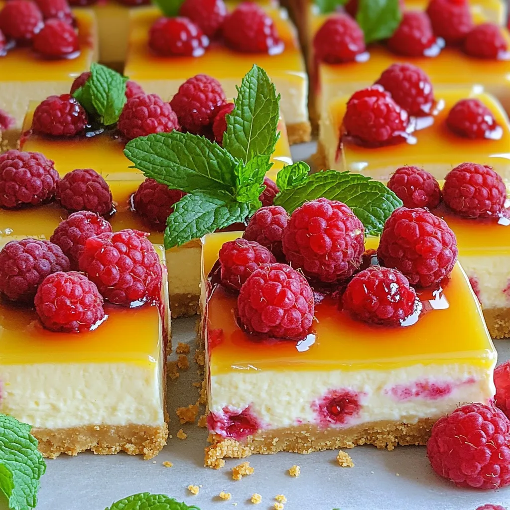 To make the no-bake lemon raspberry cheesecake bars, you need the following: - 1 ½ cups graham cracker crumbs - ½ cup unsalted butter, melted - 2 cups cream cheese, softened to room temperature - 1 cup powdered sugar, sifted - Zest of 1 medium lemon - ⅓ cup fresh lemon juice (about 2 lemons) - 1 teaspoon pure vanilla extract - 1 cup fresh raspberries, plus more for topping - 1 cup whipped cream, gently folded in When you pick raspberries, look for bright red berries. They should be plump and firm to the touch. Avoid any that are mushy or have dark spots. Fresh raspberries should smell sweet, showing they are ripe. If you can, try to buy them from local farms or markets. Freshly picked berries taste the best and have more flavor. If you need a cream cheese substitute, try using Greek yogurt. It gives a nice tangy flavor. You could also use mascarpone cheese for a richer taste. For a dairy-free option, use cashew cream. Just blend soaked cashews with lemon juice for a smooth mix. Each of these options will change the taste a bit, but they work well in this recipe. To make the crust, start with graham cracker crumbs. You need 1 ½ cups of them. In a medium bowl, mix these crumbs with ½ cup of melted unsalted butter. Stir until it feels like wet sand. Press this mixture into the bottom of an 8x8 inch pan. Use your hands or a flat bottom to make it even. Make sure it is packed tightly. This step gives your bars a strong base. After pressing, set it aside and chill it in the fridge. Now, let's make the filling. Begin with 2 cups of softened cream cheese. Place it in a large bowl. Use an electric mixer on medium speed to beat it until smooth. Gradually add 1 cup of sifted powdered sugar, the zest of one lemon, ⅓ cup of fresh lemon juice, and 1 teaspoon of vanilla extract. Continue mixing until everything is well combined. Next, you need 1 cup of whipped cream. Gently fold it into the cream cheese mixture. The goal is to keep it light and fluffy. Finally, add 1 cup of fresh raspberries. Be careful not to crush them while mixing. Spread the raspberry filling over the chilled crust. Use a spatula to smooth it out evenly. Cover the pan with plastic wrap. Place it in the fridge for at least 4 hours. This time helps the bars set properly. Once they are firm, lift them out using the parchment paper. Cut them into squares. You can serve them with extra fresh raspberries on top. Enjoy these tasty no-bake lemon raspberry cheesecake bars! To keep your crust from crumbling, use the right butter amount. For this recipe, you need ½ cup of melted butter mixed well with 1 ½ cups of graham cracker crumbs. This mix should feel like damp sand. If it feels dry, add more melted butter. Press the mixture firmly into your pan. This step is key. If you don't press hard enough, the crust will break apart when you cut the bars. Folding whipped cream into your filling makes it light and airy. Start with one scoop of whipped cream. Gently mix it into the cream cheese mix with a spatula. Use a folding motion, not stirring. This keeps the air in the whipped cream. Add the rest of the whipped cream slowly. Continue folding until you see no white streaks. Be careful not to smash the cream. Chilling is very important. After you pour the filling over the crust, cover the pan with plastic wrap. Chill the bars in the fridge for at least four hours. This time helps the filling set up well. If you can, chill them overnight. The longer they chill, the easier they will be to cut. When you’re ready to serve, use the overhanging parchment paper to lift them out. This makes cutting easier and keeps them neat. {{image_4}} You can switch up the flavor of these bars easily. If you want a twist, try lime instead of lemon. Just replace lemon juice with lime juice. Use lime zest for a fresh touch. If you like strawberries, blend fresh strawberries into the filling. You can also mash them lightly for a fun texture. This gives a sweet and fruity vibe that everyone will love. Toppings can make your cheesecake bars even more special. A drizzle of chocolate adds a rich flavor. Just melt dark or white chocolate and drizzle it over the bars before serving. You can also sprinkle chopped nuts, like almonds or walnuts, for a crunchy bite. Fresh mint leaves work well too. They add color and a refreshing taste. If you need a gluten-free crust, don’t worry; it’s easy to adapt. Use gluten-free graham crackers or almond flour instead. Mix the almond flour with melted butter like you would with graham cracker crumbs. This keeps the crust tasty and gives it a nice texture. Your bars will still taste amazing, and everyone can enjoy them! To keep your no-bake lemon raspberry cheesecake bars fresh, store them in the fridge. Use an airtight container to prevent drying out. You can also cover the bars with plastic wrap. This helps keep the flavors intact. Make sure to keep them in the main part of the fridge, not on the door. They will stay best this way. If you want to freeze these bars, first cut them into squares. Wrap each piece tightly in plastic wrap. Then place them in a freezer-safe bag or container. Label the bag with the date. You can freeze them for up to three months. When you’re ready to enjoy, just move them to the fridge for a few hours or overnight to thaw. These bars can last about five days in the fridge. If you freeze them, they will last longer. You don’t need to reheat them. They taste great cold and creamy. For the best taste, enjoy them chilled. If you want to add a fresh touch, top with more raspberries just before serving. Yes, you can use low-fat cream cheese in this recipe. It may change the texture a bit. The bars might be softer compared to those made with full-fat cream cheese. You may need to chill them longer to set properly. The taste will still be great, just lighter. To make these bars dairy-free, substitute cream cheese with a dairy-free cream cheese alternative. Use coconut cream instead of whipped cream. For the crust, ensure the graham crackers are dairy-free or swap them for crushed nuts mixed with a bit of coconut oil. This gives you a tasty, creamy treat without dairy. I recommend serving these cheesecake bars chilled for the best flavor. Place them on a nice platter for a pretty look. You can top each piece with extra fresh raspberries or a mint leaf for color. A drizzle of lemon curd can add a fun twist too! In this post, we explored ingredients for lemon raspberry cheesecake bars. We discussed choosing fresh raspberries and cream cheese substitutes. I shared step-by-step instructions for making the crust and filling. We also covered tips for a smooth texture and variations for extra flavor. Don’t forget storage tips to keep leftovers fresh! With these insights, you can make delicious cheesecake bars that impress everyone. Enjoy your baking journey!