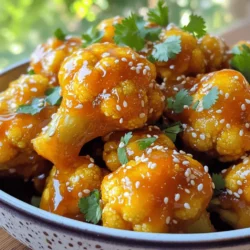 - 1 large cauliflower, cut into bite-sized florets - 1 cup all-purpose flour - 1 teaspoon garlic powder - 1 teaspoon onion powder - 1 teaspoon smoked paprika - 1 cup water (or plant-based milk for added creaminess) - 1 teaspoon salt - 1 cup breadcrumbs (panko or regular for crunchiness) - 1/2 cup freshly squeezed orange juice (for optimal flavor) - 1 tablespoon low-sodium soy sauce - 2 tablespoons pure maple syrup - 1 teaspoon freshly grated ginger - 1 teaspoon apple cider vinegar - Zest of 1 orange - Sesame seeds (for garnish) - Fresh cilantro, chopped (for garnish) These simple yet flavorful ingredients make the perfect base for crispy cauliflower wings. The orange glaze adds a sweet and tangy kick that makes every bite special. The sesame seeds and cilantro finish the dish with a fresh touch. Use fresh ingredients for the best taste. Enjoy creating a tasty snack that everyone will love! First, set your oven to 425°F (220°C). This high heat helps the wings get crispy. Next, grab a baking sheet and line it with parchment paper. This makes cleanup easy. In a large bowl, mix together the flour, garlic powder, onion powder, smoked paprika, and salt. I like to whisk these ingredients until they're well combined. Slowly add the water or plant-based milk. Keep mixing until your batter is smooth without lumps. Take a cauliflower floret and dip it into the batter. Make sure to let any extra batter drip off. Then, roll it in breadcrumbs. This gives it that crunchy texture we love. Place each coated floret on the baking sheet in a single layer. Put the baking sheet in your preheated oven. Bake the cauliflower wings for 25-30 minutes. Halfway through, flip them to brown both sides. You want them to be golden and crisp. While the wings bake, it's time to make the glaze. In a small saucepan, combine the orange juice, soy sauce, maple syrup, grated ginger, apple cider vinegar, and orange zest. Heat it over medium heat, stirring gently. Let it simmer for about 5-7 minutes until it thickens. Once the wings are done, take them out of the oven. Toss them in the orange glaze to coat each piece well. Then, return them to the oven for another 5-7 minutes. This step caramelizes the glaze, making it sticky and flavorful. After baking, take the wings out and sprinkle sesame seeds and chopped cilantro on top. This adds a nice touch of flavor and color. Serve them hot as a tasty snack or appetizer. Enjoy your crispy orange glazed cauliflower wings! To make your cauliflower wings crispy, follow these steps: - Use panko breadcrumbs: They add more crunch than regular breadcrumbs. - Coat evenly: Make sure each floret is fully covered with batter and breadcrumbs. - High heat: Bake at 425°F (220°C) for that perfect golden brown color. - Flip halfway: This helps wings brown evenly on both sides. - Final bake: Toss in the orange glaze and bake again for 5-7 minutes. This caramelizes the glaze and enhances crispiness. If you have dietary needs, you can still enjoy these wings: - Gluten-free: Use gluten-free flour and breadcrumbs for the batter. - Dairy-free: Substitute water for plant-based milk in the batter. - Low-sodium: Choose low-sodium soy sauce to keep salt levels down. - Vegan: Replace maple syrup with agave syrup for a vegan option. These swaps help you enjoy this dish without worry. Adjusting spice levels is easy: - Less heat: Omit the smoked paprika for a milder flavor. - More heat: Add cayenne pepper to the batter for extra kick. - Balance flavors: If you want sweetness, increase the maple syrup. These changes let you tailor the flavor to your taste. {{image_4}} You can mix up the orange glaze for fun flavors. Try adding lime juice for a zesty kick. A splash of sriracha brings heat, while some honey can add sweetness. For a savory touch, mix in soy sauce or tamari. Each option creates a unique taste. Experiment with spices like cumin or coriander for a deeper flavor. The goal is to create a glaze that suits your taste. Instead of breadcrumbs, you can use coconut flakes for a tropical twist. They add a nice crunch and sweetness. Nutritional yeast gives a cheesy flavor while keeping it vegan. Crushed nuts can also work well, adding protein and crunch. You can even mix these coatings for a fun texture. Just make sure they stick well to the batter. You have options for cooking these cauliflower wings. Baking is the simplest way. It keeps them crispy with less oil. You can also air-fry them for a quick and healthy method. This technique gives a similar crispiness but uses hot air instead of oil. If you prefer frying, use a deep pan. Frying creates a crunchy outer layer. Just be careful to not overcook them. Each method results in a delicious snack that everyone will love. To store leftover orange glazed cauliflower wings, let them cool first. Place them in an airtight container. They can last in the fridge for up to three days. Make sure to keep them away from moisture to stay crisp. Reheat the wings in an oven or an air fryer. Preheat your oven to 350°F (175°C). Place the wings in a single layer on a baking sheet. Bake for about 10 minutes, flipping halfway. This helps them regain their crunch. Avoid using a microwave as it can make them soggy. If you want to freeze the wings, do so before baking. After coating them, arrange the wings in a single layer on a baking sheet. Freeze them for about one hour. Once frozen, transfer them to a freezer-safe bag. They can last up to two months. To cook from frozen, add an extra 5-10 minutes to the baking time. Yes, you can prepare these wings ahead of time. Make the batter and coat the cauliflower florets. Store them in the fridge for up to 24 hours. When you’re ready to bake, just follow the baking steps. This saves time and makes serving easy. These wings are great on their own. You can serve them with: - Dipping sauces like ranch or blue cheese - Fresh veggies like carrots or celery - A side salad for extra crunch - Rice or quinoa for a filling meal To serve more people, simply double or triple the ingredients. Use more cauliflower and adjust the batter and glaze amounts. You may need to bake in batches to keep everything crispy. Just ensure they are evenly coated for the best flavor. Yes, cauliflower wings are a healthy snack. Cauliflower is low in calories and high in fiber. This recipe uses natural ingredients like orange juice and maple syrup. It’s a great option for those looking to eat more plant-based meals without losing flavor. You can use frozen cauliflower, but fresh is best. If using frozen, thaw and drain it well. Pat it dry to remove extra moisture. This helps the batter stick better and ensures crispiness. Adjust the baking time if needed, as frozen florets may take longer. You now know how to make tasty cauliflower wings with orange glaze. We covered the main ingredients, step-by-step instructions, and how to add your twist. Remember to try different flavors and tips for crispy wings. You can easily adjust the recipe for your needs. Enjoy your delicious and healthy snack, knowing it’s a fun twist on classic wings. Make sure to share it and inspire others!