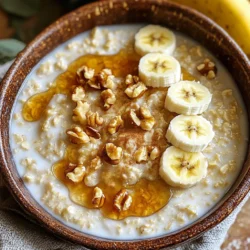 - 1 cup rolled oats - 2 cups almond milk (or your preferred milk) - 1 ripe banana, thoroughly mashed - 1/4 cup walnuts, coarsely chopped - 2 tablespoons pure maple syrup - 1 teaspoon ground cinnamon - 1/2 teaspoon vanilla extract - A pinch of salt - Sliced bananas - Extra chopped walnuts - Additional maple syrup - Chia seeds For this cozy dish, I love using rolled oats. They cook well and give a nice texture. Almond milk adds creaminess, but feel free to swap it for your favorite milk. A ripe banana is key. It sweetens the oatmeal and adds moisture. Walnuts bring crunch and a nutty flavor. Maple syrup is a must for that sweet touch, while ground cinnamon adds warmth. The vanilla extract enhances the flavors, and a pinch of salt balances everything perfectly. Optional toppings allow you to customize your bowl. Sliced bananas offer extra sweetness. More chopped walnuts add crunch. Drizzling more maple syrup makes it even more indulgent. Chia seeds add a fun texture and boost nutrition. - Combining Oats and Milk In a medium saucepan, place 1 cup of rolled oats. Pour in 2 cups of almond milk. This blend creates a creamy base. - Stirring and Simmering Heat the mixture over medium flame. Stir it gently until it simmers. Keep an eye on it to prevent sticking. - Incorporating Banana and Nuts Once the mixture simmers, stir in 1 ripe, mashed banana and 1/4 cup of coarsely chopped walnuts. These add natural sweetness and crunch. - Adding Sweetness and Spice Next, mix in 2 tablespoons of pure maple syrup and 1 teaspoon of ground cinnamon. Add 1/2 teaspoon of vanilla extract and a pinch of salt. This creates a rich, warm flavor. - Monitoring Thickness Continue cooking for 5 to 7 minutes. Stir occasionally until it thickens. If you like it thicker, cook a little longer. - Allowing to Rest After cooking, take the saucepan off the heat. Let it rest for a minute. This helps the oatmeal thicken even more. Adjusting Cook Time for Thickness To get the best texture, timing is key. I suggest cooking your oatmeal for 5-7 minutes. If you want it thicker, let it cook for a few more minutes. Watch closely as it cooks. The oatmeal will thicken as it simmers. If you prefer a creamier texture, add a bit more milk while cooking. Stirring Techniques Stirring is important for even cooking. Use a wooden spoon to mix the oats well. Make sure to scrape the bottom of the pan. This helps prevent sticking. Stirring also adds air, making the oatmeal fluffier. Serving in Rustic Bowls The way you serve your oatmeal matters. Use rustic, warm bowls to create a cozy feel. This adds charm and makes your dish more inviting. A bowl that holds heat will keep your oatmeal warm longer, which is a plus! Choosing Eye-Catching Toppings Toppings can make your oatmeal pop. I love adding fresh, sliced bananas and extra walnuts. A drizzle of maple syrup adds shine. Consider sprinkling chia seeds for texture and health. Layer these toppings artfully on top. This makes your dish look beautiful and makes it more fun to eat! Overview of Ingredients' Nutritional Value Each ingredient in this oatmeal packs a punch. Rolled oats provide fiber, which helps digestion. Almond milk adds creaminess with fewer calories. Bananas offer potassium and natural sweetness. Walnuts bring healthy fats and protein to your meal. Maple syrup gives a sweet touch without processed sugars. Boosting Protein and Fiber with Toppings You can easily boost the protein and fiber content. Add extra walnuts or chia seeds. They not only add crunch but also help keep you full longer. This oatmeal is not just tasty; it’s also good for your body! {{image_4}} You can use different banana types for fun. Try using plantains. They bring a unique taste. You can also add a second banana. This makes the oatmeal extra sweet and creamy. Mix in berries for a burst of flavor. Blueberries and strawberries work well. Apples add a nice crunch. Chop them small, so they cook well. They also bring a hint of tartness. Switch walnuts for almonds or pecans. Sliced almonds give a nice crunch. Pecans offer a sweeter taste. Both add healthy fat and protein. If you want a nut-free option, try seeds. Sunflower seeds or pumpkin seeds work great. They add texture without nuts. You can also skip nuts altogether and still enjoy tasty oatmeal. Add more spices to change the flavor. Nutmeg or ginger can bring warmth. A bit of cocoa powder makes it chocolatey. Don't be afraid to try new spice blends. You can swap maple syrup for honey or agave. Each sweetener adds a different flavor. Honey is floral, while agave is light. Adjust the sweetness to your liking. To store leftovers, let your oatmeal cool first. Place it in an airtight container. This keeps it fresh. You can store it in the fridge for up to three days. The best way to reheat oatmeal is on the stove. Pour it into a saucepan and add a splash of milk. Heat over low heat, stirring gently. This keeps the oatmeal creamy. You can also use a microwave. Place it in a bowl and cover it. Heat for 30 seconds, then stir. If it’s still thick, add more milk. Enjoy your warm, cozy bowl of oatmeal again! Yes, you can use steel-cut oats, but the cooking time will change. Steel-cut oats take longer to cook, about 20 to 30 minutes. They offer a chewier texture and a nuttier flavor. If you prefer a thicker oatmeal, steel-cut oats are a great choice. However, for a creamier and quicker version, stick with rolled oats. This oatmeal is perfect for meal prep. You can make a larger batch and store it for later. Just divide the oatmeal into containers. It will stay fresh in the fridge for up to four days. When you’re ready to eat, simply reheat it in the microwave. Add a splash of milk for creaminess if needed. You can use any milk you like. Options include oat milk, soy milk, or regular cow's milk. Each type of milk will slightly change the flavor. Almond milk keeps it light, while oat milk adds creaminess. Choose the one that fits your taste best. This blog post covered the main ingredients and step-by-step instructions for making delicious oatmeal. We looked at how to prepare oats, mix in flavors, and cook them just right. Tips on achieving perfect texture and presentation can enhance your dish. We also explored fun variations and storage methods. Oatmeal is a nutritious meal that you can easily customize. Try new toppings, flavors, and techniques to make it your own. Enjoy your simple and healthy oatmeal creation!