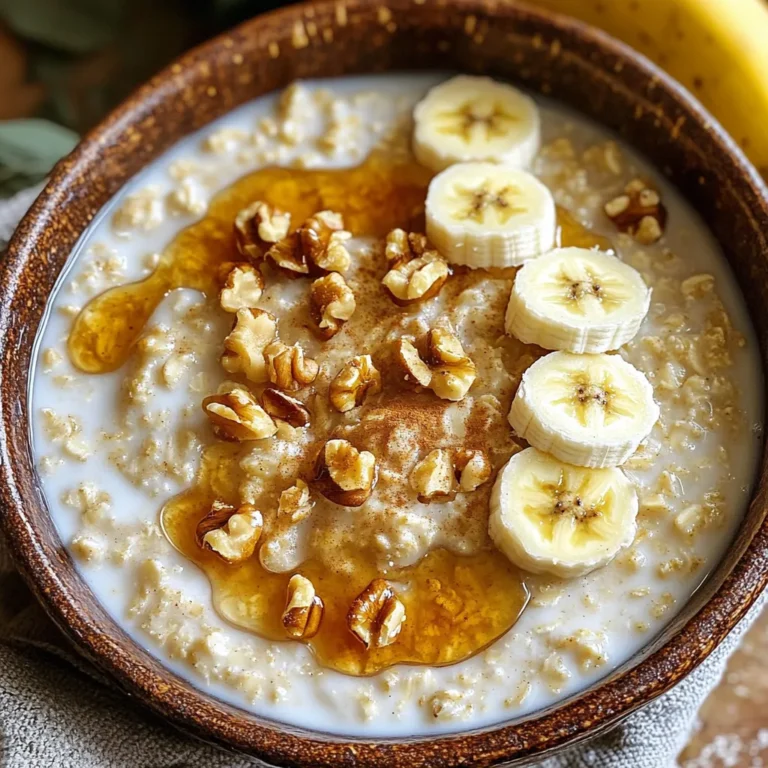 - 1 cup rolled oats - 2 cups almond milk (or your preferred milk) - 1 ripe banana, thoroughly mashed - 1/4 cup walnuts, coarsely chopped - 2 tablespoons pure maple syrup - 1 teaspoon ground cinnamon - 1/2 teaspoon vanilla extract - A pinch of salt - Sliced bananas - Extra chopped walnuts - Additional maple syrup - Chia seeds For this cozy dish, I love using rolled oats. They cook well and give a nice texture. Almond milk adds creaminess, but feel free to swap it for your favorite milk. A ripe banana is key. It sweetens the oatmeal and adds moisture. Walnuts bring crunch and a nutty flavor. Maple syrup is a must for that sweet touch, while ground cinnamon adds warmth. The vanilla extract enhances the flavors, and a pinch of salt balances everything perfectly. Optional toppings allow you to customize your bowl. Sliced bananas offer extra sweetness. More chopped walnuts add crunch. Drizzling more maple syrup makes it even more indulgent. Chia seeds add a fun texture and boost nutrition. - Combining Oats and Milk In a medium saucepan, place 1 cup of rolled oats. Pour in 2 cups of almond milk. This blend creates a creamy base. - Stirring and Simmering Heat the mixture over medium flame. Stir it gently until it simmers. Keep an eye on it to prevent sticking. - Incorporating Banana and Nuts Once the mixture simmers, stir in 1 ripe, mashed banana and 1/4 cup of coarsely chopped walnuts. These add natural sweetness and crunch. - Adding Sweetness and Spice Next, mix in 2 tablespoons of pure maple syrup and 1 teaspoon of ground cinnamon. Add 1/2 teaspoon of vanilla extract and a pinch of salt. This creates a rich, warm flavor. - Monitoring Thickness Continue cooking for 5 to 7 minutes. Stir occasionally until it thickens. If you like it thicker, cook a little longer. - Allowing to Rest After cooking, take the saucepan off the heat. Let it rest for a minute. This helps the oatmeal thicken even more. Adjusting Cook Time for Thickness To get the best texture, timing is key. I suggest cooking your oatmeal for 5-7 minutes. If you want it thicker, let it cook for a few more minutes. Watch closely as it cooks. The oatmeal will thicken as it simmers. If you prefer a creamier texture, add a bit more milk while cooking. Stirring Techniques Stirring is important for even cooking. Use a wooden spoon to mix the oats well. Make sure to scrape the bottom of the pan. This helps prevent sticking. Stirring also adds air, making the oatmeal fluffier. Serving in Rustic Bowls The way you serve your oatmeal matters. Use rustic, warm bowls to create a cozy feel. This adds charm and makes your dish more inviting. A bowl that holds heat will keep your oatmeal warm longer, which is a plus! Choosing Eye-Catching Toppings Toppings can make your oatmeal pop. I love adding fresh, sliced bananas and extra walnuts. A drizzle of maple syrup adds shine. Consider sprinkling chia seeds for texture and health. Layer these toppings artfully on top. This makes your dish look beautiful and makes it more fun to eat! Overview of Ingredients' Nutritional Value Each ingredient in this oatmeal packs a punch. Rolled oats provide fiber, which helps digestion. Almond milk adds creaminess with fewer calories. Bananas offer potassium and natural sweetness. Walnuts bring healthy fats and protein to your meal. Maple syrup gives a sweet touch without processed sugars. Boosting Protein and Fiber with Toppings You can easily boost the protein and fiber content. Add extra walnuts or chia seeds. They not only add crunch but also help keep you full longer. This oatmeal is not just tasty; it’s also good for your body! {{image_4}} You can use different banana types for fun. Try using plantains. They bring a unique taste. You can also add a second banana. This makes the oatmeal extra sweet and creamy. Mix in berries for a burst of flavor. Blueberries and strawberries work well. Apples add a nice crunch. Chop them small, so they cook well. They also bring a hint of tartness. Switch walnuts for almonds or pecans. Sliced almonds give a nice crunch. Pecans offer a sweeter taste. Both add healthy fat and protein. If you want a nut-free option, try seeds. Sunflower seeds or pumpkin seeds work great. They add texture without nuts. You can also skip nuts altogether and still enjoy tasty oatmeal. Add more spices to change the flavor. Nutmeg or ginger can bring warmth. A bit of cocoa powder makes it chocolatey. Don't be afraid to try new spice blends. You can swap maple syrup for honey or agave. Each sweetener adds a different flavor. Honey is floral, while agave is light. Adjust the sweetness to your liking. To store leftovers, let your oatmeal cool first. Place it in an airtight container. This keeps it fresh. You can store it in the fridge for up to three days. The best way to reheat oatmeal is on the stove. Pour it into a saucepan and add a splash of milk. Heat over low heat, stirring gently. This keeps the oatmeal creamy. You can also use a microwave. Place it in a bowl and cover it. Heat for 30 seconds, then stir. If it’s still thick, add more milk. Enjoy your warm, cozy bowl of oatmeal again! Yes, you can use steel-cut oats, but the cooking time will change. Steel-cut oats take longer to cook, about 20 to 30 minutes. They offer a chewier texture and a nuttier flavor. If you prefer a thicker oatmeal, steel-cut oats are a great choice. However, for a creamier and quicker version, stick with rolled oats. This oatmeal is perfect for meal prep. You can make a larger batch and store it for later. Just divide the oatmeal into containers. It will stay fresh in the fridge for up to four days. When you’re ready to eat, simply reheat it in the microwave. Add a splash of milk for creaminess if needed. You can use any milk you like. Options include oat milk, soy milk, or regular cow's milk. Each type of milk will slightly change the flavor. Almond milk keeps it light, while oat milk adds creaminess. Choose the one that fits your taste best. This blog post covered the main ingredients and step-by-step instructions for making delicious oatmeal. We looked at how to prepare oats, mix in flavors, and cook them just right. Tips on achieving perfect texture and presentation can enhance your dish. We also explored fun variations and storage methods. Oatmeal is a nutritious meal that you can easily customize. Try new toppings, flavors, and techniques to make it your own. Enjoy your simple and healthy oatmeal creation!