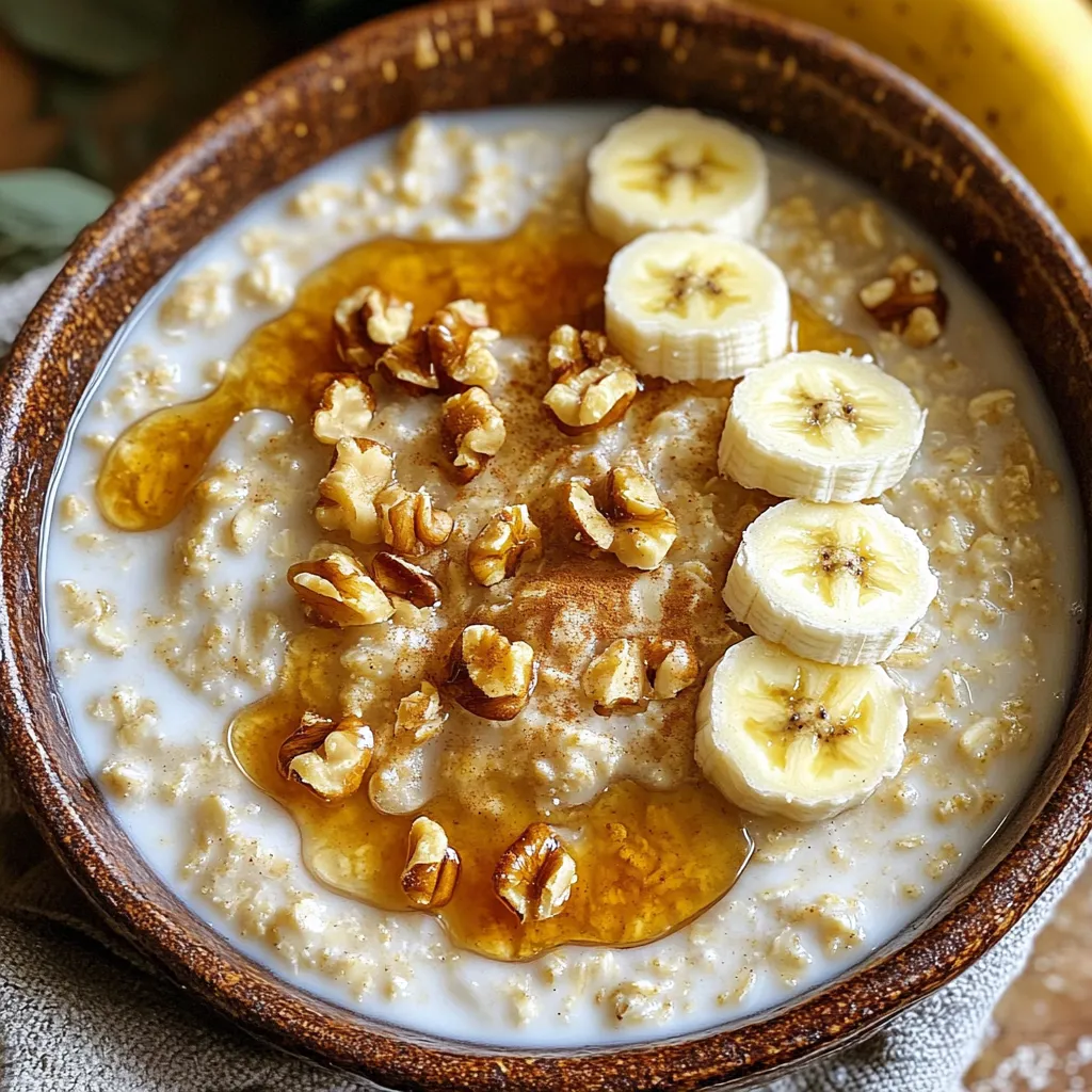- 1 cup rolled oats - 2 cups almond milk (or your preferred milk) - 1 ripe banana, thoroughly mashed - 1/4 cup walnuts, coarsely chopped - 2 tablespoons pure maple syrup - 1 teaspoon ground cinnamon - 1/2 teaspoon vanilla extract - A pinch of salt - Sliced bananas - Extra chopped walnuts - Additional maple syrup - Chia seeds For this cozy dish, I love using rolled oats. They cook well and give a nice texture. Almond milk adds creaminess, but feel free to swap it for your favorite milk. A ripe banana is key. It sweetens the oatmeal and adds moisture. Walnuts bring crunch and a nutty flavor. Maple syrup is a must for that sweet touch, while ground cinnamon adds warmth. The vanilla extract enhances the flavors, and a pinch of salt balances everything perfectly. Optional toppings allow you to customize your bowl. Sliced bananas offer extra sweetness. More chopped walnuts add crunch. Drizzling more maple syrup makes it even more indulgent. Chia seeds add a fun texture and boost nutrition. - Combining Oats and Milk In a medium saucepan, place 1 cup of rolled oats. Pour in 2 cups of almond milk. This blend creates a creamy base. - Stirring and Simmering Heat the mixture over medium flame. Stir it gently until it simmers. Keep an eye on it to prevent sticking. - Incorporating Banana and Nuts Once the mixture simmers, stir in 1 ripe, mashed banana and 1/4 cup of coarsely chopped walnuts. These add natural sweetness and crunch. - Adding Sweetness and Spice Next, mix in 2 tablespoons of pure maple syrup and 1 teaspoon of ground cinnamon. Add 1/2 teaspoon of vanilla extract and a pinch of salt. This creates a rich, warm flavor. - Monitoring Thickness Continue cooking for 5 to 7 minutes. Stir occasionally until it thickens. If you like it thicker, cook a little longer. - Allowing to Rest After cooking, take the saucepan off the heat. Let it rest for a minute. This helps the oatmeal thicken even more. Adjusting Cook Time for Thickness To get the best texture, timing is key. I suggest cooking your oatmeal for 5-7 minutes. If you want it thicker, let it cook for a few more minutes. Watch closely as it cooks. The oatmeal will thicken as it simmers. If you prefer a creamier texture, add a bit more milk while cooking. Stirring Techniques Stirring is important for even cooking. Use a wooden spoon to mix the oats well. Make sure to scrape the bottom of the pan. This helps prevent sticking. Stirring also adds air, making the oatmeal fluffier. Serving in Rustic Bowls The way you serve your oatmeal matters. Use rustic, warm bowls to create a cozy feel. This adds charm and makes your dish more inviting. A bowl that holds heat will keep your oatmeal warm longer, which is a plus! Choosing Eye-Catching Toppings Toppings can make your oatmeal pop. I love adding fresh, sliced bananas and extra walnuts. A drizzle of maple syrup adds shine. Consider sprinkling chia seeds for texture and health. Layer these toppings artfully on top. This makes your dish look beautiful and makes it more fun to eat! Overview of Ingredients' Nutritional Value Each ingredient in this oatmeal packs a punch. Rolled oats provide fiber, which helps digestion. Almond milk adds creaminess with fewer calories. Bananas offer potassium and natural sweetness. Walnuts bring healthy fats and protein to your meal. Maple syrup gives a sweet touch without processed sugars. Boosting Protein and Fiber with Toppings You can easily boost the protein and fiber content. Add extra walnuts or chia seeds. They not only add crunch but also help keep you full longer. This oatmeal is not just tasty; it’s also good for your body! {{image_4}} You can use different banana types for fun. Try using plantains. They bring a unique taste. You can also add a second banana. This makes the oatmeal extra sweet and creamy. Mix in berries for a burst of flavor. Blueberries and strawberries work well. Apples add a nice crunch. Chop them small, so they cook well. They also bring a hint of tartness. Switch walnuts for almonds or pecans. Sliced almonds give a nice crunch. Pecans offer a sweeter taste. Both add healthy fat and protein. If you want a nut-free option, try seeds. Sunflower seeds or pumpkin seeds work great. They add texture without nuts. You can also skip nuts altogether and still enjoy tasty oatmeal. Add more spices to change the flavor. Nutmeg or ginger can bring warmth. A bit of cocoa powder makes it chocolatey. Don't be afraid to try new spice blends. You can swap maple syrup for honey or agave. Each sweetener adds a different flavor. Honey is floral, while agave is light. Adjust the sweetness to your liking. To store leftovers, let your oatmeal cool first. Place it in an airtight container. This keeps it fresh. You can store it in the fridge for up to three days. The best way to reheat oatmeal is on the stove. Pour it into a saucepan and add a splash of milk. Heat over low heat, stirring gently. This keeps the oatmeal creamy. You can also use a microwave. Place it in a bowl and cover it. Heat for 30 seconds, then stir. If it’s still thick, add more milk. Enjoy your warm, cozy bowl of oatmeal again! Yes, you can use steel-cut oats, but the cooking time will change. Steel-cut oats take longer to cook, about 20 to 30 minutes. They offer a chewier texture and a nuttier flavor. If you prefer a thicker oatmeal, steel-cut oats are a great choice. However, for a creamier and quicker version, stick with rolled oats. This oatmeal is perfect for meal prep. You can make a larger batch and store it for later. Just divide the oatmeal into containers. It will stay fresh in the fridge for up to four days. When you’re ready to eat, simply reheat it in the microwave. Add a splash of milk for creaminess if needed. You can use any milk you like. Options include oat milk, soy milk, or regular cow's milk. Each type of milk will slightly change the flavor. Almond milk keeps it light, while oat milk adds creaminess. Choose the one that fits your taste best. This blog post covered the main ingredients and step-by-step instructions for making delicious oatmeal. We looked at how to prepare oats, mix in flavors, and cook them just right. Tips on achieving perfect texture and presentation can enhance your dish. We also explored fun variations and storage methods. Oatmeal is a nutritious meal that you can easily customize. Try new toppings, flavors, and techniques to make it your own. Enjoy your simple and healthy oatmeal creation!