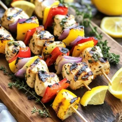 - 1.5 pounds boneless, skinless chicken breasts, cut into 1-inch cubes - 1/4 cup extra virgin olive oil - 2 tablespoons freshly squeezed lemon juice - Zest of 1 large lemon - 2 cloves garlic, finely minced - 1 tablespoon dried oregano - 1 tablespoon fresh thyme leaves, chopped - Salt and freshly ground black pepper to taste - 1 red bell pepper, cored and cut into 1-inch pieces - 1 yellow bell pepper, cored and cut into 1-inch pieces - 1 large red onion, cut into wedges - Skewers (if using wooden skewers, soak in water for 30 minutes prior to use) - Additional herbs and spices - Alternative vegetables for skewers - Marinade variations When I plan to make Lemon Herb Grilled Chicken Kabobs, I gather my ingredients first. The chicken is the star of the dish. I prefer using boneless, skinless breasts for their ease and tenderness. The olive oil helps the marinade stick to the chicken, while lemon juice adds brightness. I love to enhance the flavor with lemon zest. It gives a fresh kick. Garlic, oregano, and thyme add depth. Salt and pepper are essential for balance. Bell peppers and red onion not only taste great but add color. If you want to mix it up, consider adding other herbs or spices. You might enjoy using rosemary or a touch of cayenne for heat. For veggies, zucchini, mushrooms, or cherry tomatoes work well too. With these ingredients, you set the stage for a flavorful meal. Each element plays a role, making these kabobs a true delight. To make the marinade, start by whisking together these simple ingredients: - 1/4 cup extra virgin olive oil - 2 tablespoons freshly squeezed lemon juice - Zest of 1 large lemon - 2 cloves garlic, finely minced - 1 tablespoon dried oregano - 1 tablespoon fresh thyme leaves, chopped - Salt and freshly ground black pepper to taste Whisk everything well until it blends smoothly. This mixture brings bright, fresh flavors to the chicken. Next, add 1.5 pounds of boneless, skinless chicken breasts, cut into 1-inch cubes. Make sure each piece is well-coated in the marinade. Cover the bowl tightly with plastic wrap. For the best flavor, marinate the chicken in the fridge for at least one hour. If time allows, letting it sit overnight is even better. This way, the flavors soak in deeply. Preheat your grill to medium-high heat. This step is very important. A hot grill gives the kabobs a nice sear and helps lock in juices. While the grill heats, thread the marinated chicken cubes and assorted veggies onto skewers. Use red and yellow bell peppers and red onion for a colorful mix. Aim for a balanced look with alternating chicken and veggies. Once the grill is ready, place the kabobs on the grates. Cook for 10-12 minutes, turning them occasionally. The chicken should reach an internal temperature of 165°F (75°C) and the veggies should be slightly charred. After grilling, let the kabobs rest for about 5 minutes. This resting time keeps the chicken juicy and flavorful. Enjoy your delicious lemon herb grilled chicken kabobs! - Ideal grill temperature: Aim for medium-high heat. This will help cook the chicken evenly and give it a nice char. - How to achieve a good sear and char: Place kabobs on the grill without moving them for a few minutes. This helps form those tasty grill marks. Flip them only when they release easily from the grill. - Best side dishes to pair with kabobs: Serve with fluffy rice or a fresh salad. Grilled corn or pita bread also works well. - Presentation tips for serving: Arrange kabobs on a wooden board or colorful platter. Add fresh herbs and lemon wedges for a lovely look. - Over-marinating concerns: Don't marinate the chicken too long. More than 24 hours can make it mushy. One to four hours is perfect. - Skewering techniques that enhance cooking: Alternate chicken and veggies on the skewers. This helps everything cook evenly and adds color. If using wooden skewers, soak them in water first to prevent burning. {{image_4}} You can swap chicken for shrimp or fish. Both options cook quickly and soak up flavors well. For shrimp, use large ones and marinate them like chicken. For fish, opt for firm types like salmon or swordfish. Simply cut them into chunks and thread onto skewers. If you prefer a vegetarian meal, try tofu or seitan. Tofu absorbs marinade flavors nicely. Use firm tofu, press it, and cut it into cubes. Seitan has a chewy texture and also soaks up the taste. Both options can bring a new twist to your kabobs. You can spice up your kabobs by adding red pepper flakes for heat. Just sprinkle a bit into the marinade. This gives a nice kick without overpowering the lemon flavor. You might also try different citrus fruits. Lime or orange juice can replace lemon juice. Each fruit will add its unique twist. Experiment with zest from these fruits for an extra flavor boost. Seasonal veggies can enhance your kabobs. In summer, use zucchini, cherry tomatoes, and bell peppers. In fall, try mushrooms, butternut squash, or Brussels sprouts. For a colorful kabob, mix various vegetables. Use red, yellow, and green peppers for a vibrant look. The more colors, the more appealing your kabobs will be. Plus, different veggies add unique flavors and textures that elevate your dish. To keep your Lemon Herb Grilled Chicken Kabobs fresh, store them in the fridge. Use an airtight container to seal in the flavor. If you want to keep them even longer, wrap them tightly in plastic wrap before placing them in the container. This method keeps moisture in and prevents unwanted odors from other foods. When reheating your kabobs, aim to keep them juicy. The best way to do this is to use the grill or an oven. If using a grill, heat it to medium and place the kabobs on for a few minutes. Turn them to warm them evenly. If using an oven, preheat it to 350°F (175°C). Place the kabobs on a baking sheet and cover them with foil. This helps keep the moisture in while they warm up. You can freeze kabobs either before or after cooking. If freezing raw, marinate the chicken and vegetables, then place them on skewers. Wrap each kabob in plastic wrap and place them in a freezer bag. If you freeze cooked kabobs, allow them to cool first, then store them in an airtight container. For thawing, move them from the freezer to the fridge overnight. This slow thawing helps maintain texture and flavor. Yes, you can marinate the chicken overnight. This longer marination gives the chicken time to soak up all the flavors. The olive oil helps to tenderize the meat, while the lemon juice adds zest. The garlic, herbs, and spices blend together, making each bite burst with taste. A good marination also makes the chicken juicier when grilled. You can use different proteins based on your needs. If you want to avoid meat, try tofu or seitan. For a lighter option, shrimp works great. Fish like salmon also grills well and tastes amazing with the lemon herb mix. Each choice brings its unique flavor and texture. To check if the chicken is done, look for a few signs. The chicken should be firm and no longer pink inside. The juices should run clear, not red. The best way to ensure safety is to use a meat thermometer. The chicken should reach an internal temperature of 165°F (75°C). Using this method ensures you enjoy safe and tasty kabobs. This article guided you through making delicious chicken kabobs. You learned about key ingredients, from chicken to optional spices. I detailed how to prepare the marinade, marinate the chicken, and grill the kabobs for perfect flavor. We covered tips for grilling and serving, along with common mistakes to avoid. Remember, there are many variations to try, whether you prefer shrimp or veggies. Store leftovers properly and reheating can keep your kabobs tasty. With these steps, you'll master kabobs and impress anyone you serve. Enjoy your cooking adventure!