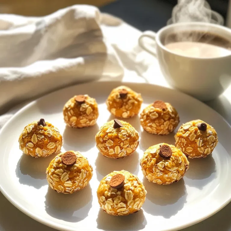 - 1 cup rolled oats - 1/2 cup almond butter - 1/4 cup pure maple syrup - 1/2 cup pumpkin puree - 2 teaspoons pumpkin spice seasoning - 1 teaspoon instant coffee granules These main ingredients create a tasty base for our bites. The oats give a nice texture. Almond butter adds richness, while maple syrup brings sweetness. Pumpkin puree offers moisture and flavor. Pumpkin spice adds warmth, and instant coffee gives a nice kick. - 1/4 cup shredded coconut - 1/4 cup mini chocolate chips These optional add-ins can change the flavor and texture. Shredded coconut adds chewiness. Mini chocolate chips bring a sweet surprise. You can mix and match based on what you like! - Alternative nut butters: You can use peanut butter or cashew butter. - Sweetener options: Honey or agave syrup work well too. - Dairy-free alternatives: Use any nut butter and make sure your chocolate chips are dairy-free. These substitutions help you adjust the recipe. You can fit it to your taste or dietary needs! Start by mixing the base ingredients in a large bowl. Add the rolled oats, almond butter, pure maple syrup, pumpkin puree, pumpkin spice, and instant coffee granules. Use a sturdy spoon to blend everything well. The goal is to get a thick, sticky dough. This texture is key. If you like, fold in shredded coconut and mini chocolate chips for extra flavor. Next, chill the mixture in the refrigerator. Let it sit for about 15 minutes. This step helps firm up the mix, making it easier to shape later. You’ll notice the mixture becomes a bit more solid. This is important for shaping the bites. After chilling, remove the mixture from the fridge. Scoop out about 1 tablespoon of the mix with your hands. Roll each portion into compact balls. Place them on a parchment-lined baking sheet. This makes it easy to take them off later. Chill the bites again for 30 minutes. This second chill helps them hold their shape and texture. To enhance the flavor of your No-Bake Pumpkin Spice Latte Bites, consider adding a touch of vanilla extract. This small addition brings warmth and depth to the bites. You might also try adding a pinch of sea salt. It can balance the sweetness and help the spices shine. Pair these bites with a warm cup of coffee for a cozy treat. They also go well with a scoop of vanilla ice cream for dessert. To ensure your bites stay moist but not too sticky, use the right amount of nut butter. If your mixture seems too dry, add a bit more maple syrup or pumpkin puree. If it’s too sticky, try adding a bit of oats. This keeps your bites firm yet chewy. Always adjust the mixture based on your preference. For a lovely presentation, arrange the bites on a decorative plate. Dust them lightly with extra pumpkin spice for a festive look. You can also place them next to a small cup of warm coffee. This adds a cozy touch and makes your serving more inviting. Use seasonal decorations, like small pumpkins, to create a charming display. {{image_4}} You can change up the flavors in your No-Bake Pumpkin Spice Latte Bites. Try adding chocolate or peanut butter for a new twist. For a chocolate version, use chocolate nut butter. You might also add cocoa powder for a rich taste. If you love peanut butter, switch the almond butter for crunchy or creamy peanut butter. Adjust the seasonal spices to match your mood. If you want a holiday vibe, add nutmeg or cinnamon. You can also try chai spice for a warm, cozy flavor. You can make your bites healthier by lowering the sugar or fat. Use less maple syrup or switch it for a sugar substitute. This keeps the sweetness but cuts calories. You can also use less nut butter. Adding protein or superfoods gives a nutrition boost. Consider adding protein powder or ground flaxseeds. These ingredients help you feel full longer. They also add fiber and healthy fats. If you need gluten-free options, use certified gluten-free oats. This way, everyone can enjoy the bites. You can also swap out regular nut butter for a nut-free version like sunflower seed butter. For a vegan version, ensure the maple syrup is organic. All other ingredients are plant-based, making these bites a great vegan treat! To keep your No-Bake Pumpkin Spice Latte Bites fresh, store them in an airtight container. This prevents moisture from ruining their texture. Place the container in the refrigerator. They will stay good for up to one week. You can freeze these bites for later. Just put them in a freezer-safe container. They will last for about three months in the freezer. When you’re ready to eat them, thaw them in the fridge overnight. To keep the flavors intact, avoid exposing the bites to air. Check for any signs of spoilage, like an off smell or mold. If you notice these signs, it’s best to throw them away. Enjoy your delicious bites while they’re fresh! No-Bake Pumpkin Spice Latte Bites last about one week in the fridge. Store them in an airtight container. If you want them to stay fresh, keep them cold. After a week, they may lose their flavor and texture. Yes, you can make these bites ahead of time. Prepare them a day or two in advance. Just chill them well before serving. This helps the flavors blend nicely. If you make extra, store them in the fridge for later. You can serve these bites with warm coffee or a latte. They pair well with chai tea, too. For snacks, try some fresh fruit or nuts. A bit of whipped cream on the side adds a nice touch. Enjoy mixing and matching! This blog post covered how to make tasty No-Bake Pumpkin Spice Latte Bites. We explored key ingredients, methods for mixing and chilling, and tips for flavor and texture. I shared ways to customize the bites with variations and substitutions to fit your needs. Storing them correctly keeps them fresh longer. These bites are simple and fun to make. Enjoy your time in the kitchen, and share these yummy treats with friends!
