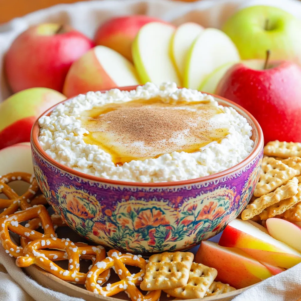 - 1 cup cottage cheese (low-fat or full-fat) - 1/4 cup Greek yogurt (for extra creaminess) - 2 tablespoons maple syrup (or honey) - 1 teaspoon vanilla extract (for flavor) - 1 teaspoon ground cinnamon (plus extra for garnish) - 1/4 teaspoon ground nutmeg - A pinch of salt (to enhance sweetness) - 2 tablespoons almond flour (or oat flour for thickness) - 1/4 cup chocolate chips (for added sweetness and texture) - Sliced apples - Graham crackers - Pretzels Cottage cheese is the star of this dip. It gives a creamy base and packs in protein. I like to use low-fat or full-fat cottage cheese, based on what I have. Greek yogurt adds creaminess and a bit of tang. Sweetness comes from maple syrup. If you prefer honey, that works too! The flavor shines with vanilla extract, ground cinnamon, nutmeg, and a pinch of salt. These spices create that classic snickerdoodle taste. For those who want a thicker dip, I suggest almond flour or oat flour. They add a nice texture. If you love chocolate, toss in some chocolate chips for extra fun. When it comes to dipping, I love sliced apples for a crunchy bite. Graham crackers are sweet and pair well. Pretzels add saltiness, balancing the dip's sweetness. Enjoy experimenting with these options! 1. Start with a mixing bowl. Add 1 cup of cottage cheese and 1/4 cup of Greek yogurt. 2. Blend them together using a hand mixer or food processor. Blend until the mixture is smooth and creamy. 3. Next, add 2 tablespoons of maple syrup, 1 teaspoon of vanilla extract, 1 teaspoon of ground cinnamon, 1/4 teaspoon of ground nutmeg, and a pinch of salt. 4. Blend again until all the ingredients mix well. The dip should be creamy and well combined. 1. To make the dip thicker, gently fold in 2 tablespoons of almond flour or oat flour. 2. If you like extra sweetness, now is the time to stir in 1/4 cup of chocolate chips. This adds a nice texture and flavor. 1. Spoon the dip into a colorful serving bowl. 2. For a beautiful touch, dust the top with extra ground cinnamon. You can also drizzle a bit of maple syrup on top. 3. Serve the dip right away with sliced apples, graham crackers, or pretzels for dipping. Enjoy! To get the best texture for your dip, blend the cottage cheese and Greek yogurt well. I suggest using a hand mixer or food processor. This makes the dip smooth and creamy. Avoid lumps for the best taste. If you want it thicker, add almond flour or oat flour. You can also use extra yogurt to adjust the thickness. Just blend until you reach your desired creaminess. Feel free to play with the sweetener levels. If you like it sweeter, add more maple syrup or honey. You can also try different sweeteners based on your taste. For extra texture and crunch, think about adding nuts or dried fruits. Chopped pecans or raisins can make this dip even better. Just mix them in gently after blending. Presentation matters! Use colorful bowls to make your dip stand out. A bright bowl looks great on any table. For a fun touch, drizzle a bit of maple syrup on top. You can also sprinkle some extra cinnamon for flair. Arrange your dippers, like sliced apples or graham crackers, around the dip. This creates an inviting look that makes people want to dig in! {{image_4}} You can twist the classic snickerdoodle flavor in fun ways. Try adding nut butter for a rich and nutty taste. You can also mix in some cocoa powder for a chocolatey version. If you want a burst of flavor, use flavored Greek yogurt, like vanilla or cinnamon. This gives your dip a unique twist while keeping it creamy. Change the dip with the seasons. In fall, add pumpkin spice for a cozy flavor. Just mix in a teaspoon of pumpkin spice with your base. For summer, try berry-infused versions. Add fresh berries or a berry puree to the mix. This brightens the dip and adds a fruity touch that’s perfect for warm days. If you're vegan, use plant-based yogurt and cottage cheese. Almond or soy yogurt works well. Just ensure it has a similar texture. For gluten-free modifications, use almond flour or certified gluten-free oat flour. This way, everyone can enjoy this tasty treat without worries. To keep your High-Protein Snickerdoodle Cottage Cheese Dip fresh, store it in the fridge. Use an airtight container to prevent it from drying out. Glass containers work well, as they do not absorb odors. If you plan to use it later, make sure to label the container with the date. This dip stays fresh for about 3 to 5 days in the fridge. Check for signs of spoilage before eating. If you notice any off smells, discoloration, or mold, it's best to toss it. Always trust your senses when it comes to food safety. You can freeze this dip if you want to keep it longer. Use a freezer-safe container, leaving some space at the top for expansion. When you are ready to eat it, thaw it in the fridge overnight. For the best texture, stir it well after thawing. Yes, you can make this dip ahead of time. Just store it in the fridge. Here are some tips: - Mix and chill: Prepare the dip and let it chill for at least an hour. - Cover well: Use plastic wrap or a tight lid to keep it fresh. - Garnish later: Add any garnishes, like cinnamon, just before serving. If you cannot use cottage cheese, here are some good options: - Ricotta cheese: It has a similar texture and mild flavor. - Greek yogurt: This will add creaminess and protein. - Silken tofu: A great vegan option that blends well. Yes, this dip works well for meal prep. Here are best practices for storage: - Portion it out: Use small containers for easy grab-and-go snacks. - Keep it cool: Store in the fridge to maintain freshness. - Enjoy within a week: This dip stays good for about 5 to 7 days. This dip combines healthy ingredients like cottage cheese and Greek yogurt, creating a tasty treat. You can customize it with add-ins or dips like apples and pretzels. Remember to blend well for a smooth texture and feel free to experiment with flavors. This dip is easy to make ahead and perfect for sharing. With the right storage, it stays fresh for days. Enjoy trying different variations and impress your friends with your tasty creations!