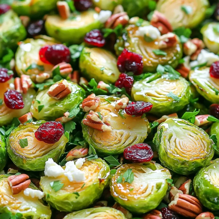 - 1 lb Brussels sprouts, trimmed and halved - 1/4 cup extra virgin olive oil - 3 tablespoons pure maple syrup - 1 tablespoon Dijon mustard - 1 tablespoon apple cider vinegar - Freshly ground salt and pepper, to taste - 1/2 cup dried cranberries - 1/2 cup pecans, coarsely chopped - 1/4 cup feta cheese, crumbled (optional) - Fresh parsley, chopped, for garnish Alternatives for Brussels sprouts: You can use green beans or broccoli. Both will give a nice crunch. Substitutes for maple syrup: Honey or agave nectar work well. They add sweetness without losing flavor. Other types of nuts to use: Try walnuts or almonds for a different twist. Both add a rich taste and texture. 1. Start by preheating your oven to 400°F (200°C). This heat helps the Brussels sprouts roast well. 2. Take 1 pound of Brussels sprouts and trim their ends. Cut each one in half. 3. In a large bowl, toss the halved sprouts with 1/4 cup of extra virgin olive oil. 4. Season them with freshly ground salt and pepper. Make sure they are well coated. 1. Spread the seasoned Brussels sprouts in a single layer on a baking sheet. 2. Place the baking sheet in the oven and roast for 20-25 minutes. 3. Flip the sprouts halfway through for even roasting. Look for a nice golden brown color. 1. While the sprouts roast, mix your dressing. In a small bowl, whisk together 3 tablespoons of pure maple syrup, 1 tablespoon of Dijon mustard, and 1 tablespoon of apple cider vinegar. 2. Add a pinch of salt and pepper. Whisk until the dressing is well combined and smooth. 1. Once the Brussels sprouts are roasted, remove them from the oven and let them cool for 5 minutes. 2. In a large salad bowl, combine the warm sprouts with the maple Dijon dressing. Toss gently to coat all the sprouts. 3. Add 1/2 cup of dried cranberries and 1/2 cup of coarsely chopped pecans. Toss again to mix everything together. 4. If you like, sprinkle 1/4 cup of crumbled feta cheese on top for extra flavor. 5. Finish by garnishing with freshly chopped parsley for a bright touch. To get crispy roasted Brussels sprouts, start by cutting them in half. This helps them cook evenly. Toss them with olive oil and season well with salt and pepper. Spread them on a baking sheet in a single layer. This allows each sprout to roast nicely. Roast them at 400°F (200°C) for 20 to 25 minutes. Flip them halfway through for even browning. Add the dried cranberries and pecans after the sprouts cool for about 5 minutes. This keeps them fresh and crunchy. For an elegant presentation, serve the salad in a large bowl or on individual plates. Drizzle a little extra maple syrup on top before serving. This adds a nice touch. Pair this salad with grilled chicken or salmon for a complete meal. It also goes well with any holiday spread. To store leftovers, place the salad in an airtight container. Keep it in the fridge for up to three days. The flavors will blend nicely over time, but the sprouts may lose some crunch. If you want to keep them crisp, store the dressing separately. Mix it with the salad right before eating. {{image_4}} For a vegan version of the salad, simply skip the feta cheese. You can also use a plant-based yogurt for creaminess. This keeps your salad tasty and plant-friendly. For low-carb options, swap out the dried cranberries for unsweetened coconut flakes or sunflower seeds. This change reduces the sugar and keeps the crunch. You can add seasonal vegetables to your salad for a fresh twist. Try using roasted butternut squash or sweet potatoes during fall. In spring, consider adding peas or asparagus for vibrant color. If you want to experiment with different dressings, a balsamic vinaigrette or tahini dressing works well. These alternatives bring new flavors to your dish. Adding fresh herbs can really boost the flavor. Try tossing in some thyme or rosemary for an earthy aroma. Cilantro also brightens the taste with its fresh notes. For spices that complement the salad, consider a pinch of smoked paprika or cayenne pepper. These spices add warmth and depth, enhancing the overall flavor profile of your dish. Each serving of Maple Dijon Brussels Sprout Salad has around 250 calories. This salad is a great choice for a light meal. It packs a balanced macronutrient punch. Each serving contains roughly 30 grams of carbs, 15 grams of fats, and 5 grams of protein. The carbs mainly come from the Brussels sprouts and cranberries. The fats are healthy, coming from the olive oil and pecans. Brussels sprouts are nutrient-dense. They are high in vitamins C and K. These vitamins help support your immune system and promote healthy bones. They also have fiber, which aids digestion and keeps you feeling full. Using olive oil in this salad is a smart choice. It contains healthy fats that can lower bad cholesterol. Olive oil also has antioxidants, which help fight inflammation. Together, these ingredients boost overall health and wellness. A good serving size for this salad is about one cup. This amount allows you to enjoy the flavors without overdoing it. This salad fits well into a balanced diet. It combines healthy fats, fiber, and natural sweetness. You can serve it as a main dish or a side. It pairs well with grilled chicken or fish. Enjoying this salad can help you meet your daily veggie goals! Can I make Maple Dijon Brussels Sprout Salad ahead of time? Yes, you can make this salad ahead of time. Prepare the salad without dressing. Store it in the fridge for up to 24 hours. When ready to serve, toss it with the dressing. This will keep the sprouts crisp. Is this salad suitable for meal prep? Absolutely! This salad works well for meal prep. Just pack the salad components separately. Keep dressing in a small container. This way, your salad stays fresh and tasty throughout the week. What are the best alternatives to feta cheese? If you want to skip feta cheese, try goat cheese or a vegan cheese. Both give creaminess. You can also use avocado for a rich, smooth texture. How long can I store the salad in the fridge? You can store the salad in the fridge for about 2-3 days. Keep it in an airtight container. If dressed, the sprouts may get soggy. So, add dressing just before eating. Can I freeze the salad? Freezing this salad is not recommended. The texture of Brussels sprouts and other ingredients changes when frozen. It's best to enjoy it fresh. Can I use frozen Brussels sprouts? You can use frozen Brussels sprouts, but fresh ones taste better. Frozen sprouts may lack crunch. If using frozen, thaw and drain them well before cooking. What's the best type of maple syrup to use? I recommend using pure maple syrup. It has a rich flavor and depth. Avoid imitation syrup, as it lacks the same quality and taste. This blog covers how to make a tasty Maple Dijon Brussels Sprout Salad. We discussed key ingredients, preparation steps, and tips for perfecting the dish. You learned about ingredient substitutes and variations to suit your needs. This salad is not only delicious but also packed with nutrients. Remember, enjoy experimenting with flavors to make it your own. Prepare, serve, and relish this healthy dish at your next meal!