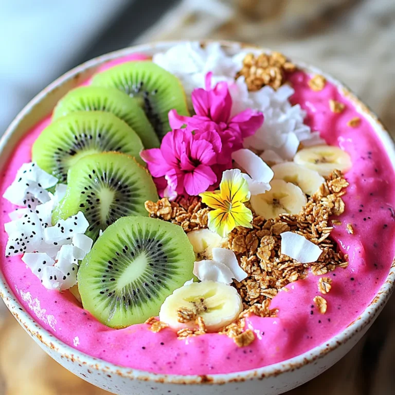 To make a Tropical Dragon Fruit Smoothie Bowl, gather these main ingredients: - 1 large dragon fruit, flesh scooped out and in chunks - 1 ripe banana, frozen - 1 cup coconut milk (or almond milk) - 1/2 cup pineapple chunks (fresh or frozen) - 1 tablespoon chia seeds These ingredients create a creamy, vibrant base for your bowl. The dragon fruit gives a stunning pink color. The frozen banana adds smoothness and sweetness. Coconut milk brings a rich, tropical flavor. Pineapple adds a bright, fruity touch, while chia seeds boost nutrition. You can add sweeteners or flavorings for extra taste. Consider using: - 1 tablespoon honey - 1 tablespoon maple syrup These sweeteners are optional. If you prefer a sweeter bowl, add one of them. Adjust to your taste. Toppings make your smoothie bowl fun and pretty. Here are some tasty options: - Fresh kiwi, sliced - Granola, for crunch - Coconut flakes, for a tropical touch - Edible flowers, for a beautiful garnish Feel free to mix and match toppings. They add texture and color to your dish. Enjoy making your Tropical Dragon Fruit Smoothie Bowl a feast for the eyes and the taste buds! First, gather all your ingredients. You need: - 1 large dragon fruit, flesh scooped out and in chunks - 1 ripe banana, frozen - 1 cup coconut milk (or almond milk) - 1/2 cup pineapple chunks (fresh or frozen) - 1 tablespoon chia seeds - 1 tablespoon honey or maple syrup (optional) Next, scoop the dragon fruit flesh into a bowl. Cut the frozen banana into smaller pieces. If you use fresh pineapple, chop it into chunks. Measure out the coconut milk and chia seeds. This prep helps the blending go smoothly. Now, it’s time to blend! Add the dragon fruit, banana, coconut milk, pineapple, chia seeds, and sweetener into your blender. Blend on high speed until everything is smooth and creamy. If it seems too thick, add a splash of coconut milk. Scrape down the sides to mix well. You want a nice, thick texture that stays in your bowl. Once your smoothie is blended, pour it into a bowl. Create an even layer for the toppings. Begin by arranging sliced kiwi around the edge of the smoothie. Next, sprinkle granola in the center for crunch. Add coconut flakes for a tropical touch. Finally, place a few edible flowers on top for a beautiful finish. Now you’re ready to dive in! Enjoy this tasty tropical treat right away. You can mix the toppings into the smoothie as you eat. To get the perfect smoothie bowl, you want it thick and creamy. Start with a frozen banana; it adds a nice texture. If your mixture seems too thick, slowly add coconut milk. Blend again until smooth. Scrape down the sides of the blender to mix all ingredients well. You can also adjust the milk to get your desired thickness. Not a fan of dragon fruit? You can swap it for another fruit like mango or berries. If you don’t have coconut milk, almond milk works great too. You can use any fruit that you like! For the sweetener, honey or maple syrup is optional. You can skip it if your fruits are sweet enough. Want to take your smoothie bowl to the next level? Try adding a scoop of protein powder for extra nutrition. You can also mix in some spinach for a healthy kick without changing the taste. For a nutty flavor, add a tablespoon of almond or peanut butter. These add-ins make your bowl even more delicious and fun! {{image_4}} Dragon fruit is bright and fun. It has many good things for your body. It is low in calories and high in fiber. This helps your digestion and keeps you full. Dragon fruit also has vitamin C, which helps your skin stay healthy. It has antioxidants that fight free radicals. This means it helps protect your cells. Eating dragon fruit may support heart health, too. The smoothie has more than just dragon fruit. Each ingredient adds its own benefits. Bananas give you potassium and energy. Coconut milk adds healthy fats and creaminess. Pineapples have bromelain, which helps with digestion. Chia seeds are tiny but mighty. They are full of fiber, protein, and omega-3 fatty acids. These nutrients work together to keep you feeling great! Chia seeds are small but powerful. They can soak up water and help you stay full. This means you might eat less later on. They are packed with fiber and protein. This helps your body recover after exercise. Plus, chia seeds are rich in omega-3s, which are good for your heart. You can add them to many recipes for a health boost! You can switch up the fruits in your smoothie bowl. Try mango or papaya for a sweet twist. You can also add passion fruit for a tangy flavor. If you want more texture, use diced fresh fruit. You can mix in berries like strawberries or blueberries for color and taste. These fruits pair well with dragon fruit and keep the tropical vibe. If you want a dairy-free smoothie bowl, coconut milk works great. You can also use almond or oat milk. These milks keep it creamy but light. If you want a nut-free option, use rice milk. Each choice adds a unique flavor. This way, you can enjoy the smoothie bowl without dairy. Sweetness is key in a smoothie bowl. If you like it sweet, add honey or maple syrup. Start with a small amount, then taste and adjust. You can also use ripe bananas for natural sweetness. If you prefer less sugar, skip the sweetener. The fruits already provide a lot of sweetness. This lets you make the bowl just right for your taste buds. Yes, you can use fresh dragon fruit. Fresh dragon fruit gives a lighter texture. It may create a less creamy smoothie. If you want a thicker bowl, add more frozen fruit, like bananas or pineapples. You should eat the smoothie bowl right away. If you must store it, keep it in the fridge. It can last for about 1 day. However, the toppings may get soggy, and the color may change. For best taste, enjoy it fresh! You can get creative with toppings! Here are some fun ideas: - Sliced strawberries for a sweet kick - Blueberries for a burst of flavor - Nuts for added crunch - Seeds like pumpkin or sunflower for nutrition - A drizzle of nut butter for richness Feel free to mix and match based on your tastes! This blog post covered the key steps to make a smoothie bowl. You learned about the main ingredients, optional sweeteners, and toppings. I shared tips for blending and achieving the right texture. We explored the nutritional benefits of dragon fruit and other ingredients. You can try different fruit variations to customize your bowl. In closing, making a smoothie bowl is easy and fun. It’s a great way to enjoy healthy foods. Dive in and create your perfect bowl today!