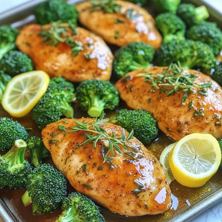 - Boneless, skinless chicken breasts (4 pieces) - Broccoli florets (1 pound) - Garlic (4 cloves, minced) - Fresh rosemary (1 tablespoon, finely chopped) - Fresh thyme (1 tablespoon, finely chopped) - Smoked paprika (1 teaspoon) - Red pepper flakes (1/4 teaspoon, optional) - Olive oil (3 tablespoons) - Lemon (zest of 1, plus 1 tablespoon lemon juice) - Salt and pepper (to taste) This garlic herb chicken and broccoli sheet pan meal shines with simple, fresh ingredients. You need four boneless, skinless chicken breasts to form the base of this dish. They cook beautifully and soak up all the flavors from the marinade. A pound of broccoli florets adds color, crunch, and nutrition. Garlic brings a rich, aromatic punch. I love using four cloves, minced finely, to ensure every bite is full of that garlicky goodness. For the herbs and seasonings, I use fresh rosemary and thyme, each one tablespoon finely chopped. They add earthiness that elevates the dish. Smoked paprika gives a hint of warmth, while red pepper flakes bring a bit of heat if you like spice. Don’t forget the oils and acid! Three tablespoons of olive oil help everything roast nicely. Zest from one lemon brightens the flavors, along with one tablespoon of lemon juice. Season with salt and pepper to taste. Gather these ingredients, and you’re ready to create a tasty, easy meal! - Preheat your oven to 400°F (200°C). - Line a large baking sheet with parchment paper. This helps make cleanup easy. - In a bowl, combine 3 tablespoons of olive oil with minced garlic, chopped rosemary, and thyme. - Add smoked paprika, red pepper flakes (if you want some heat), lemon zest, and lemon juice. - Mix well until you have a fragrant marinade. - Place 4 boneless chicken breasts in a bowl or a resealable bag. - Pour the marinade over the chicken, coating it well. - For the best flavor, let it marinate for at least 15 minutes. You can refrigerate it for up to 2 hours. - In a medium bowl, toss 1 pound of broccoli florets with 1 tablespoon of olive oil. - Season with salt and pepper to taste. - Make sure the florets are well-coated in oil and seasoning for great flavor. - On the lined baking sheet, place the marinated chicken on one side. - Spread the seasoned broccoli on the other side. - Bake in the preheated oven for 25-30 minutes. - The chicken should reach an internal temperature of 165°F (75°C), and the broccoli should be tender and slightly crisp. For the best flavor, marinate the chicken for at least 15 minutes. If you have time, refrigerate it for up to 2 hours. This extra time lets the spices blend into the meat. I like to use a resealable plastic bag because it helps coat the chicken evenly. Just toss the chicken and marinade together in the bag, seal it, and shake it well. To make sure the chicken and broccoli cook evenly, spread them out well on the baking sheet. Keep some space between the pieces. This helps hot air flow around the food. Always check the chicken’s internal temperature. It should reach 165°F (75°C) to be safe to eat. Use a meat thermometer for the best results. Serve the chicken and broccoli on a vibrant platter for a nice look. Drizzle any leftover juices from the pan over the top. This adds flavor and moisture. For a pop of color, garnish with fresh herbs and thin slices of lemon. A bright presentation makes the dish more inviting and fun. {{image_4}} You can switch up the herbs in this dish. Try adding oregano or basil for a twist. These herbs bring different tastes that can brighten your meal. You can also mix in other veggies like carrots or bell peppers. They add color and flavor. Just cut them into similar sizes to the broccoli. This way, everything cooks evenly. If you want to change the protein, salmon or tofu work great. Salmon gives a rich taste and pairs well with garlic. It cooks quickly and stays moist. Tofu is a good option for a plant-based meal. Use firm tofu for the best texture. Just marinate it like you do with chicken, and you will have a delicious dish. Adjust the spices to fit your taste. If you like heat, add more red pepper flakes. For a milder flavor, skip them altogether. You can also try different spices like cumin or curry powder. These can give your dish a unique flair. Don’t be afraid to experiment and find what you love! To store leftovers, place the chicken and broccoli in an airtight container. They will stay fresh for up to four days in the fridge. Make sure to let them cool down before sealing. This helps keep the food safe. For reheating, the oven works best. Preheat it to 350°F (175°C). Place the chicken and broccoli on a baking sheet. Cover them with foil to keep moisture in. Heat for about 15 minutes or until warm. You can also use a microwave, but this may make the chicken less tender. You can freeze the chicken and broccoli. Place them in a freezer-safe bag or container. Remove as much air as you can to avoid freezer burn. They can last up to three months in the freezer. To defrost, place them in the fridge overnight before reheating. This helps keep the texture nice. The best way to ensure chicken is cooked well is to use a meat thermometer. Insert it into the thickest part of the chicken breast. The safe cooking temperature for chicken is 165°F (75°C). This method gives you accuracy and peace of mind. It prevents overcooking, which can make chicken dry. Always check multiple pieces if you cook more than one. Yes, you can make this Garlic Herb Chicken and Broccoli ahead of time. Marinate the chicken a few hours before cooking. You can also marinate it the night before for more flavor. Store the marinated chicken in the fridge. Prepare the broccoli right before cooking. This way, everything stays fresh and tasty. You can serve many tasty sides with this dish. Here are some ideas: - Rice or quinoa for a hearty base - Mashed potatoes for creaminess - A simple green salad for freshness - Crusty bread to soak up juices - Roasted carrots for extra color and flavor These sides will balance the meal and make it even more enjoyable. This blog post covers how to make a tasty garlic herb chicken with broccoli. You learned about the main ingredients, how to marinate and bake, and helpful tips for the best results. Remember, marinating adds flavor, and checking the chicken’s temperature is key. Feel free to experiment with different herbs and proteins. Enjoy your cooking adventures, and make this dish your own. You’ll create delicious meals that impress family and friends. Happy cooking!