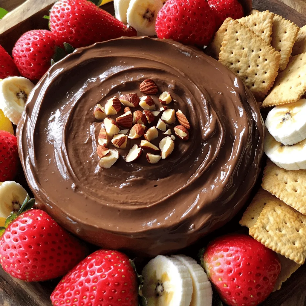 - 8 oz cream cheese, softened to room temperature - 1/2 cup powdered sugar, sifted for smoothness - 1/2 cup chocolate hazelnut spread - 1/4 cup heavy cream, chilled - 1 teaspoon pure vanilla extract - 1/2 cup finely chopped hazelnuts (optional, for garnish) To make the Chocolate Hazelnut Cheesecake Dip, you need some key ingredients. First, start with softened cream cheese. This makes mixing easy and smooth. Next, you will need powdered sugar. Sifting it helps avoid lumps. For that delicious chocolate flavor, grab a good quality chocolate hazelnut spread, like Nutella. You’ll also need heavy cream, which adds richness. Pure vanilla extract gives the dip a warm flavor. Finally, you can add finely chopped hazelnuts as a garnish for a crunchy touch. - Fresh fruit varieties - Graham crackers and alternatives You have many fun options for dipping! Fresh fruits like strawberries, bananas, and apple slices go great with this dip. The fruit adds a nice tartness that balances the sweetness. Graham crackers are another classic choice. You can even try cookies or pretzels for a twist. These options make this dip a perfect treat for parties or cozy nights at home. 1. Start with 8 oz of cream cheese. Make sure it is soft. Place it in a medium bowl. 2. Beat the cream cheese using an electric mixer. Mix on medium speed for 1-2 minutes. It should be smooth and creamy. 3. Gradually add 1/2 cup of sifted powdered sugar. Keep mixing until it is light and fluffy. This takes about another minute. 4. Now, it's time to mix in 1/2 cup of chocolate hazelnut spread. Blend it well. 5. Add 1/4 cup of chilled heavy cream and 1 teaspoon of vanilla extract. Mix for 2-3 minutes until the dip is velvety. 1. Taste your dip. If you want it sweeter, fold in more powdered sugar. Add one tablespoon at a time and mix well. 2. Carefully transfer the dip into a nice serving bowl. Use a spatula to smooth the top. 3. If you like, sprinkle 1/2 cup of finely chopped hazelnuts on top. This adds a nice crunch. 4. Serve the dip right away with fresh fruit like strawberries or bananas. You can also use graham crackers for dipping. If you prefer, chill the dip for 30 minutes to let the flavors blend better. To make the best Chocolate Hazelnut Cheesecake Dip, start with cream cheese. It must be soft. If your cream cheese is too cold, the dip won’t mix well. Let it sit out for about 30 minutes. This makes it easy to beat. Next, when you mix in the flavors, do it slowly. First, add the powdered sugar. Mix until it’s fluffy. Then, fold in the chocolate hazelnut spread. This gives your dip a rich flavor. Finally, add the heavy cream and vanilla. Mix until smooth. If you want it sweeter, add more powdered sugar. Just a tablespoon at a time works best. A beautiful dip deserves a lovely presentation. Use a colorful platter for your fruit and graham crackers. It makes the dip pop. A decorative bowl for the dip adds charm too. When serving, add a small spoon. This makes dipping easy. You can also sprinkle chopped hazelnuts on top. It adds crunch and looks nice. For a fun twist, arrange the fruit in a fan shape around the dip. This draws the eye and makes it more inviting. {{image_4}} You can easily change the taste of your dip. Adding different extracts adds fun layers. Try almond or hazelnut extract for a twist. Just one teaspoon can make a big difference. Mixing in chocolate chunks is another great idea. Use semi-sweet or dark chocolate for depth. This will give your dip a rich, delicious texture. You can fold in chunks right before serving. If you need gluten-free options, fresh fruit is perfect. Strawberries, bananas, and apple slices work well. They add flavor and color to your plate. You can also use gluten-free graham crackers for dipping. For a vegan option, swap cream cheese with a plant-based alternative. There are many brands that taste great. Use coconut cream for a creamy texture. This way, you can enjoy the dip without dairy. To keep your Chocolate Hazelnut Cheesecake Dip fresh, you need to store it well. First, place any leftover dip in an airtight container. This helps to keep moisture out and the flavors in. Make sure to refrigerate it right away. The dip stays good for about three days in the fridge. If you want it to last longer, consider freezing it. However, freezing can change the texture, so I recommend only refrigerating if possible. When you want to serve the dip again, take it out of the fridge. Let it sit at room temperature for about 15 minutes. This helps soften it back up. Stir the dip gently to mix it well before serving. If you find it too thick, add a splash of heavy cream to bring back its smoothness. Enjoy your dip chilled or at room temperature with your favorite fruits or graham crackers! Yes, you can make this dip ahead of time. Prepare it and store it in the fridge. Cover it tightly with plastic wrap or a lid. It will stay fresh for about two days. Just give it a good stir before serving. Many fruits match well with this dip. Here are some great options: - Strawberries - Bananas - Apple slices - Pears - Pineapple These fruits provide a nice balance to the rich flavors of the dip. Taste your dip as you make it. If it seems too sweet, add a pinch of salt. This helps to balance the flavors. You can also add a bit of cream cheese to tone it down. Freezing this dip is not the best option. It can lose its creamy texture when thawed. If you still want to freeze it, store it in a airtight container. Thaw it in the fridge before serving, but be aware of texture changes. This blog post covered the key ingredients and steps to create a tasty Chocolate Hazelnut Cheesecake Dip. I shared tips for perfecting your dip and offered ideas for variations and storage. Remember, with the right ingredients and techniques, you can whip up this dip easily. Try different fruits, and feel free to adjust the sweetness to your liking. Keep exploring flavors and enjoy every bite. This dip is sure to be a hit at any gathering!