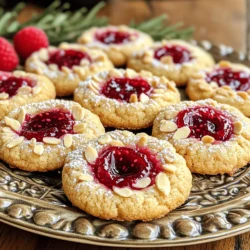 To make raspberry almond thumbprint cookies, gather these ingredients: - 1 cup unsalted butter, softened to room temperature - 1/2 cup granulated sugar - 1/2 cup packed brown sugar - 1 teaspoon vanilla extract - 1 teaspoon almond extract - 2 1/4 cups all-purpose flour - 1 teaspoon baking powder - 1/4 teaspoon salt - 1/2 cup finely chopped almonds (plus extra for garnish) - 1/2 cup raspberry jam (or your preferred fruit jam) You can swap some ingredients if needed: - Use coconut oil instead of butter for a dairy-free option. - Substitute honey or maple syrup for granulated sugar for a natural sweetener. - For a nut-free version, skip the almonds and use sunflower seeds. - Choose any jam you love, like strawberry or apricot, instead of raspberry. Select the best ingredients for great flavor: - Butter: Look for unsalted butter. It gives you control over salt levels. - Sugar: Choose organic sugar for a cleaner taste. - Almonds: Pick fresh, raw almonds. This keeps the flavor bright and nutty. - Jam: Use high-quality fruit jam. It should have real fruit and minimal additives. These tips make your cookies taste amazing and stand out! Start by preheating your oven to 350°F (175°C). This step is key to baking your cookies evenly. Line a baking sheet with parchment paper. This will stop the cookies from sticking and make cleanup easy. In a large mixing bowl, add 1 cup of softened unsalted butter, 1/2 cup of granulated sugar, and 1/2 cup of packed brown sugar. Use an electric mixer on medium speed. Beat the mixture for about 2 to 3 minutes until it looks smooth and fluffy. This step gives your cookies a light texture. In a separate bowl, whisk together 2 1/4 cups of all-purpose flour, 1 teaspoon of baking powder, and 1/4 teaspoon of salt. This helps mix the dry ingredients evenly. Gradually add the dry mix to the wet ingredients. Stir gently with a spatula or wooden spoon until just combined. Be careful not to overmix. This keeps your cookies soft and tender. Finally, fold in 1/2 cup of finely chopped almonds. Make sure they are mixed well into the dough. To make great raspberry almond thumbprint cookies, keep an eye on the dough. Overmixing can make them tough. Mix until just combined. Also, be careful not to press too hard when making the wells. A light touch creates a perfect space for jam. Watch the baking time, too. If they brown too much, the flavor changes. Texture is key for these cookies. Use room-temperature butter. This helps create a soft, fluffy mixture. For flavor, fresh extracts make a big difference. Almond and vanilla extracts should be good quality for the best taste. Don’t skip the chopped almonds. They add a nice crunch that pairs well with the jam. Presentation matters! After cooling, place the cookies on a pretty plate. A light dusting of powdered sugar makes them look special. Add fresh raspberries around the cookies for color and flavor. For extra crunch, sprinkle more chopped almonds on top. This makes your cookies not just tasty but also lovely to look at! {{image_4}} You can switch up the jam in these cookies. Try using strawberry, blueberry, or apricot jam. Each option adds a new twist to the flavor. You can even use lemon curd for a zesty kick. Just keep the same amount as the raspberry jam. This way, you can enjoy a different taste each time. If you need nut-free cookies, skip the almonds. Use sunflower seeds instead for a crunch. For gluten-free cookies, swap all-purpose flour with a gluten-free blend. Make sure it has xanthan gum in it to help with texture. These simple changes keep the cookies tasty for everyone. You can play with the flavors in these cookies. Instead of almond extract, use coconut or hazelnut extract. This small change can make a big difference. You can also add a bit of orange or lemon zest for a fresh touch. Experimenting with flavors can lead to fun new treats! To keep your raspberry almond thumbprint cookies fresh, store them in an airtight container. This helps maintain their softness and flavor. Place parchment paper between layers of cookies to prevent sticking. Avoid keeping them in warm or humid areas, as this can make them soggy. When stored properly, these cookies can last up to one week at room temperature. If you want them to last longer, consider freezing them. The flavor will stay great, and the cookies will still taste fresh when you enjoy them later. To freeze raspberry almond thumbprint cookies, first, let them cool completely. Then, place them in a single layer on a baking sheet. Freeze until solid, about 1-2 hours. After that, transfer them to a freezer bag or container. They can last up to three months in the freezer. When you're ready to eat, let them thaw at room temperature. Enjoy the same great taste! Yes, you can. If you want to skip the almonds, use another nut or none at all. You can also try sunflower seeds for a nut-free option. Just remember, this will change the taste and texture a bit. You can use any fruit jam you like. Strawberry, blueberry, or apricot jam works well too. The flavor will shift, but it will still taste great. You can even use chocolate spread for a fun twist. To make your cookies softer, try adding an extra egg yolk. This adds moisture. You can also bake them for a shorter time. Check them at the 10-minute mark and remove them while still soft. Let them cool to finish setting. In this article, we covered key ingredients, detailed steps, and helpful tips for baking perfect cookies. You learned about substitutions, how to prep your space, and ways to avoid mistakes. We also explored variations for different diets and how to store your cookies properly. Remember, knowing the right ingredients and techniques makes all the difference. Enjoy baking, experimenting, and sharing your tasty results!