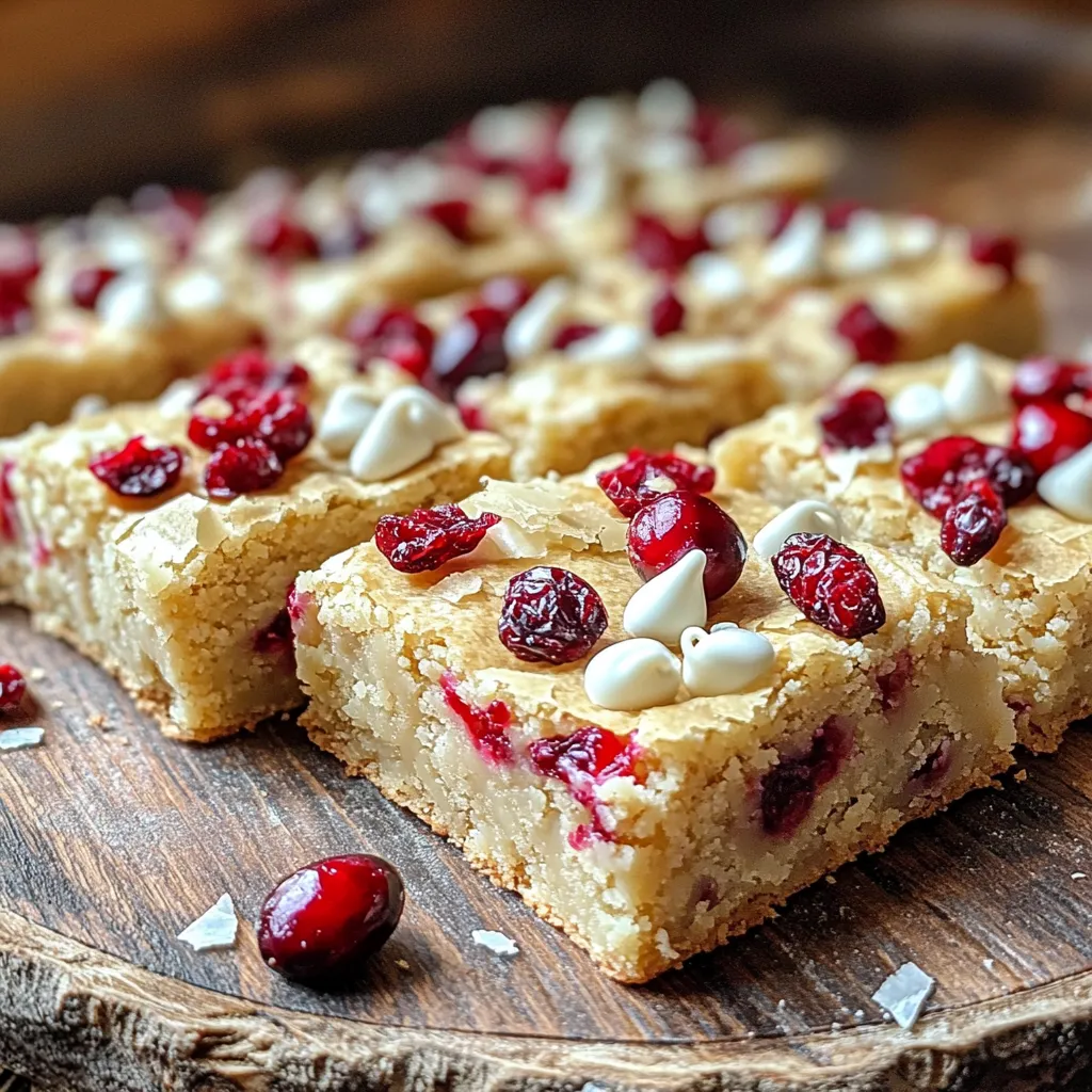 - 1 cup unsalted butter, melted - 1 cup packed light brown sugar - 1/2 cup granulated sugar - 2 large eggs - 2 teaspoons pure vanilla extract - 2 cups all-purpose flour - 1/2 teaspoon baking powder - 1/4 teaspoon fine salt - 1 cup white chocolate chips - 1 cup dried cranberries The base of these blondies is the unsalted butter. It gives a rich flavor and moist texture. Light brown sugar adds sweetness and a hint of caramel. The granulated sugar balances the sweetness. Eggs help bind the mix and add fluffiness. Pure vanilla extract enhances the overall taste. All-purpose flour is the main dry ingredient. It gives structure to the blondies. Baking powder helps them rise slightly, making them soft. Fine salt boosts all the flavors in the dessert. White chocolate chips melt beautifully, adding creaminess. Dried cranberries provide a tangy contrast that brightens each bite. For butter, I recommend using brands like Land O'Lakes or Challenge. They are high quality and melt well. For sugars, Domino is a reliable choice for both brown and granulated sugar. When it comes to eggs, I prefer large eggs from local farms or organic brands for freshness. For flour, King Arthur Baking Company offers a great all-purpose option. For the white chocolate chips, Ghirardelli or Nestlé Toll House are both excellent. Lastly, for dried cranberries, look for Ocean Spray or a local brand that uses no added sugar. First, gather all your ingredients. You will need butter, sugars, eggs, flour, baking powder, salt, white chocolate chips, and dried cranberries. This recipe is easy to follow and takes about 15 minutes to prep. You will bake the blondies for 25 to 30 minutes. 1. Preheat the Oven: Start by heating your oven to 350°F (175°C). Grease or line a 9x13 inch baking pan with parchment paper for easy removal. 2. Combine Wet Ingredients: In a large bowl, whisk together melted butter, light brown sugar, and granulated sugar. Make sure the mixture is smooth. 3. Add Eggs and Vanilla: Crack in the eggs, one at a time. Whisk well after each egg. Then, stir in pure vanilla extract for added flavor. 4. Mix Dry Ingredients: In another bowl, whisk together flour, baking powder, and salt. Gradually mix this into the wet ingredients. Stir gently until just blended. Avoid overmixing. 5. Fold in Chocolate and Cranberries: Gently fold in the white chocolate chips and dried cranberries. Make sure they are evenly mixed in without breaking them. 6. Transfer to Baking Pan: Pour the batter into the prepared baking pan. Spread it evenly using a spatula. 7. Bake: Place the pan in the oven. Bake for 25-30 minutes. Look for golden edges and use a toothpick to check for doneness. It should have a few moist crumbs. 8. Cool and Cut: Let the blondies cool in the pan for about 10 minutes. Then, transfer them to a wire rack to cool completely. After cooling, slice them into square pieces. - Make sure your oven is fully preheated before baking. - Use a light-colored pan to avoid burning the blondies. - Rotate the pan halfway through baking for even heat distribution. - Check for doneness a couple of minutes early to avoid overbaking. These steps will help you create tasty white chocolate cranberry blondies every time! To keep your blondies soft and chewy, do not overbake them. Check for doneness early. The edges should be golden, but the center can still look a bit undercooked. A toothpick should come out with a few moist crumbs. This means your blondies will stay soft and delicious. Mix your wet and dry ingredients separately first. This helps ensure even blending. When you combine them, stir gently. Overmixing can make the blondies tough. Just mix until you can no longer see dry flour. Then fold in the white chocolate and cranberries carefully. This keeps them intact and evenly spread. Use a 9x13 inch pan for the best results. A light-colored pan helps with even baking. Line it with parchment paper for easy removal. A rubber spatula works great for folding in ingredients. Lastly, a whisk will help you mix the wet ingredients well. Having the right tools makes your baking easier and more fun! {{image_4}} You can change the flavors in your blondies. For a fun twist, use dark chocolate chips instead of white. This gives a rich taste that pairs well with cranberries. You could also swap dried cranberries for dried cherries or apricots. Each fruit adds a new layer of flavor. Try adding a pinch of cinnamon or nutmeg for warmth. These spices can brighten up the overall taste. Adding different ingredients can make your blondies unique. Consider mixing in chopped nuts, like walnuts or pecans. This adds crunch and depth. You can also top the blondies with a drizzle of melted chocolate. Another idea is to sprinkle sea salt on top for a sweet-salty contrast. Experiment with shredded coconut or even mini marshmallows for a fun twist. You can make these blondies gluten-free by using almond flour or a store-bought gluten-free blend. Just be sure to check the packaging for baking instructions. For a vegan version, replace the eggs with flaxseed meal. Mix one tablespoon of flaxseed with three tablespoons of water, let it sit for five minutes, and use it in place of one egg. Use vegan butter or coconut oil to keep the blondies rich and moist. To keep your white chocolate cranberry blondies fresh, store them in an airtight container. Line the container with parchment paper. This will help avoid sticking. Keep it at room temperature for the best taste. If your kitchen is warm, consider refrigerating them. This will help them stay firm and fresh. You can freeze these blondies for later enjoyment. First, let them cool completely. Then, cut them into squares. Wrap each square in plastic wrap. Place the wrapped pieces in a freezer-safe bag. They can last up to three months in the freezer. When you're ready to eat, thaw them in the fridge overnight or at room temperature for a few hours. When stored properly, these blondies last about a week at room temperature. If you keep them in the fridge, they can last up to two weeks. Always check for signs of spoilage, like changes in color or smell. For the best taste, enjoy them within the first few days. Yes, you can swap white chocolate for dark or milk chocolate. Each type brings a unique flavor. Dark chocolate gives a rich taste, while milk chocolate adds sweetness. You can even mix different chocolates for a fun twist. Just remember to adjust the sweetness if needed. To check if the blondies are ready, look for golden edges. Insert a toothpick in the center. If it comes out with a few moist crumbs, they are done. Avoid overbaking, as this can make them dry. Your goal is a soft, chewy texture. Absolutely! You can make blondies a day or two in advance. Just store them in an airtight container at room temperature. For longer storage, you can freeze them. Wrap each blondie in plastic wrap and place them in a freezer bag. They will stay fresh for up to three months. You’ve learned about the key ingredients and how to bake perfect blondies. Each step matters, from mixing to baking. Use tips to keep them moist and flavorful. Explore variations for your taste buds, and don’t worry about storage; I’ve shared the best methods. Remember, blondies can adapt to fit your needs. Follow these insights for great results every time. Enjoy your baking journey and the tasty rewards!