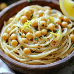 - 8 oz whole wheat pasta (spaghetti or linguine) - 1 can (15 oz) chickpeas, thoroughly rinsed and drained - 4 cloves garlic, finely minced - 1 lemon (zested and juiced) - 3 tablespoons extra virgin olive oil - 1 teaspoon red pepper flakes (adjust to your spice preference) - Salt and freshly cracked black pepper, to taste - Fresh parsley, finely chopped (for garnish) - Grated Parmesan cheese (optional, for serving) The main ingredients in this dish come together quickly. Whole wheat pasta adds a nutty taste and a good dose of fiber. Chickpeas provide protein and keep you full. Garlic brings a strong, rich flavor. Lemon juice and zest brighten the dish, adding freshness and zing. In the seasoning section, extra virgin olive oil gives a smooth mouthfeel. Red pepper flakes add heat, which you can adjust to your taste. Salt and pepper bring everything together. Fresh parsley adds a pop of color and freshness. Grated Parmesan cheese, if you choose, adds creaminess and depth. Every ingredient plays a role. When combined, they create a dish that is simple yet bursting with flavor. You can make it in just 15 minutes, making it perfect for busy days. Enjoy the ease and delight of this Lemon Garlic Chickpea Pasta! To start, you need to boil salted water. Use a large pot for this. Bring the water to a rapid boil. Then, add 8 oz of whole wheat pasta. Cook it for about 8-10 minutes for al dente. Before draining, save ½ cup of that pasta water. This starchy water helps later. Drain the pasta and set it aside. Next, heat 3 tablespoons of extra virgin olive oil in a large skillet over medium heat. Once the oil is hot, add 4 cloves of minced garlic and 1 teaspoon of red pepper flakes. Sauté for about 1 minute. It's key not to let the garlic brown. If it burns, it turns bitter. Then, carefully add 1 can of rinsed and drained chickpeas to the skillet. Sauté for 2-3 minutes. Stir frequently so the chickpeas soak up the garlic flavor. Now, it's time to toss in the chickpeas and garlic. Add the drained pasta to the skillet. Stir gently to mix everything well. Next, pour in the juice and zest of 1 lemon. Add the reserved pasta water too. Toss again, letting the sauce coat the pasta. Cook for an additional 1-2 minutes until it's heated through. Season with salt and freshly cracked black pepper to taste. Finally, serve in bowls. Garnish with fresh parsley and grated Parmesan cheese, if you like. Enjoy your flavorful dish! - How to achieve the perfect al dente pasta: Start by boiling a big pot of salted water. When the water is bubbling, add your whole wheat pasta. Follow the package instructions closely for timing. Usually, it takes 8 to 10 minutes. Test the pasta a minute or two early. It should be firm but not hard when you bite it. - Avoiding burnt garlic: Heat your extra virgin olive oil over medium heat. Add minced garlic and red pepper flakes. Watch it closely. Sauté for just about one minute. You want it fragrant, not brown. If it burns, it will taste bitter. - Adjusting spice levels: If you like heat, add more red pepper flakes. If you want less spice, cut back. Taste the dish as you go to find what you like best. You can always add more later. - Using reserved pasta water effectively: Before draining your pasta, save about half a cup of the cooking water. This water is starchy and helps to thicken your sauce. After mixing in the lemon juice and zest, add a bit of the reserved water. It makes the dish creamy and helps the sauce stick to the pasta better. {{image_4}} To add protein, I love to include grilled chicken or shrimp. They both work well with the lemon and garlic flavors. Just grill the chicken or shrimp until they are cooked through. Then, toss them into the pasta right after adding the chickpeas. This extra protein makes the dish heartier. It also gives you more energy. For a vegetarian touch, try adding spinach or kale. Both greens are easy to use and add nice color. Simply sauté the spinach or kale for a few minutes with the garlic and chickpeas. This step wilts the greens and brings out their flavor. Plus, they make the dish even healthier. If you need a gluten-free choice, use gluten-free pasta. There are many types available now, like rice or chickpea pasta. Cook it just like regular pasta. Follow the package instructions for the best results. This way, everyone can enjoy the lemon garlic chickpea pasta. To reheat your Lemon Garlic Chickpea Pasta, use a skillet. Add a splash of olive oil. Heat over medium heat. Add the pasta and stir gently. This keeps the pasta soft. If it seems dry, add a little reserved pasta water. Heat just until warm. Avoid microwaving, as it can make the pasta tough. Store any leftovers in an airtight container. Place it in the fridge. Use within 3-4 days for the best taste. To freeze, use freezer-safe bags. Squeeze out the air before sealing. This helps prevent freezer burn. Cooked pasta can last up to 2 months in the freezer. When ready to eat, thaw in the fridge overnight before reheating. Cooked pasta lasts about 3 to 5 days in the fridge. Store it in an airtight container to keep it fresh. After this time, the texture may change, and it might not taste as good. Always check for signs of spoilage like off smells or mold. Yes, you can easily make this pasta vegan. Simply skip the grated Parmesan cheese or swap it for a plant-based alternative. Nutritional yeast can add a cheesy flavor without using dairy. You can also use cashew cheese for creaminess. This pasta pairs well with many side dishes. Here are some options: - A simple green salad with lemon vinaigrette - Steamed broccoli or asparagus - Garlic bread or crusty baguette - Roasted vegetables for added flavor These sides can create a balanced meal to enjoy with your pasta. This blog post shared a simple and tasty Lemon Garlic Chickpea Pasta recipe. You learned about the key ingredients, step-by-step cooking, and smart tips for the best results. Remember, you can personalize your dish with proteins, veggies, or gluten-free pasta. Store leftovers properly to keep them fresh. With these basics and tricks, you can impress anyone at your table. Enjoy making this quick, healthy meal that suits your taste and needs. Happy cooking!