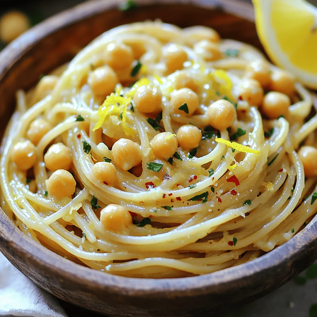 - 8 oz whole wheat pasta (spaghetti or linguine) - 1 can (15 oz) chickpeas, thoroughly rinsed and drained - 4 cloves garlic, finely minced - 1 lemon (zested and juiced) - 3 tablespoons extra virgin olive oil - 1 teaspoon red pepper flakes (adjust to your spice preference) - Salt and freshly cracked black pepper, to taste - Fresh parsley, finely chopped (for garnish) - Grated Parmesan cheese (optional, for serving) The main ingredients in this dish come together quickly. Whole wheat pasta adds a nutty taste and a good dose of fiber. Chickpeas provide protein and keep you full. Garlic brings a strong, rich flavor. Lemon juice and zest brighten the dish, adding freshness and zing. In the seasoning section, extra virgin olive oil gives a smooth mouthfeel. Red pepper flakes add heat, which you can adjust to your taste. Salt and pepper bring everything together. Fresh parsley adds a pop of color and freshness. Grated Parmesan cheese, if you choose, adds creaminess and depth. Every ingredient plays a role. When combined, they create a dish that is simple yet bursting with flavor. You can make it in just 15 minutes, making it perfect for busy days. Enjoy the ease and delight of this Lemon Garlic Chickpea Pasta! To start, you need to boil salted water. Use a large pot for this. Bring the water to a rapid boil. Then, add 8 oz of whole wheat pasta. Cook it for about 8-10 minutes for al dente. Before draining, save ½ cup of that pasta water. This starchy water helps later. Drain the pasta and set it aside. Next, heat 3 tablespoons of extra virgin olive oil in a large skillet over medium heat. Once the oil is hot, add 4 cloves of minced garlic and 1 teaspoon of red pepper flakes. Sauté for about 1 minute. It's key not to let the garlic brown. If it burns, it turns bitter. Then, carefully add 1 can of rinsed and drained chickpeas to the skillet. Sauté for 2-3 minutes. Stir frequently so the chickpeas soak up the garlic flavor. Now, it's time to toss in the chickpeas and garlic. Add the drained pasta to the skillet. Stir gently to mix everything well. Next, pour in the juice and zest of 1 lemon. Add the reserved pasta water too. Toss again, letting the sauce coat the pasta. Cook for an additional 1-2 minutes until it's heated through. Season with salt and freshly cracked black pepper to taste. Finally, serve in bowls. Garnish with fresh parsley and grated Parmesan cheese, if you like. Enjoy your flavorful dish! - How to achieve the perfect al dente pasta: Start by boiling a big pot of salted water. When the water is bubbling, add your whole wheat pasta. Follow the package instructions closely for timing. Usually, it takes 8 to 10 minutes. Test the pasta a minute or two early. It should be firm but not hard when you bite it. - Avoiding burnt garlic: Heat your extra virgin olive oil over medium heat. Add minced garlic and red pepper flakes. Watch it closely. Sauté for just about one minute. You want it fragrant, not brown. If it burns, it will taste bitter. - Adjusting spice levels: If you like heat, add more red pepper flakes. If you want less spice, cut back. Taste the dish as you go to find what you like best. You can always add more later. - Using reserved pasta water effectively: Before draining your pasta, save about half a cup of the cooking water. This water is starchy and helps to thicken your sauce. After mixing in the lemon juice and zest, add a bit of the reserved water. It makes the dish creamy and helps the sauce stick to the pasta better. {{image_4}} To add protein, I love to include grilled chicken or shrimp. They both work well with the lemon and garlic flavors. Just grill the chicken or shrimp until they are cooked through. Then, toss them into the pasta right after adding the chickpeas. This extra protein makes the dish heartier. It also gives you more energy. For a vegetarian touch, try adding spinach or kale. Both greens are easy to use and add nice color. Simply sauté the spinach or kale for a few minutes with the garlic and chickpeas. This step wilts the greens and brings out their flavor. Plus, they make the dish even healthier. If you need a gluten-free choice, use gluten-free pasta. There are many types available now, like rice or chickpea pasta. Cook it just like regular pasta. Follow the package instructions for the best results. This way, everyone can enjoy the lemon garlic chickpea pasta. To reheat your Lemon Garlic Chickpea Pasta, use a skillet. Add a splash of olive oil. Heat over medium heat. Add the pasta and stir gently. This keeps the pasta soft. If it seems dry, add a little reserved pasta water. Heat just until warm. Avoid microwaving, as it can make the pasta tough. Store any leftovers in an airtight container. Place it in the fridge. Use within 3-4 days for the best taste. To freeze, use freezer-safe bags. Squeeze out the air before sealing. This helps prevent freezer burn. Cooked pasta can last up to 2 months in the freezer. When ready to eat, thaw in the fridge overnight before reheating. Cooked pasta lasts about 3 to 5 days in the fridge. Store it in an airtight container to keep it fresh. After this time, the texture may change, and it might not taste as good. Always check for signs of spoilage like off smells or mold. Yes, you can easily make this pasta vegan. Simply skip the grated Parmesan cheese or swap it for a plant-based alternative. Nutritional yeast can add a cheesy flavor without using dairy. You can also use cashew cheese for creaminess. This pasta pairs well with many side dishes. Here are some options: - A simple green salad with lemon vinaigrette - Steamed broccoli or asparagus - Garlic bread or crusty baguette - Roasted vegetables for added flavor These sides can create a balanced meal to enjoy with your pasta. This blog post shared a simple and tasty Lemon Garlic Chickpea Pasta recipe. You learned about the key ingredients, step-by-step cooking, and smart tips for the best results. Remember, you can personalize your dish with proteins, veggies, or gluten-free pasta. Store leftovers properly to keep them fresh. With these basics and tricks, you can impress anyone at your table. Enjoy making this quick, healthy meal that suits your taste and needs. Happy cooking!