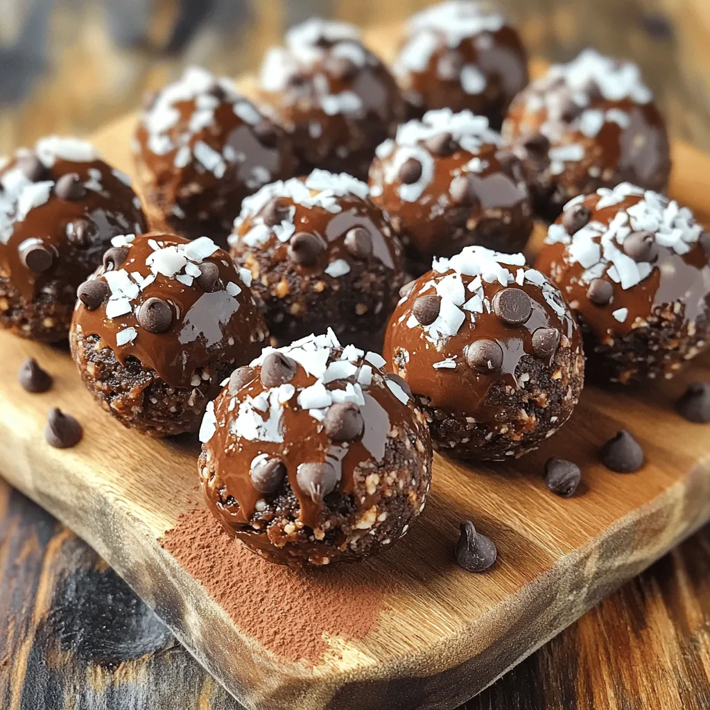 Here’s what you need for Triple Chocolate Energy Bites: - 1 cup rolled oats - 1/2 cup creamy almond butter (or peanut butter) - 1/4 cup honey (or maple syrup) - 1/4 cup unsweetened cocoa powder - 1/3 cup dark chocolate chips - 1/4 cup mini chocolate chips - 1/4 cup unsweetened shredded coconut - 1 teaspoon pure vanilla extract - Pinch of sea salt Each ingredient plays a key role in flavor and texture. The oats give a nice chew, while the nut butter binds it all together. Honey adds sweetness, and cocoa powder gives that rich chocolate flavor. Chocolate chips enhance the chocolate experience, and coconut adds a fun texture. You can swap out some ingredients if needed. Here are some ideas: - Use peanut butter instead of almond butter for a different taste. - Maple syrup can replace honey if you want a vegan option. - Try carob powder instead of cocoa powder for a unique flavor twist. - If you don’t like coconut, you can leave it out or use chopped nuts. These changes keep the energy bites tasty and fun! Choosing the right brands can make a difference. Here are some I trust: - Rolled Oats: Bob's Red Mill offers high-quality oats that cook evenly. - Nut Butter: Justin's has great almond and peanut butters, smooth and creamy. - Honey: Manuka honey is rich in flavor and health benefits. - Cocoa Powder: Ghirardelli's cocoa is rich and perfect for baking. - Chocolate Chips: Enjoy Life makes delicious, allergy-friendly chocolate chips. These brands help ensure your energy bites taste amazing! First, gather all your ingredients. You will need rolled oats, almond butter, honey, cocoa powder, dark chocolate chips, mini chocolate chips, shredded coconut, vanilla extract, and a pinch of salt. It's best to measure everything out before you start. This makes the process smooth and easy. In a large mixing bowl, combine the rolled oats, cocoa powder, and sea salt. Mix well until everything is even. This is key for a good taste in every bite. Next, take a separate bowl for the wet ingredients. Add creamy almond butter, honey, and vanilla extract. Mix these until the blend is smooth and creamy. You want a nice, lump-free texture. Once ready, pour this wet mix into your bowl of dry ingredients. Now, stir with a spatula until everything combines. The dough will be sticky but should hold together well. This is the base of your energy bites. Now it’s time to add the fun part! Gently fold in dark chocolate chips, mini chocolate chips, and shredded coconut. Make sure these goodies are spread evenly throughout the dough. Using your hands, scoop out small amounts of the dough. Roll them into balls about 1 inch in size. Place each ball on a baking sheet lined with parchment paper. Make sure they have some space in between. After you roll all the bites, put the baking sheet in the fridge. Chill them for at least 30 minutes. This helps the bites firm up nicely. Enjoy them right after, or store in an airtight container for up to a week. These bites are great for snacks on the go! To get the best texture for your energy bites, focus on your mixing. First, mix the dry ingredients well. This step helps the oats, cocoa, and salt blend. Next, blend the wet ingredients until smooth and creamy. This ensures no lumps remain. When you mix them together, do not over-mix. You want a sticky dough, not a dry one. If your dough is too crumbly, add a bit more almond butter or honey. This will help them hold together nicely. Watch out for these common mistakes. First, don’t skip the chilling step. Refrigerating the bites helps them firm up. If you skip it, your bites may fall apart. Second, do not add too much cocoa powder. It can make the bites too dry and bitter. Lastly, be careful with the chocolate chips. Use the right amount. Too many can make the dough too sweet, while too few can leave it bland. To boost flavor, try adding a pinch of cinnamon or a dash of sea salt. Both bring out the chocolate taste. For a fun twist, mix in some dried fruits like cranberries or raisins. This adds extra chew and sweetness. For presentation, drizzle melted dark chocolate over the bites. It makes them look fancy and taste even better. You can also sprinkle extra shredded coconut on top. This gives a nice contrast to the chocolate and adds a tropical touch. {{image_4}} If you need a nut-free version, swap the almond butter with sunflower seed butter. This keeps the bites creamy and rich without nuts. You can also use tahini, which adds a unique flavor. Both options work well and keep the energy bites delicious. Want to mix it up? Try adding different flavorings! You can use cinnamon or a dash of espresso powder for a coffee kick. You can even toss in dried fruit like cranberries or raisins for a chewy texture. Each new mix can surprise your taste buds. To make these bites vegan, switch honey for maple syrup. This keeps your energy bites sweet without any animal products. Use gluten-free oats to make them safe for those with gluten allergies. Always check the labels to ensure all ingredients meet your needs. Adjusting your recipe can make it fit many diets while still tasting amazing! To keep your triple chocolate energy bites fresh, store them in an airtight container. This helps prevent them from drying out. Place a piece of parchment paper between layers if you stack them. Keep them in the fridge for the best taste and texture. These bites stay fresh in the fridge for about one week. If you want to store them longer, freeze them! They can last up to three months in the freezer. Just place them in a freezer-safe bag or container, and make sure to label the date. When you’re ready to eat them, let them thaw in the fridge or at room temperature. Enjoy these tasty bites straight from the fridge. They make a great snack before or after a workout. You can also add them to lunch boxes for a sweet treat. For a special touch, drizzle melted dark chocolate on top before serving. Yes, you can use other nut butters. Peanut butter works great here too. Sunflower seed butter is a good choice for nut-free diets. Choose a smooth nut butter for the best texture. Each type brings its own flavor. This makes your energy bites unique. These energy bites last about one week in the fridge. Store them in an airtight container. Keeping them cold helps maintain their freshness. If you notice any changes in smell or texture, it’s best to toss them out. Enjoy them as a quick snack or pre-workout boost! Yes, you can freeze these energy bites! Place them in a freezer-safe bag or container. They can last up to three months in the freezer. Just thaw them in the fridge before you eat. This way, you always have a tasty snack ready when you want one! In this post, we explored key ingredients for making energy bites, along with step-by-step instructions for perfect results. You learned how to mix wet and dry ingredients, chill the bites, and customize with variations. We also shared tips on texture and flavor enhancement, plus storage advice. Energy bites offer tasty options suitable for everyone, with substitutions for any diet. Now, you can easily create your own version and enjoy a quick, healthy snack whenever you want.