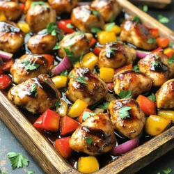 - 1.5 lbs boneless chicken breast, cut into bite-sized pieces - 1/4 cup balsamic vinegar - 1/4 cup honey - 2 tablespoons olive oil (plus more for drizzling) - 3 garlic cloves, minced - 1 teaspoon Dijon mustard - 1/2 teaspoon black pepper - 1 teaspoon sea salt - 1 teaspoon dried rosemary - 1 teaspoon dried thyme - 1 red bell pepper, diced - 1 yellow bell pepper, diced - 1 small red onion, cut into wedges - Fresh parsley, finely chopped, for garnish To create delicious sheet pan balsamic honey chicken bites, you need simple ingredients. Start with boneless chicken breast. Cut it into bite-sized pieces for quick cooking. Balsamic vinegar adds tang, while honey brings sweetness. Together, they create a tasty marinade. Add olive oil for richness. Minced garlic makes the dish aromatic. Dijon mustard adds a nice kick. Black pepper and sea salt enhance the overall flavor. Dried rosemary and thyme give the dish a warm, herbal note. For vegetables, I love using colorful bell peppers and onions. They add crunch and freshness. The red and yellow peppers bring a sweet taste. Finally, sprinkle fresh parsley on top for color and brightness. This mix of ingredients makes every bite flavorful and appealing. - Preheat your oven to 400°F (200°C). - Line a large baking sheet with parchment paper. This helps food not stick. - Combine balsamic vinegar, honey, olive oil, minced garlic, Dijon mustard, black pepper, sea salt, rosemary, and thyme in a mixing bowl. - Whisk until blended well. Add the chicken pieces and coat them fully. - Let the chicken marinate for about 15 minutes. This step makes the chicken juicy. - Wash and chop bell peppers and onion into uniform pieces. - This ensures they cook evenly. - Spread the marinated chicken on one side of the baking sheet. - On the other side, add the veggies. Drizzle a bit of olive oil on top. - Put the baking sheet in the oven and bake for 20-25 minutes. - Check the chicken's internal temperature. It should reach 165°F (75°C). - The veggies should be tender and colorful. - Remove the pan from the oven and let it rest for a few minutes. - Drizzle any leftover marinade over the chicken and veggies. - Garnish with fresh parsley for a pop of color. This adds freshness to the dish. - Make sure you cut the chicken into even pieces. This helps all the chicken cook at the same time. - If your chicken pieces are larger, you might need to bake them a bit longer. Always check the chicken's temperature; it should reach 165°F. - For a burst of flavor, add a splash of balsamic glaze right before you serve the dish. It will shine and taste great! - Fresh herbs can make a big difference. Try adding fresh rosemary or thyme for a bright taste. - This dish pairs well with crusty bread. You can also serve it over a bed of rice. Both options soak up the tasty juices. - A simple salad on the side adds color and crunch. Try mixing greens with a light vinaigrette for balance. {{image_4}} You can easily make this dish vegetarian. Just swap the chicken for chickpeas or tofu. Both options soak up the marinade well. For chickpeas, use one can, drained and rinsed. For tofu, press it to remove moisture, then cut it into bite-sized cubes. Marinade time stays the same. This way, you keep the tasty flavors while making it meatless. Feel free to get creative with your veggies. Seasonal vegetables like zucchini, asparagus, or cherry tomatoes add fun flavors and colors. Cut them to similar sizes for even cooking. Tossing in some mushrooms or broccoli can also work well. Each vegetable brings a new taste to the dish, making it your own. Want a little heat? It’s simple! Just add red pepper flakes or a splash of hot sauce. Mix these into the marinade or sprinkle them over the veggies before baking. This spice will give your meal a nice kick. Adjust the spice level to fit your taste. Enjoy the bold flavors! Store any leftovers in an airtight container. They will stay fresh in the refrigerator for up to 3 days. This helps keep the chicken bites tasty and safe to eat. If you want to save some for later, freeze individual portions. They can last in the freezer for up to 2 months. This makes for a quick meal option when you are short on time. To reheat, use the oven for the best texture. This helps keep the chicken juicy. If you need a quicker option, the microwave works too. Just make sure to check that the chicken is heated all the way through. To keep chicken tender, marinating is key. Use a mix of balsamic vinegar and honey, as in this recipe. The vinegar breaks down proteins, making the meat soft. Marinate for at least 15 minutes. Cooking at 400°F (200°C) ensures the chicken cooks evenly. Always check that chicken reaches 165°F (75°C) for safety and tenderness. Yes, you can! Other vinegars, like apple cider or red wine, work well. Apple cider vinegar adds a fruity note. Red wine vinegar has a sharper taste. Each vinegar gives a different flavor. If you want a sweeter flavor, try honey or maple syrup with your choice of vinegar. To make this dish gluten-free, check all your ingredients. Use gluten-free Dijon mustard and ensure your balsamic vinegar is also gluten-free. Fresh veggies and chicken are naturally gluten-free, so you’re already on the right track! This dish pairs well with many sides. Try serving it with: - Steamed rice or quinoa for a hearty base. - A fresh garden salad for crunch. - Roasted potatoes for a comforting side. - Crusty bread to soak up the sauce. These sides make your meal complete and delicious! This recipe mixes chicken, veggies, and a sweet balsamic glaze for a tasty meal. I covered the steps, from marinating to baking, to help you make it at home. Don’t forget to try different veggies or spices for your own twist. With a few easy tips, you can enjoy a healthy, quick dish any night. Keep your leftovers fresh, and you can savor this joy again. Have fun cooking and enjoy every bite!
