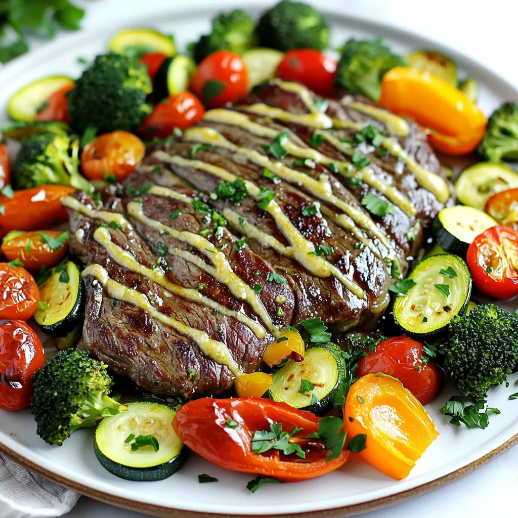 For this dish, you need simple yet high-quality ingredients. Here’s what you will gather: - 1.5 pounds flank steak, well-trimmed - 2 tablespoons unsalted butter, melted - 4 cloves garlic, finely minced - 1 teaspoon smoked paprika - 1 teaspoon garlic powder - 1 teaspoon onion powder - Salt and freshly ground black pepper to taste The right veggies make this meal pop! Choose these colorful vegetables: - 1 bell pepper (red or yellow), sliced into strips - 1 medium zucchini, sliced into half-moons - 1 cup cherry tomatoes, halved - 1 cup fresh broccoli florets - 2 tablespoons extra virgin olive oil Flavor is key to this dish. You’ll use: - Fresh parsley, finely chopped, for garnish - A generous pinch of salt and freshly ground black pepper These ingredients come together to create a rich, savory flavor. The garlic butter sauce enhances the steak, while the veggies add brightness and texture. This mix ensures every bite is full of taste and color. Don't forget to drizzle any leftover garlic butter over your plate for that extra kick! First, set your oven to 425°F (220°C). This high heat helps the steak and veggies cook fast. Next, line a large baking sheet with parchment paper. This makes cleaning up easy after cooking. In a small bowl, melt 2 tablespoons of unsalted butter. Add 4 finely minced garlic cloves. Then mix in 1 teaspoon of smoked paprika, 1 teaspoon of garlic powder, and 1 teaspoon of onion powder. Season this with salt and black pepper. Whisk it all together until it’s well-blended. This mixture adds rich flavor to the steak. Place your 1.5 pounds of flank steak in the center of the baking sheet. Use a brush or spoon to coat both sides with the garlic butter mixture. Make sure the steak is evenly covered. This step ensures the meat stays juicy and tasty. In another bowl, combine your sliced bell pepper, zucchini half-moons, cherry tomatoes, and broccoli florets. Drizzle 2 tablespoons of extra virgin olive oil over them. Season with salt and pepper. Toss everything well until all the veggies are coated. Arrange the vegetables around the steak on the baking sheet. Keep them in a single layer for even cooking. Place the baking sheet in your preheated oven. Roast for 15 to 20 minutes. Use a meat thermometer to check the steak. For medium-rare, it should read 135°F. This ensures a perfect doneness. When the steak is done, carefully take the baking sheet out of the oven. Let the steak rest for about 5 minutes. This step helps the juices stay inside. After resting, slice the steak against the grain into thin strips. Serve the steak with the colorful roasted vegetables. Drizzle any leftover garlic butter from the pan over the dish. Lastly, sprinkle fresh chopped parsley on top to add color and freshness. Enjoy your delicious meal! To cook steak just right, use a meat thermometer. For medium-rare, aim for 135°F. Insert the thermometer into the thickest part of the steak. This helps avoid guesswork. Remember, the steak will continue to cook slightly after you take it out. Let it rest for about five minutes. This keeps the juices inside and makes it juicy and flavorful. Prep your veggies ahead of time. Chop your bell pepper, zucchini, and broccoli a day before. Store them in the fridge in an airtight container. This cuts down on cooking time. You can also make the garlic butter mix in advance. Just whisk the butter and spices together and store it in the fridge. When you’re ready to cook, you can quickly coat the steak. For a stunning look, serve on a rustic wooden board. Place the steak in the center, surrounded by colorful veggies. Drizzle any leftover garlic butter on top for shine. Sprinkle fresh parsley over the dish for a pop of color. This not only makes it look good but also adds a fresh taste. A beautiful presentation makes your meal feel special. {{image_4}} You can use many cuts for this dish. Flank steak is great, but try sirloin or ribeye. These cuts are tender and flavorful. If you want something leaner, go for tenderloin. Each cut has its unique taste and texture. Adjust cooking times based on thickness. Thicker cuts need more time, while thinner cuts cook fast. Feel free to swap out the veggies. Asparagus, green beans, or carrots work well. You can also use mushrooms for an earthy flavor. If you want a sweeter touch, add sweet potatoes. Just keep in mind the cooking time for each vegetable. Some may need a bit longer to roast. You can change the flavor in many ways. Add fresh herbs like rosemary or thyme for depth. Experiment with spices like cumin or chili powder for a kick. If you like heat, try adding red pepper flakes. You can also mix in a splash of soy sauce for an umami boost. The options are endless, so have fun with it! To store your leftovers, let the food cool first. Then, place the steak and veggies in an airtight container. You can keep them in the fridge for up to three days. Make sure to keep the steak and veggies separate to keep them fresh. To reheat, preheat your oven to 350°F (175°C). Place the steak and veggies on a baking sheet. Heat for about 10-15 minutes or until warmed through. You can also use a microwave if you are in a hurry. Just be careful not to overheat, as this can dry out the steak. You can freeze this dish if you want to save some for later. Wrap the cooled steak tightly in plastic wrap, then place it in a freezer bag. Freeze the veggies in a separate bag. You can freeze both for up to three months. When ready to eat, thaw them in the fridge overnight before reheating. Cooking steak in the oven takes about 15 to 20 minutes. The exact time depends on your steak's thickness and your desired doneness. For medium-rare, check for an internal temperature of 135°F. Always use a meat thermometer to ensure accuracy. Yes, you can use frozen vegetables! They are convenient and save time. Just make sure to thaw them first. Pat them dry to avoid excess moisture. This way, your veggies will roast nicely and stay crisp. Many seasonings work well with garlic butter steak. Here are some favorites: - Rosemary - Thyme - Black pepper - Chili flakes These flavors add depth and enhance the steak's taste. Flank steak is a great choice, but it's not the only option. It is tender and full of flavor. Other cuts like sirloin or ribeye work well, too. Choose a cut that fits your taste and budget. Yes, grilling is a fantastic option! Preheat your grill to medium-high heat. Cook the steak for about 5 to 7 minutes per side. Grill the veggies in a grill basket for a smoky flavor. Enjoy the outdoor cooking experience! This post covered how to make a tasty sheet-pan garlic butter steak dish. We discussed key ingredients, simple steps, and helpful tips for perfect steak. You can use different cuts of steak and swap vegetables for variety. Save time with meal prep ideas and presentation tips. Remember to follow storage guidelines for leftovers. Enjoy making this easy, delicious meal that fits into your busy life. With these steps, you can create a dish that impresses and satisfies. Your kitchen adventures will be fun and rewarding!