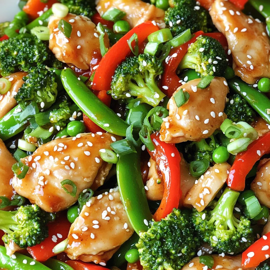 - 1 lb boneless, skinless chicken thighs, thinly sliced - 2 tablespoons honey - 3 tablespoons soy sauce (low-sodium recommended) - 1 tablespoon minced fresh garlic - 1 tablespoon freshly grated ginger - 1 red bell pepper, cored and sliced into thin strips - 1 cup broccoli florets, rinsed - 1 cup snap peas, rinsed and trimmed These ingredients form the heart of the dish. The chicken thighs give a juicy bite, while honey adds sweetness. The soy sauce brings in umami, and garlic with ginger provide depth. Fresh vegetables add color and crunch. - 2 green onions, finely chopped - A sprinkle of sesame seeds These garnishes lift the dish. Green onions add freshness, while sesame seeds give a nutty touch. They make the dish look appealing and add extra flavor. You can customize this dish! Consider adding extra vegetables like carrots or mushrooms. If you want more protein, try shrimp or tofu. Mixing things up keeps meals exciting and fun. To start, you need to mix the marinade. In a medium bowl, combine 2 tablespoons of honey, 3 tablespoons of soy sauce, 1 tablespoon of minced garlic, and 1 tablespoon of freshly grated ginger. Whisk these ingredients until they blend well. This sweet and savory mixture adds great flavor to the chicken. Next, heat 1 tablespoon of vegetable oil in a large skillet or wok over medium-high heat. Once the oil is hot, add 1 pound of sliced chicken thighs. Season the chicken with salt and pepper to taste. Stir-fry the chicken for 5 to 7 minutes. You want it to turn golden brown and be fully cooked. When done, remove the chicken and place it on a plate. In the same skillet, add another tablespoon of vegetable oil. Toss in the red bell pepper strips, broccoli florets, and snap peas. Stir-fry these vegetables for 3 to 4 minutes. They should be tender yet crisp. You want to keep their bright colors intact for a beautiful dish. Now, return the cooked chicken to the skillet with the sautéed vegetables. Pour the honey garlic marinade over everything. Gently stir to coat the chicken and veggies in the sauce. Cook this mix for an additional 2 to 3 minutes. This allows the sauce to heat up and thicken slightly. Just before you serve, drizzle 1 tablespoon of sesame oil over the stir-fry. Mix it in well. The sesame oil adds a lovely nutty flavor that enhances the dish. For plating, serve the honey garlic chicken stir fry in a large bowl or on individual plates. Garnish with chopped green onions and a sprinkle of sesame seeds for a nice touch. Pair it with jasmine rice or quinoa to soak up the delicious sauce. This makes for a satisfying and complete meal. To make a great stir-fry, follow these tips: - Cut Chicken Thin: Slice chicken thighs into thin strips. This helps them cook fast and evenly. - High Heat: Use medium-high heat to create a nice sear on the chicken. This locks in flavor. - Don’t Crowd the Pan: Cook in batches if needed. Too much food at once makes it steam instead of fry. - Add Ingredients by Cooking Time: Start with chicken, then add harder veggies like broccoli, and finish with softer ones like bell peppers. This keeps everything crisp and fresh. To store leftover stir-fry effectively: - Cool First: Let the stir-fry cool down to room temperature. This stops excess moisture. - Use Airtight Containers: Place the stir-fry in airtight containers. This keeps it fresh for longer. - Refrigerate: Store in the fridge for up to 3 days. - Freeze for Later: If you want to keep it longer, freeze it for up to 3 months. Just thaw it in the fridge before reheating. To take your stir-fry to the next level, consider these flavor boosters: - Add Spice: Try a pinch of red pepper flakes for heat. - Citrus Zest: A little lime or lemon zest brightens the dish. - Different Sauces: Swap soy sauce for teriyaki or hoisin for a new twist. - Fresh Herbs: Add basil or cilantro just before serving for a fresh touch. These tips will help you make the most of your honey garlic chicken stir-fry! {{image_4}} You can easily swap chicken for other proteins. Tofu works great for a vegetarian option. It absorbs flavors well and adds a nice texture. Shrimp is another tasty choice. It cooks fast and pairs well with the honey garlic sauce. If you prefer beef, thinly sliced flank steak is a good fit. Just remember to adjust the cooking time for each protein. Feel free to mix up the vegetables. Carrots add a sweet crunch, while bell peppers bring color. You can also use zucchini or mushrooms for added flavor. Green beans and bok choy are excellent options, too. The key is to choose veggies you love. This dish is customizable, so have fun experimenting! Want to make this dish gluten-free? Use tamari instead of soy sauce. This alternative tastes similar but is safe for those with gluten issues. For a low-carb option, skip the rice or quinoa. Serve it over a bed of leafy greens instead. This keeps it light and healthy. You can enjoy the flavors without the extra carbs. You can store leftover honey garlic chicken stir fry in the fridge for up to three days. Make sure to place it in an airtight container. This keeps the flavors fresh and prevents any smells from other foods from seeping in. To freeze the dish, let it cool completely. Place it in a freezer-safe container or bag. Make sure to remove as much air as possible. Label it with the date, and you can freeze it for up to three months. When you are ready to enjoy it again, simply thaw it in the fridge overnight before reheating. To reheat, you can use the microwave or stove. If you choose the microwave, place the stir fry in a microwave-safe bowl. Cover it loosely and heat in short intervals, stirring in between. This keeps it from drying out. If using the stove, warm it in a skillet over low heat. Stir often until it's heated through. This method helps maintain the texture of the chicken and veggies. You can make this dish in about 30 minutes. It takes 15 minutes to prep the ingredients. Then, you will need 15 minutes to cook. This quick time makes it great for busy nights. Yes, you can prepare this dish ahead of time. Cook the chicken and veggies, then store them in the fridge. You can keep the stir fry fresh for up to three days. Just reheat it when you're ready to eat. This dish goes well with many sides. Here are some ideas: - Cooked jasmine rice - Quinoa - Steamed rice noodles - A simple green salad These options help soak up the tasty sauce. Absolutely! You can portion the stir fry into containers. This way, you have ready meals for the week. When reheating, use the microwave or a skillet. Heat it gently to keep the chicken juicy and the veggies crisp. This blog post covered how to make a tasty Honey Garlic Chicken Stir Fry. We explored essential ingredients, like chicken, fresh veggies, and the right marinade. I shared step-by-step instructions for cooking and tips to perfect your stir-fry. You learned ways to customize the dish with different proteins and vegetables. In closing, this recipe is simple and flexible, perfect for any kitchen. Enjoy exploring new flavors!