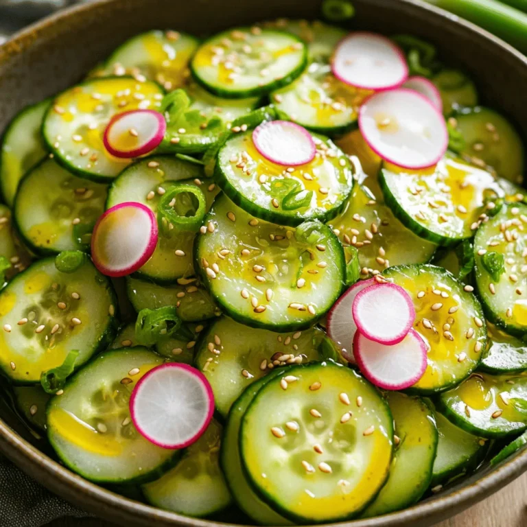 - 2 large cucumbers, thinly sliced - 1/4 cup soy sauce - 2 tablespoons rice vinegar - 2 tablespoons sesame oil - 1 tablespoon honey or agave syrup - 1 teaspoon fresh ginger, grated - 1 tablespoon sesame seeds - 1/4 cup green onions, chopped - 1/2 teaspoon red pepper flakes (optional for heat) - Salt and pepper, to taste The ingredients for this Asian Sesame Cucumber Salad are fresh, simple, and easy to find. Start with two large cucumbers. Thinly slicing them gives the salad a great texture. You can peel them if you want a softer bite, but I love the crunch with the skin on. Then, gather your wet ingredients. You need a quarter cup of soy sauce for saltiness and flavor. Rice vinegar adds tang, while sesame oil brings a rich, nutty taste. Honey or agave syrup sweetens the mix. A teaspoon of fresh ginger gives it a nice kick, adding depth to the flavor. For garnish, grab sesame seeds and green onions. They add crunch and color. If you like a bit of heat, sprinkle in red pepper flakes. Finally, you can adjust the taste with salt and pepper. These ingredients come together to create a light, tasty dish that pairs well with many meals. Each bite bursts with flavor while still being refreshing. Start by washing the cucumbers under cold water. This step is key for freshness. Next, decide if you want to peel them. Peeling gives a softer bite. Leaving the skins on adds a nice crunch. After that, slice the cucumbers thinly, about 1/8 inch thick. Thin slices absorb more flavor. In a large mixing bowl, combine the following: - 1/4 cup soy sauce - 2 tablespoons rice vinegar - 2 tablespoons sesame oil - 1 tablespoon honey or agave syrup - 1 teaspoon fresh ginger, grated Whisk these ingredients together until smooth. This dressing brings all the flavors together. Carefully add the sliced cucumbers to the dressing. Gently toss them in the bowl. Make sure each piece is coated. You don’t want to mash them. Next, add 1 tablespoon of sesame seeds and 1/4 cup of chopped green onions. If you like heat, sprinkle in 1/2 teaspoon of red pepper flakes. Mix again, being gentle to keep the cucumber slices intact. Taste the salad and season with salt and pepper. Remember, soy sauce adds saltiness. Adjust according to your taste. Allow the salad to sit at room temperature for at least 15 minutes. This step helps the flavors meld. For a refreshing chill, place it in the refrigerator for an additional 30 minutes. Just before serving, toss the salad again to mix the dressing. Enjoy your fresh dish! - Achieving the ideal slice thickness: Aim for slices about 1/8 inch thick. This size gives the best crunch and helps the salad mix well. - Tips for maintaining cucumber integrity: Use a sharp knife for clean cuts. Always slice gently to keep the cucumber pieces whole. - Adjusting honey/agave and soy sauce ratios: Start with 1 tablespoon of honey or agave. Taste and add more if you need sweetness. Balance it with soy sauce for saltiness. - Enhancing crunch with additional ingredients: Add thinly sliced radishes or bell peppers for extra texture. They boost both flavor and crunch in your salad. - Serving in a shallow bowl: A wide bowl allows for a better display. Your salad looks more appealing this way. - Garnishing ideas for visual appeal: Top with extra sesame seeds and sliced cucumbers. Add fresh herbs like cilantro for a pop of color. {{image_4}} You can easily change the recipe to fit your needs. If you want a vegan option, swap honey for maple syrup. Maple syrup adds sweetness without any animal products. Also, you can try different vinegars. Apple cider vinegar works well and adds a nice twist to the flavor. Feel free to add more crunch and color. Radishes or bell peppers can make great additions. They bring a fresh taste and bright colors to your salad. If you want to make it more filling, add some protein. Tofu or cooked chicken can turn this salad into a full meal. Want a bit of heat? You can always add more red pepper flakes. This will kick the spice level up a notch. If you enjoy fresh herbs, add some cilantro. It gives the salad a bright, fresh flavor that pairs nicely with the sesame dressing. To keep your Asian Sesame Cucumber Salad fresh, store it in an airtight container. This helps prevent moisture loss and keeps the flavors intact. You can refrigerate your salad for up to three days. However, eat it sooner for the best crunch and taste. If you notice the cucumbers releasing water, just drain it before serving. Freezing this salad isn't the best choice. Cucumbers have a high water content. Freezing can make them mushy when thawed. If you must freeze it, try freezing the dressing separately. When ready to serve, thaw the dressing in the fridge and mix it with fresh cucumbers. This keeps the salad crisp and flavorful. Yes, you can make this salad ahead of time. I recommend preparing it up to a day in advance. The flavors mix well when they sit. Just keep it in the fridge. This helps the taste develop, making it even better when you serve it. Just toss it again before plating. To avoid soggy cucumbers, start by salting them. After slicing, sprinkle salt on the cucumbers. Let them sit for about 10 minutes. This draws out excess water. Then, rinse and pat them dry. This keeps your salad crisp and fresh. This salad pairs well with many dishes. Try it with grilled chicken or shrimp. It also goes nicely with rice or noodles. For a light meal, serve it with tofu. These options make a great balance of flavors. Yes, this salad can be gluten-free. Just use gluten-free soy sauce. Many brands offer this option. Be sure to check the label before buying. This way, you can enjoy the salad without worry. Absolutely! You can use any cucumbers you like. English cucumbers work well and have fewer seeds. Persian cucumbers are small and very crunchy. Feel free to experiment and find your favorite type. Each will bring a unique taste to your salad. This blog post walked you through making a tasty Asian Sesame Cucumber Salad. You learned about key ingredients and steps to prepare the dish. The tips provided help refine flavors and make your salad stand out. Remember, you can customize it with different veggies or proteins. Enjoying your creation fresh will enhance its taste. With these easy steps and suggestions, you can impress anyone at your table. Keep experimenting and have fun with each salad you make!
