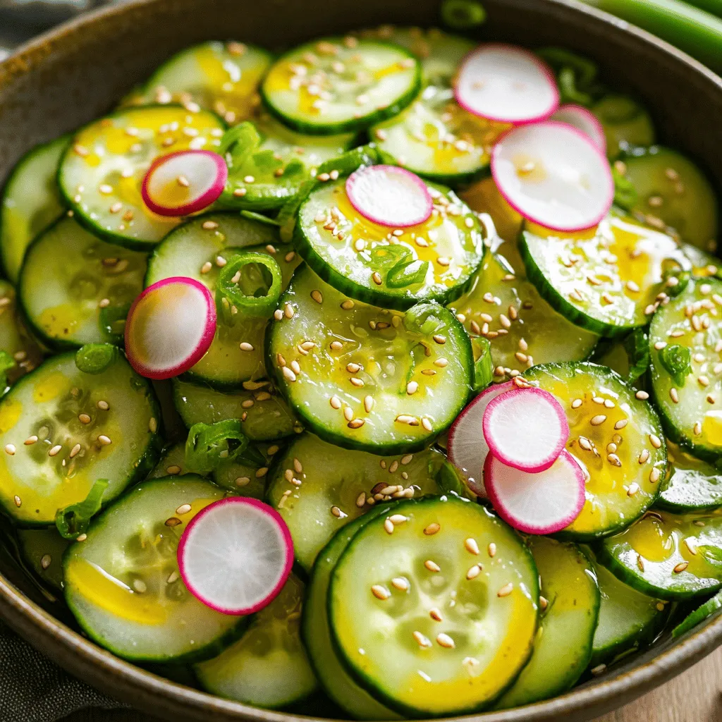 - 2 large cucumbers, thinly sliced - 1/4 cup soy sauce - 2 tablespoons rice vinegar - 2 tablespoons sesame oil - 1 tablespoon honey or agave syrup - 1 teaspoon fresh ginger, grated - 1 tablespoon sesame seeds - 1/4 cup green onions, chopped - 1/2 teaspoon red pepper flakes (optional for heat) - Salt and pepper, to taste The ingredients for this Asian Sesame Cucumber Salad are fresh, simple, and easy to find. Start with two large cucumbers. Thinly slicing them gives the salad a great texture. You can peel them if you want a softer bite, but I love the crunch with the skin on. Then, gather your wet ingredients. You need a quarter cup of soy sauce for saltiness and flavor. Rice vinegar adds tang, while sesame oil brings a rich, nutty taste. Honey or agave syrup sweetens the mix. A teaspoon of fresh ginger gives it a nice kick, adding depth to the flavor. For garnish, grab sesame seeds and green onions. They add crunch and color. If you like a bit of heat, sprinkle in red pepper flakes. Finally, you can adjust the taste with salt and pepper. These ingredients come together to create a light, tasty dish that pairs well with many meals. Each bite bursts with flavor while still being refreshing. Start by washing the cucumbers under cold water. This step is key for freshness. Next, decide if you want to peel them. Peeling gives a softer bite. Leaving the skins on adds a nice crunch. After that, slice the cucumbers thinly, about 1/8 inch thick. Thin slices absorb more flavor. In a large mixing bowl, combine the following: - 1/4 cup soy sauce - 2 tablespoons rice vinegar - 2 tablespoons sesame oil - 1 tablespoon honey or agave syrup - 1 teaspoon fresh ginger, grated Whisk these ingredients together until smooth. This dressing brings all the flavors together. Carefully add the sliced cucumbers to the dressing. Gently toss them in the bowl. Make sure each piece is coated. You don’t want to mash them. Next, add 1 tablespoon of sesame seeds and 1/4 cup of chopped green onions. If you like heat, sprinkle in 1/2 teaspoon of red pepper flakes. Mix again, being gentle to keep the cucumber slices intact. Taste the salad and season with salt and pepper. Remember, soy sauce adds saltiness. Adjust according to your taste. Allow the salad to sit at room temperature for at least 15 minutes. This step helps the flavors meld. For a refreshing chill, place it in the refrigerator for an additional 30 minutes. Just before serving, toss the salad again to mix the dressing. Enjoy your fresh dish! - Achieving the ideal slice thickness: Aim for slices about 1/8 inch thick. This size gives the best crunch and helps the salad mix well. - Tips for maintaining cucumber integrity: Use a sharp knife for clean cuts. Always slice gently to keep the cucumber pieces whole. - Adjusting honey/agave and soy sauce ratios: Start with 1 tablespoon of honey or agave. Taste and add more if you need sweetness. Balance it with soy sauce for saltiness. - Enhancing crunch with additional ingredients: Add thinly sliced radishes or bell peppers for extra texture. They boost both flavor and crunch in your salad. - Serving in a shallow bowl: A wide bowl allows for a better display. Your salad looks more appealing this way. - Garnishing ideas for visual appeal: Top with extra sesame seeds and sliced cucumbers. Add fresh herbs like cilantro for a pop of color. {{image_4}} You can easily change the recipe to fit your needs. If you want a vegan option, swap honey for maple syrup. Maple syrup adds sweetness without any animal products. Also, you can try different vinegars. Apple cider vinegar works well and adds a nice twist to the flavor. Feel free to add more crunch and color. Radishes or bell peppers can make great additions. They bring a fresh taste and bright colors to your salad. If you want to make it more filling, add some protein. Tofu or cooked chicken can turn this salad into a full meal. Want a bit of heat? You can always add more red pepper flakes. This will kick the spice level up a notch. If you enjoy fresh herbs, add some cilantro. It gives the salad a bright, fresh flavor that pairs nicely with the sesame dressing. To keep your Asian Sesame Cucumber Salad fresh, store it in an airtight container. This helps prevent moisture loss and keeps the flavors intact. You can refrigerate your salad for up to three days. However, eat it sooner for the best crunch and taste. If you notice the cucumbers releasing water, just drain it before serving. Freezing this salad isn't the best choice. Cucumbers have a high water content. Freezing can make them mushy when thawed. If you must freeze it, try freezing the dressing separately. When ready to serve, thaw the dressing in the fridge and mix it with fresh cucumbers. This keeps the salad crisp and flavorful. Yes, you can make this salad ahead of time. I recommend preparing it up to a day in advance. The flavors mix well when they sit. Just keep it in the fridge. This helps the taste develop, making it even better when you serve it. Just toss it again before plating. To avoid soggy cucumbers, start by salting them. After slicing, sprinkle salt on the cucumbers. Let them sit for about 10 minutes. This draws out excess water. Then, rinse and pat them dry. This keeps your salad crisp and fresh. This salad pairs well with many dishes. Try it with grilled chicken or shrimp. It also goes nicely with rice or noodles. For a light meal, serve it with tofu. These options make a great balance of flavors. Yes, this salad can be gluten-free. Just use gluten-free soy sauce. Many brands offer this option. Be sure to check the label before buying. This way, you can enjoy the salad without worry. Absolutely! You can use any cucumbers you like. English cucumbers work well and have fewer seeds. Persian cucumbers are small and very crunchy. Feel free to experiment and find your favorite type. Each will bring a unique taste to your salad. This blog post walked you through making a tasty Asian Sesame Cucumber Salad. You learned about key ingredients and steps to prepare the dish. The tips provided help refine flavors and make your salad stand out. Remember, you can customize it with different veggies or proteins. Enjoying your creation fresh will enhance its taste. With these easy steps and suggestions, you can impress anyone at your table. Keep experimenting and have fun with each salad you make!