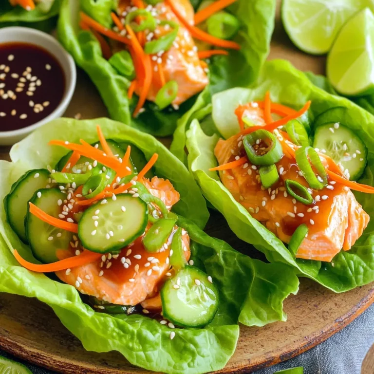 - 2 salmon fillets (approximately 6 oz each) - 1/4 cup teriyaki sauce - 1 tablespoon sesame oil - 1 teaspoon freshly grated ginger - 1/2 teaspoon garlic powder - 1 head of butter or romaine lettuce, leaves gently separated - 1 cup shredded carrots - 1/2 cup cucumber, sliced thinly - 2 green onions, sliced (for garnish) - 1 tablespoon sesame seeds (for garnish) These ingredients create a fresh and tasty dish. The salmon brings rich flavor. The lettuce adds a crisp bite. Carrots and cucumbers give texture and color. For teriyaki sauce, I recommend Kikkoman or Soy Vay. They offer great flavor and quality. For sesame oil, look for Kadoya or Lee Kum Kee. These brands provide strong, aromatic tastes that enhance your dish. If you are allergic to fish, try chicken or tofu. Both can soak up the teriyaki flavor. For gluten-free options, use tamari in place of teriyaki sauce. You can also skip sesame oil for a nut-free version. To marinate the salmon, start with a medium bowl. Mix together 1/4 cup teriyaki sauce, 1 tablespoon sesame oil, 1 teaspoon grated ginger, and 1/2 teaspoon garlic powder. Stir these ingredients until well combined. Place the salmon fillets in the marinade, making sure they are fully coated. Let the salmon sit in the marinade for 10 minutes. This time helps the fish soak up the tasty flavors. Next, heat a non-stick skillet over medium heat. Once it’s hot, remove the salmon from the marinade. Keep the marinade to use later. Carefully place the salmon fillets in the skillet. Cook each side for 4-5 minutes. You want the salmon to turn golden brown and flake easily with a fork. This means it is fully cooked. After the salmon cooks, pour the reserved marinade into the skillet. Let it simmer for 1-2 minutes. Stir occasionally until the sauce thickens a bit. This glaze will coat the salmon nicely and add more flavor. While the salmon cooks, prepare the lettuce leaves. Rinse them under cold water to clean them. Use a clean towel or paper towels to pat them dry. These fresh leaves are your wraps for the salmon filling. Once your salmon is cooked, flake it into bite-sized pieces. Take a lettuce leaf and place a scoop of flaked salmon in the center. Add a handful of shredded carrots and a few cucumber slices for a crunchy bite. Top each wrap with sliced green onions and a sprinkle of sesame seeds. This adds color and extra flavor to your wraps. Marinating seafood helps enhance its flavor. Use a mix of acids and oils. Teriyaki sauce brings sweetness and a bit of salt. Sesame oil adds a nice nutty taste. For best results, marinate salmon for at least 10 minutes. If you have time, consider letting it sit longer in the fridge for deeper flavor. Always make sure the fish is fully coated in the marinade. To cook salmon perfectly, use medium heat. A non-stick skillet prevents sticking and burning. Cook each side for 4-5 minutes. Look for golden brown color and flaky texture. Using a fork, gently press the salmon. If it flakes easily, it’s ready. Overcooking salmon can make it dry, so watch it closely. The center should be slightly pink for a moist finish. Serve your salmon lettuce wraps on a colorful platter. Add a small bowl of teriyaki sauce for dipping. Lime wedges on the side bring a zesty kick. Use vibrant vegetables to add color and crunch. Top with sliced green onions and sesame seeds for flair. You can also stack the wraps for a fun display. This makes the meal more inviting and exciting! {{image_4}} You can easily boost the nutrition and flavor by adding more veggies. Try adding sliced bell peppers or shredded cabbage for extra crunch. You can also mix in some avocado slices for creaminess. Fresh herbs like cilantro or mint can bring vibrant flavors too. Each vegetable adds a new layer and makes your wraps pop with color. If you want to swap salmon for chicken or tofu, it works great! For chicken, use boneless thighs or breasts. Marinate them just like the salmon. Cook them until golden brown and juicy. For tofu, choose firm tofu. Press it to remove excess water, then cut it into cubes. Marinate and cook until crispy. Both options give a new twist to this recipe. To make this dish gluten-free, use tamari instead of teriyaki sauce. This keeps the flavor but avoids gluten. For a low-carb version, skip the carrots and cucumber, or use thin zucchini slices instead. Lettuce wraps are naturally low-carb, so you can enjoy them without worry. These changes keep the meal tasty and healthy. To store leftover salmon and wraps, first, let them cool down. Place the salmon in an airtight container. Keep the lettuce leaves and filling separate. This helps keep the lettuce fresh and crisp. You can store the salmon in the fridge for up to three days. The lettuce wraps should be eaten within a day for best taste. When you reheat the salmon, use a microwave or a skillet. If using a microwave, place the salmon on a plate. Cover it loosely with a damp paper towel. Heat in short bursts of 20-30 seconds until warm. If using a skillet, add a bit of water. Heat over low to medium heat until warm. Avoid overcooking, as this can dry out the salmon. For meal prepping, cook the salmon in advance. Store it in the fridge. Prepare your veggies like shredded carrots and cucumber ahead of time. Keep them in separate containers. On the day you want to eat, simply assemble the wraps. This keeps everything fresh and allows for quick meals throughout the week. Yes, you can use frozen salmon. Just make sure to thaw it first. Place it in the fridge overnight or run it under cold water for a quick thaw. Once thawed, pat it dry before marinating. This helps the marinade stick better. You can store assembled wraps for about 2 hours in the fridge. After that, the lettuce may get soggy. If you want to keep them longer, store the salmon and veggies separately. Assemble the wraps fresh before serving. You can try soy sauce, hoisin sauce, or sweet chili sauce. Each sauce brings its own flavor. Soy sauce offers a salty taste, while hoisin adds sweetness. Sweet chili sauce gives a nice kick. Yes! For a vegan version, swap salmon for marinated tofu or tempeh. Use the same marinade to coat the tofu. Cook it until golden brown. Fill the lettuce wraps with the tofu, carrots, and cucumber for a tasty meal. In this post, we explored making Minute Teriyaki Salmon Lettuce Wraps. We discussed key ingredients, great brands, and substitutes for allergens. I shared simple steps to marinate and cook the salmon. We also covered tips for perfect cooking and creative serving ideas. Variations included using different proteins and extra veggies. Finally, I provided storage info and addressed common FAQs. These wraps are tasty and fun to make. Enjoy experimenting with the recipe and all its options!