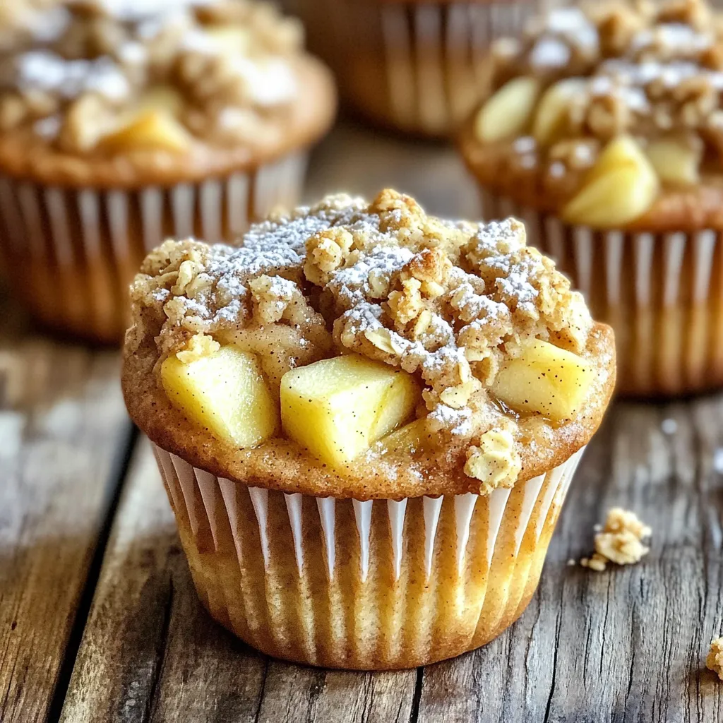 - 2 medium apples, peeled, cored, and diced (Granny Smith or Honeycrisp recommended) - 1 ½ cups all-purpose flour - 1 cup granulated sugar - ½ cup brown sugar, packed - 2 teaspoons baking powder - 1 teaspoon ground cinnamon - ½ teaspoon ground nutmeg - ½ teaspoon salt - ½ cup unsalted butter, melted - 2 large eggs - 1 teaspoon vanilla extract - ½ cup milk - 1 cup rolled oats (for crumble topping) - 1 teaspoon ground flaxseed (optional, for added nutrition) You can change some ingredients to fit your taste. For apples, try using Fuji or Braeburn. They add a sweet twist. You can also switch the milk for almond milk or oat milk. This makes the muffins dairy-free. For the crumble topping, add nuts like walnuts or pecans for extra crunch. You can even mix in some mini chocolate chips for a decadent touch. If you run out of brown sugar, you can mix white sugar with a little molasses. This gives a similar flavor. If you're out of eggs, you can use applesauce. About ¼ cup of applesauce replaces one egg. If you need a gluten-free option, use a gluten-free flour blend. This keeps the muffins light and fluffy while still being safe for those with gluten sensitivities. First, gather all your ingredients. You will need: - 2 medium apples, peeled, cored, and diced - 1 ½ cups all-purpose flour - 1 cup granulated sugar - ½ cup brown sugar, packed - 2 teaspoons baking powder - 1 teaspoon ground cinnamon - ½ teaspoon ground nutmeg - ½ teaspoon salt - ½ cup unsalted butter, melted - 2 large eggs - 1 teaspoon vanilla extract - ½ cup milk - 1 cup rolled oats (for crumble topping) - 1 teaspoon ground flaxseed (optional) Preheat your oven to 350°F (175°C). Line your muffin tin with paper liners or grease it. In a large bowl, mix the dry ingredients. Whisk together the flour, granulated sugar, baking powder, cinnamon, nutmeg, and salt. This step makes sure your muffins rise well. In another bowl, beat the eggs. Add melted butter, vanilla extract, and milk. Whisk until smooth. Now, pour this wet mix into the dry mix. Stir gently until just combined. It’s okay if the batter has lumps. Next, fold in the diced apples. This gives each muffin a sweet apple bite. Spoon the batter into the muffin cups until they are two-thirds full. Then, make the crumble topping. In a bowl, mix the oats, brown sugar, a dash of cinnamon, and melted butter. It should feel crumbly. Sprinkle this topping over each muffin. Bake in the preheated oven for 20-25 minutes. Check with a toothpick. If it comes out clean, they are done. Let the muffins cool in the pan for 5-10 minutes. Then transfer them to a wire rack to cool completely. Enjoy your warm, fresh muffins! To make the best apple cinnamon crumble muffins, start with fresh ingredients. Use Granny Smith or Honeycrisp apples for a good balance of sweet and tart. Mix the dry and wet ingredients separately. This ensures even mixing. When combining the two, stir gently. A few lumps are okay. Overmixing can make muffins tough. Aim for a light and fluffy texture. To keep your muffins fresh, let them cool completely. Store them in an airtight container. This keeps them from drying out. If you want to enjoy them later, wrap each muffin in plastic wrap. This helps prevent freezer burn if you choose to freeze them. Muffins can last for about three days at room temperature. These muffins are great warm or at room temperature. For a special touch, sprinkle powdered sugar on top. You could also add a dollop of whipped cream for creaminess. Pair them with coffee or tea for a delightful breakfast. Don’t forget to share with friends and family! Enjoy the warm, cozy flavors of apple and cinnamon together. {{image_4}} You can easily change the flavor of your muffins. Try adding chopped nuts like walnuts or pecans for a crunchy bite. Dried fruits, such as raisins or cranberries, add a nice sweetness. For a hint of warmth, you can mix in a pinch of ginger or cardamom. If you want a richer flavor, consider adding a splash of maple syrup or replacing some sugar with brown sugar. These small changes can make your muffins unique and even more delicious. If you need a gluten-free option, you can swap all-purpose flour for a gluten-free flour blend. Look for a blend that includes xanthan gum for better texture. You can also use almond flour or oat flour. Both will change the taste a bit, but they will give you a lovely muffin. Just remember, the baking time may need adjustment. Always check for doneness with a toothpick. The crumble topping is fantastic, but you can make it even better. Try adding shredded coconut or chocolate chips to the topping mix. A sprinkle of cinnamon sugar on top can also enhance the flavor. For a touch of freshness, consider adding citrus zest, like lemon or orange. This simple tweak will brighten up the muffins and give them a delightful twist. To keep your apple cinnamon crumble muffins fresh, store them in an airtight container. This helps maintain their moisture and flavor. Place a piece of parchment paper between layers to prevent sticking. If you want them to last longer, store them at room temperature for up to three days. For longer storage, consider freezing. Freezing is a great option if you have extra muffins. First, let the muffins cool completely. Wrap each muffin in plastic wrap. Then, place them in a freezer-safe bag or container. Be sure to label the bag with the date. They can stay frozen for up to three months. When you're ready to enjoy, just thaw them in the fridge overnight. Reheating muffins is easy and quick. For the best results, use an oven. Preheat it to 350°F (175°C). Place the muffins on a baking sheet and warm them for about 10 minutes. You can also use a microwave. Heat them for 15 to 20 seconds for a warm treat. Enjoy your muffins warm for the best flavor! To stop your muffins from sinking, avoid overmixing the batter. Mix just until the ingredients come together. Also, make sure your baking powder is fresh. Old baking powder can lead to flat muffins. Yes, you can use different apples. Granny Smith and Honeycrisp are my favorites. For a sweeter muffin, try Fuji or Gala apples. Each apple gives a unique flavor and texture. Apple cinnamon crumble muffins last about three days at room temperature. Store them in an airtight container to keep them fresh. You can also freeze them for up to three months. Just thaw them before enjoying. Yes! You can make this recipe vegan by swapping eggs for flax eggs. Mix one tablespoon of ground flaxseed with three tablespoons of water for each egg. Use plant-based milk instead of regular milk too. Each muffin has about 200 calories. They contain around 5 grams of fat, 30 grams of carbs, and 2 grams of protein. To make them healthier, you can reduce the sugar and add more oats. This blog post covered the key components of making delicious muffins. We explored ingredients, step-by-step instructions, and many helpful tips. You learned how to achieve perfect texture and how to store your muffins. We also discussed fun variations and answered common questions. Muffins can be simple and fun to make. With practice, you can create your own tasty versions. Now, it’s time to bake and enjoy!