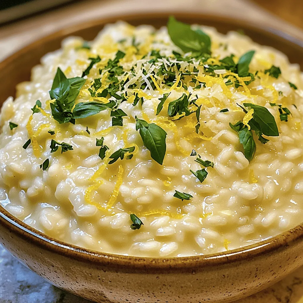 To make this creamy lemon herb risotto, you need: - 1 cup Arborio rice - 4 cups vegetable broth - 1 small onion, finely chopped - 2 cloves garlic, minced - 1/2 cup heavy cream - 1 lemon (zested and juiced) - 1/2 cup grated Parmesan cheese - 2 tablespoons olive oil - 1 tablespoon unsalted butter - Fresh herbs (such as parsley, thyme, and basil), roughly chopped - Salt and pepper to taste If you have dietary needs, here are some great swaps: - Use vegetable broth to keep it vegan. - Choose coconut cream instead of heavy cream for a dairy-free option. - For a nut-free choice, skip the Parmesan or use a nut-free cheese. - Replace Arborio rice with quinoa for a gluten-free meal. You’ll need a few simple tools to make this dish: - A large skillet for cooking the risotto. - A medium saucepan for warming the broth. - A ladle for adding broth to the rice. - A wooden spoon for stirring. - A zester or grater for the lemon. - A sharp knife and cutting board for chopping. These tools will help you create a smooth and creamy risotto. Enjoy the process and have fun cooking! Start by warming the vegetable broth in a medium saucepan. Heat it over medium heat until it gets hot. Do not let it boil. Once it’s hot, lower the heat to keep it warm. This step is important because warm broth helps the rice cook evenly. In a large skillet, pour in the olive oil and add the unsalted butter. Turn the heat to medium and let the butter melt. Then, add the finely chopped onion. Sauté it for about 3-4 minutes. You want the onion to become soft and clear. Next, add the minced garlic. Sauté for one more minute. This adds a nice flavor to your dish. Now it is time to add the Arborio rice. Stir the rice in the skillet. Coat the grains well with the oil and butter. This helps the rice become creamy as it cooks. Begin adding the warm broth, one ladle at a time. Stir the rice as it soaks up the broth. Wait until most of the liquid is gone before adding more. Continue this for about 18-20 minutes. The rice should be creamy and firm to the bite. To get a creamy risotto, start with Arborio rice. This rice has a high starch content, which helps make the dish rich. Toast the rice in olive oil and butter. This step enhances the flavor and texture. As you cook, add the warm broth slowly. Stir it often. This stirs the starch out, creating that lovely creaminess. One common mistake is adding too much broth at once. Always add it one ladle at a time. Let the rice soak up the liquid before adding more. Another mistake is not stirring enough. Stirring is key to a creamy risotto. Lastly, avoid skipping the cheese. Parmesan adds great flavor and creaminess. Boost the flavor with fresh herbs like parsley, thyme, or basil. Add them at the end for a bright taste. Lemon zest and juice give a fresh kick, balancing the creaminess. For a richer flavor, consider adding a splash of white wine when you start cooking the rice. This adds depth and complexity to your dish. {{image_4}} You can change up the herbs in your risotto. Try using fresh dill for a bright taste. Oregano adds a warm, earthy flavor. You might also enjoy using chives for a mild onion taste. Mixing herbs adds depth to your dish. Just remember to chop them roughly, so they remain visible. Adding proteins to risotto makes it heartier. Cooked chicken adds a nice texture and flavor. You can use grilled or sautéed shrimp for a seafood twist. Just add them in during the last few minutes of cooking. This helps them warm through without overcooking. Tofu is another great option for a plant-based protein. For a vegetarian risotto, skip the Parmesan cheese. You can use nutritional yeast for a cheesy flavor. Use vegetable broth as your base, which is already vegan-friendly. If you want a rich taste, try coconut cream instead of heavy cream. It adds a unique flavor while keeping it creamy. Feel free to mix and match these ideas to make your risotto unique and delicious! After enjoying your creamy lemon herb risotto, store any leftovers in an airtight container. Make sure to let the risotto cool down before sealing it. This step helps keep moisture in check. Properly stored, the risotto will last for up to three days in the fridge. Remember to label your container with the date, so you know when to use it. When it's time to eat again, you can reheat the risotto on the stove or in the microwave. For the stovetop, add a splash of broth or water to the risotto in a pan. Heat over low to medium heat, stirring often until warm. If using a microwave, place the risotto in a bowl. Add a little broth or water and cover it. Heat in short bursts, stirring in between, until it’s hot. This keeps it creamy and tasty. You can freeze creamy lemon herb risotto, but the texture may change. If you want to freeze it, let it cool completely first. Portion it into freezer-safe bags or containers. Squeeze out as much air as possible before sealing. Frozen risotto can last up to three months. To use, thaw it in the fridge overnight, then reheat as explained above. The flavors will still shine through, but it may not be as creamy. Yes, you can make risotto ahead of time. However, it is best fresh. If you make it early, store it in an airtight container. Keep it in the fridge for up to two days. When you reheat, add a little broth to regain creaminess. Arborio rice is the best choice for risotto. This rice has a high starch content. It helps create the creamy texture we love. Other options include Carnaroli and Vialone Nano. Both also work well for risotto. To boost the flavor of your risotto, use homemade broth if possible. You can also add a splash of white wine during cooking. Fresh herbs, like parsley and thyme, add bright notes. Lastly, finish with a squeeze of lemon juice for a fresh taste. In this blog post, we explored the key ingredients, step-by-step cooking methods, and useful tips for making delicious risotto. You learned about dietary substitutions and essential tools to use. We shared ways to achieve that creamy texture and avoid common mistakes. Plus, we covered variations to suit every palate and how to store leftovers effectively. Risotto is a versatile dish that can suit anyone’s taste. With these insights, you can create a perfect risotto every time. Happy cooking!
