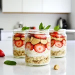 - 1 cup rolled oats - 1 cup almond milk (or milk of your choice) - 1 cup Greek yogurt The base of this recipe is simple and healthy. Rolled oats give you fiber and energy. You can choose almond milk or any milk you like. Greek yogurt adds creaminess and protein. - 1 tablespoon honey or maple syrup - 1 teaspoon vanilla extract To sweeten, you can use honey or maple syrup. Both add a nice touch. A splash of vanilla extract brings warmth and flavor. Adjust the sweetness to your liking for the best taste. - 1 cup fresh strawberries, hulled and sliced - 1/4 cup crushed graham crackers - Fresh mint leaves for garnish (optional) Fresh strawberries are the star of this dish. They add natural sweetness and color. Crushed graham crackers give a fun crunch, like shortcake. If you want, add mint leaves for a fresh finish. First, take a medium mixing bowl. Combine 1 cup of rolled oats, 1 cup of almond milk, and 1 cup of Greek yogurt. You can choose vanilla yogurt for extra sweetness or plain if you like. Add 1 tablespoon of honey or maple syrup, depending on your sweetness preference. Don't forget to include 1 teaspoon of vanilla extract and a pinch of salt. Mix everything well with a whisk or spoon until it looks smooth. Next, grab 1 cup of fresh strawberries. Hull and slice them up. Carefully add half of the sliced strawberries into your oat mixture. Use a spatula to gently fold them in. This step helps the oats soak up that sweet strawberry flavor while keeping the fruit intact. Now it's time to layer! Distribute the oat mixture into two jars or containers. On top of each serving, layer the remaining sliced strawberries for a colorful look. Sprinkle 1/4 cup of crushed graham crackers over the strawberry layers. This topping gives it that classic shortcake feel. Secure the lids on your jars and place them in the fridge. Let them soak for at least 4 hours, or better yet, overnight. This soaking time allows the oats to soften and absorb all the flavors. Soaking your oats is key. It softens them, making the oats creamy by morning. I suggest letting them soak for at least 4 hours, but overnight is best. This gives the oats time to absorb all the liquid and flavors. If you find the oats too thick, just add a splash of almond milk. Stir well to get the right creaminess. Feel free to swap ingredients based on your needs. You can use dairy-free yogurt for a vegan option. Use any milk you like, such as coconut or oat milk. For a crunchy twist, add some chopped nuts or seeds just before eating. Almonds, walnuts, or chia seeds work great! Make your oats look as good as they taste. Layer the oats with fresh strawberries in clear jars. This shows off the vibrant colors. Finish with a sprinkle of crushed graham crackers on top. Add fresh mint leaves for a pop of color and a fresh taste. These small touches make your breakfast feel special! {{image_4}} You can easily swap strawberries for other berries or fruits. Blueberries, raspberries, or peaches work great. Each fruit brings a new taste. For example, blueberries add a sweet burst. Raspberries bring a mild tartness. You can even try bananas for a creamy texture. Each combination makes your overnight oats unique and fun. If you're looking for different sweeteners, consider agave or stevia. Agave has a light taste and is great for drizzling. Stevia is very sweet, so use it sparingly. You can adjust the sweetness based on your taste. This way, you can find what makes your oats perfect for you. Making this dish vegan is simple. Just use plant-based yogurt and almond milk. Coconut yogurt adds a rich flavor. You can also try oat milk for a nut-free option. These swaps keep your overnight oats creamy and delicious. You won't miss the dairy at all. Experiment with these options to find your favorite mix! You can store your strawberry shortcake overnight oats in the fridge for up to three days. This makes it perfect for meal prep. Just keep them sealed in jars or airtight containers. The flavors will blend and taste even better over time, but be sure to check for freshness before enjoying. If you want to keep your oats longer, you can freeze them. Just prepare the oats as usual but skip the fresh strawberries and graham crackers for now. Pour the oats into freezer-safe containers, leaving some space for expansion. Seal them tightly and label with the date. They can last for up to three months in the freezer. To enjoy your frozen oats, move them to the fridge a day before you plan to eat them. This will help them thaw slowly. If you need them quickly, you can microwave them in 30-second intervals. Add a splash of almond milk after thawing to restore creaminess. Mix in fresh strawberries and graham crackers just before serving for that fresh taste! Yes, you can make this recipe vegan! To do this, swap Greek yogurt with plant-based yogurt. Use almond milk or any nut milk instead of dairy milk. For sweetening, choose maple syrup, which is vegan-friendly. These changes keep the flavor rich and creamy while being kind to the planet. Overnight oats last up to five days in the fridge. Keep them in airtight jars or containers to stay fresh. Just remember, the sooner you eat them, the better they taste. If you see any changes in smell or texture, it's best to toss them. You can use instant oats, but the texture will be different. Instant oats absorb liquid quickly and may become mushy. Rolled oats, however, keep a nice chewiness. Stick with rolled oats for the best bite and flavor. If you prefer instant oats, reduce soaking time to a few hours. This post reviewed how to make delicious strawberry shortcake overnight oats. We covered base ingredients like oats, almond milk, and yogurt. We added sweeteners, fresh strawberries, and toppings for flavor and fun. I shared tips for texture, customizations, and even variations for dietary needs. Lastly, storage info ensures you enjoy your oats longer. Keep experimenting with flavors and textures. You’ll find the perfect combination for your taste!