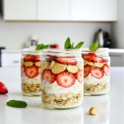 - 1 cup rolled oats - 1 cup almond milk (or milk of your choice) - 1 cup Greek yogurt The base of this recipe is simple and healthy. Rolled oats give you fiber and energy. You can choose almond milk or any milk you like. Greek yogurt adds creaminess and protein. - 1 tablespoon honey or maple syrup - 1 teaspoon vanilla extract To sweeten, you can use honey or maple syrup. Both add a nice touch. A splash of vanilla extract brings warmth and flavor. Adjust the sweetness to your liking for the best taste. - 1 cup fresh strawberries, hulled and sliced - 1/4 cup crushed graham crackers - Fresh mint leaves for garnish (optional) Fresh strawberries are the star of this dish. They add natural sweetness and color. Crushed graham crackers give a fun crunch, like shortcake. If you want, add mint leaves for a fresh finish. First, take a medium mixing bowl. Combine 1 cup of rolled oats, 1 cup of almond milk, and 1 cup of Greek yogurt. You can choose vanilla yogurt for extra sweetness or plain if you like. Add 1 tablespoon of honey or maple syrup, depending on your sweetness preference. Don't forget to include 1 teaspoon of vanilla extract and a pinch of salt. Mix everything well with a whisk or spoon until it looks smooth. Next, grab 1 cup of fresh strawberries. Hull and slice them up. Carefully add half of the sliced strawberries into your oat mixture. Use a spatula to gently fold them in. This step helps the oats soak up that sweet strawberry flavor while keeping the fruit intact. Now it's time to layer! Distribute the oat mixture into two jars or containers. On top of each serving, layer the remaining sliced strawberries for a colorful look. Sprinkle 1/4 cup of crushed graham crackers over the strawberry layers. This topping gives it that classic shortcake feel. Secure the lids on your jars and place them in the fridge. Let them soak for at least 4 hours, or better yet, overnight. This soaking time allows the oats to soften and absorb all the flavors. Soaking your oats is key. It softens them, making the oats creamy by morning. I suggest letting them soak for at least 4 hours, but overnight is best. This gives the oats time to absorb all the liquid and flavors. If you find the oats too thick, just add a splash of almond milk. Stir well to get the right creaminess. Feel free to swap ingredients based on your needs. You can use dairy-free yogurt for a vegan option. Use any milk you like, such as coconut or oat milk. For a crunchy twist, add some chopped nuts or seeds just before eating. Almonds, walnuts, or chia seeds work great! Make your oats look as good as they taste. Layer the oats with fresh strawberries in clear jars. This shows off the vibrant colors. Finish with a sprinkle of crushed graham crackers on top. Add fresh mint leaves for a pop of color and a fresh taste. These small touches make your breakfast feel special! {{image_4}} You can easily swap strawberries for other berries or fruits. Blueberries, raspberries, or peaches work great. Each fruit brings a new taste. For example, blueberries add a sweet burst. Raspberries bring a mild tartness. You can even try bananas for a creamy texture. Each combination makes your overnight oats unique and fun. If you're looking for different sweeteners, consider agave or stevia. Agave has a light taste and is great for drizzling. Stevia is very sweet, so use it sparingly. You can adjust the sweetness based on your taste. This way, you can find what makes your oats perfect for you. Making this dish vegan is simple. Just use plant-based yogurt and almond milk. Coconut yogurt adds a rich flavor. You can also try oat milk for a nut-free option. These swaps keep your overnight oats creamy and delicious. You won't miss the dairy at all. Experiment with these options to find your favorite mix! You can store your strawberry shortcake overnight oats in the fridge for up to three days. This makes it perfect for meal prep. Just keep them sealed in jars or airtight containers. The flavors will blend and taste even better over time, but be sure to check for freshness before enjoying. If you want to keep your oats longer, you can freeze them. Just prepare the oats as usual but skip the fresh strawberries and graham crackers for now. Pour the oats into freezer-safe containers, leaving some space for expansion. Seal them tightly and label with the date. They can last for up to three months in the freezer. To enjoy your frozen oats, move them to the fridge a day before you plan to eat them. This will help them thaw slowly. If you need them quickly, you can microwave them in 30-second intervals. Add a splash of almond milk after thawing to restore creaminess. Mix in fresh strawberries and graham crackers just before serving for that fresh taste! Yes, you can make this recipe vegan! To do this, swap Greek yogurt with plant-based yogurt. Use almond milk or any nut milk instead of dairy milk. For sweetening, choose maple syrup, which is vegan-friendly. These changes keep the flavor rich and creamy while being kind to the planet. Overnight oats last up to five days in the fridge. Keep them in airtight jars or containers to stay fresh. Just remember, the sooner you eat them, the better they taste. If you see any changes in smell or texture, it's best to toss them. You can use instant oats, but the texture will be different. Instant oats absorb liquid quickly and may become mushy. Rolled oats, however, keep a nice chewiness. Stick with rolled oats for the best bite and flavor. If you prefer instant oats, reduce soaking time to a few hours. This post reviewed how to make delicious strawberry shortcake overnight oats. We covered base ingredients like oats, almond milk, and yogurt. We added sweeteners, fresh strawberries, and toppings for flavor and fun. I shared tips for texture, customizations, and even variations for dietary needs. Lastly, storage info ensures you enjoy your oats longer. Keep experimenting with flavors and textures. You’ll find the perfect combination for your taste!